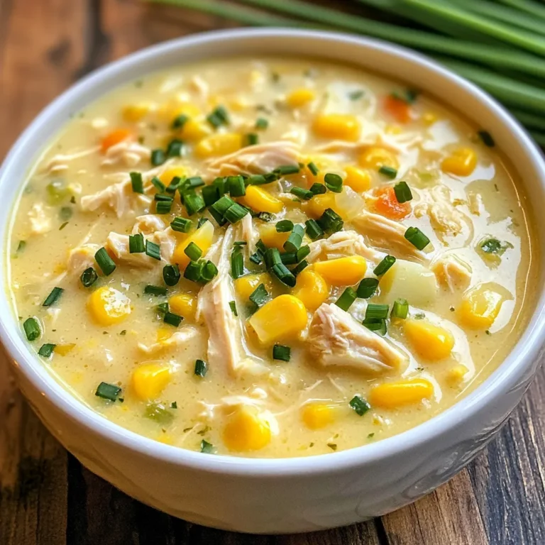 - 1 lb boneless, skinless chicken breasts - 4 cups corn (frozen or fresh) - 3 medium potatoes, diced - 1 small onion, diced - 2 cloves garlic, minced For this chowder, the main ingredients are simple but full of flavor. The chicken breasts add protein and a nice bite. Corn brings sweetness and a hint of crunch. Potatoes make the chowder hearty and filling. Onion and garlic give a warm base for the dish. - 3 cups chicken broth - 1 cup heavy cream or coconut milk - 1 tablespoon olive oil - 1 teaspoon smoked paprika - 1 teaspoon dried thyme - Salt and pepper to taste The chicken broth is key for a rich flavor. You can choose heavy cream for a creamy texture or coconut milk for a lighter feel. Olive oil helps sauté the onions and garlic. Smoked paprika adds a nice depth, while thyme gives a hint of earthiness. Don’t forget salt and pepper to make it all pop! - Fresh chives, chopped Fresh chives are the perfect garnish. They add a bright color and a mild onion flavor. Sprinkle them on top just before serving for a fresh touch. {{ingredient_image_1}} To start, season your boneless chicken breasts. Use salt, pepper, and smoked paprika. This adds a nice flavor to the chicken. Set the seasoned chicken aside while you prepare the rest. Next, heat olive oil in a skillet over medium heat. Add the diced onion and minced garlic. Cook these for about 3 to 4 minutes, or until the onion turns soft and clear. This step builds great flavor for your chowder. In your crockpot, layer the sautéed onions and garlic with the corn and diced potatoes. Place the seasoned chicken on top. Pour in the chicken broth and sprinkle dried thyme over everything. Stir gently to mix all the ingredients. Now, cover the crockpot. You can set it to cook on low for 6 to 7 hours or on high for 3 to 4 hours. The chicken should be cooked through, and the potatoes should be soft when it’s done. Once cooked, take the chicken out of the crockpot. Use two forks to shred the chicken into small pieces. This makes it easy to mix back into the chowder. Then, return the shredded chicken to the pot. Finally, add the heavy cream or coconut milk to the crockpot. Stir everything together well. Let it cook for an extra 15 to 30 minutes on low. This helps the flavors blend nicely. Taste your chowder and adjust the salt and pepper as needed. To make your chowder taste great, focus on seasoning. Start by seasoning the chicken with salt, pepper, and smoked paprika. This adds depth right from the start. The sautéed onion and garlic also play a big role. Cook them until the onion turns soft and clear. This extra step helps to release their flavors. Once combined in the crockpot, adjust the seasoning again at the end. Taste and add more salt or pepper if needed. Fresh chives on top add a nice touch. Creaminess is key for a good chowder. Use heavy cream for a rich, smooth texture, or coconut milk for a lighter option. Add the cream towards the end of cooking. This keeps it from curdling. Stir it well after adding to blend all the flavors. For a thicker chowder, mash some of the potatoes before serving. This method creates a lovely, creamy base without needing flour. Cooking times can change based on your crockpot model. If using the low setting, aim for 6-7 hours. For the high setting, 3-4 hours works well. Always check the chicken for doneness. Shred the chicken and return it to the pot. If you need more time, let it cook longer. The chowder will only get better as the flavors blend. Adjust the time based on how soft you want your potatoes. Pro Tips Use Fresh Ingredients: Whenever possible, opt for fresh corn and herbs to enhance the flavor of your chowder. Customize Your Cream: For a lighter option, substitute heavy cream with half-and-half or plain yogurt for a tangy twist. Make It Spicy: Add diced jalapeños or a dash of cayenne pepper to the chowder for an extra kick. Chill and Store: This chowder tastes even better the next day, so make it ahead of time and store it in the fridge for enhanced flavors. {{image_2}} You can change the main protein in this chowder. Turkey works well if you want a lighter dish. For a vegetarian option, try using tofu or chickpeas. Swap out the potatoes for sweet potatoes to add a touch of sweetness. You can also use different vegetables like carrots or bell peppers for extra color and nutrition. Spices can transform your chowder. Try adding cumin for warmth or cayenne for heat. Fresh herbs like parsley or cilantro can add brightness. A squeeze of lime juice at the end gives a fresh twist. If you love smokiness, consider adding more smoked paprika. Experiment with flavors to find what you enjoy most. For a gluten-free version, ensure your broth is certified gluten-free. Coconut milk is a great swap for heavy cream to make it dairy-free. You can also use almond milk for a lighter feel. If you're low-carb, skip the potatoes and add more corn or cauliflower for texture. These swaps keep the dish tasty while fitting your needs. To store your leftover chowder, let it cool first. Then, place it in an airtight container. This keeps it fresh and tasty. You can keep it in the fridge for up to three days. When you want to eat it, just reheat it on the stove or in the microwave. Stir well to make sure it heats evenly. If you want to save the chowder for later, freezing is a great option. Pour the cooled chowder into freezer-safe bags or containers. Leave some space at the top for the chowder to expand. You can freeze it for up to three months. To reheat, let it thaw in the fridge overnight. Then, warm it on the stove over medium heat, stirring often. Add a splash of broth or water if it seems too thick. Crockpot Chicken Corn Chowder lasts well in storage. In the fridge, it stays good for about three days. If you freeze it, it can last up to three months. However, for the best taste, eat it within a month. Always check for changes in smell or color before you eat. If anything seems off, it's best to toss it out. Yes, you can use other meats! Turkey works well as a substitute for chicken. It has a similar texture and flavor. If you want a plant-based option, try using tofu. Firm tofu holds up nicely in the chowder. Simply cube it and add it in the same way as chicken. Both options will make the dish tasty and satisfying. There are many great sides to enjoy with this chowder! Here are some ideas: - Crusty bread: A slice of sourdough or baguette is perfect for dipping. - Salad: A fresh green salad adds a nice crunch. - Cornbread: Sweet cornbread pairs well with the savory chowder. - Pickles: A side of pickles gives some zest and brightness. These sides will enhance your meal and provide balance to the rich chowder. To add heat to your chowder, consider these options: - Cayenne pepper: Start with a pinch and add more to taste. - Jalapeños: Fresh or pickled jalapeños add a nice kick. - Hot sauce: A splash of your favorite hot sauce can boost the spice level. - Red pepper flakes: Sprinkle some on top before serving for extra heat. Each option offers a different level of spice. Choose what fits your taste! In this blog post, we explored a tasty Crockpot Chicken Corn Chowder. I shared the main ingredients, like chicken, corn, and potatoes, along with the seasonings that bring it to life. The step-by-step instructions ensure that you can easily follow along. I also gave tips for flavor, texture, and storage. Overall, you can make this dish your own with variations. Enjoy experimenting with ingredients and flavors. This chowder is perfect for meals not just on a chilly night, but all year long.