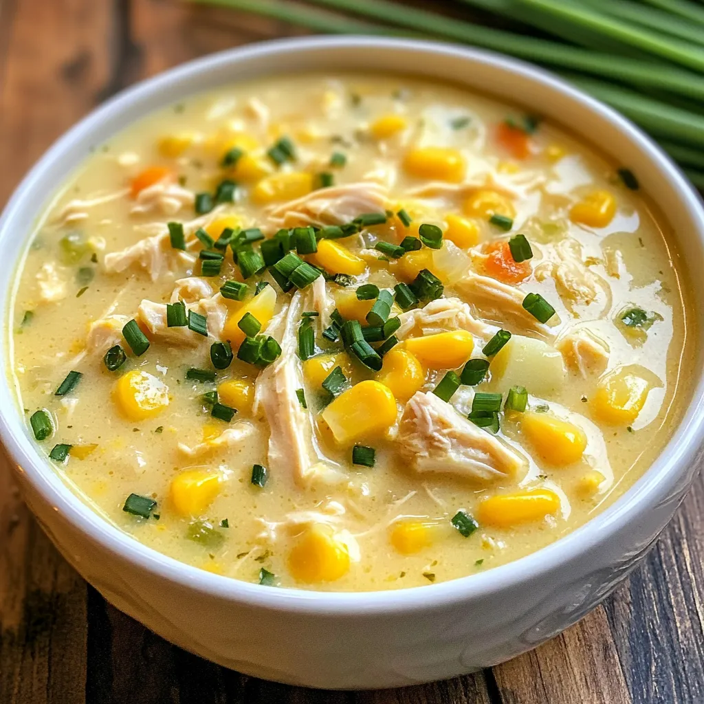 - 1 lb boneless, skinless chicken breasts - 4 cups corn (frozen or fresh) - 3 medium potatoes, diced - 1 small onion, diced - 2 cloves garlic, minced For this chowder, the main ingredients are simple but full of flavor. The chicken breasts add protein and a nice bite. Corn brings sweetness and a hint of crunch. Potatoes make the chowder hearty and filling. Onion and garlic give a warm base for the dish. - 3 cups chicken broth - 1 cup heavy cream or coconut milk - 1 tablespoon olive oil - 1 teaspoon smoked paprika - 1 teaspoon dried thyme - Salt and pepper to taste The chicken broth is key for a rich flavor. You can choose heavy cream for a creamy texture or coconut milk for a lighter feel. Olive oil helps sauté the onions and garlic. Smoked paprika adds a nice depth, while thyme gives a hint of earthiness. Don’t forget salt and pepper to make it all pop! - Fresh chives, chopped Fresh chives are the perfect garnish. They add a bright color and a mild onion flavor. Sprinkle them on top just before serving for a fresh touch. {{ingredient_image_1}} To start, season your boneless chicken breasts. Use salt, pepper, and smoked paprika. This adds a nice flavor to the chicken. Set the seasoned chicken aside while you prepare the rest. Next, heat olive oil in a skillet over medium heat. Add the diced onion and minced garlic. Cook these for about 3 to 4 minutes, or until the onion turns soft and clear. This step builds great flavor for your chowder. In your crockpot, layer the sautéed onions and garlic with the corn and diced potatoes. Place the seasoned chicken on top. Pour in the chicken broth and sprinkle dried thyme over everything. Stir gently to mix all the ingredients. Now, cover the crockpot. You can set it to cook on low for 6 to 7 hours or on high for 3 to 4 hours. The chicken should be cooked through, and the potatoes should be soft when it’s done. Once cooked, take the chicken out of the crockpot. Use two forks to shred the chicken into small pieces. This makes it easy to mix back into the chowder. Then, return the shredded chicken to the pot. Finally, add the heavy cream or coconut milk to the crockpot. Stir everything together well. Let it cook for an extra 15 to 30 minutes on low. This helps the flavors blend nicely. Taste your chowder and adjust the salt and pepper as needed. To make your chowder taste great, focus on seasoning. Start by seasoning the chicken with salt, pepper, and smoked paprika. This adds depth right from the start. The sautéed onion and garlic also play a big role. Cook them until the onion turns soft and clear. This extra step helps to release their flavors. Once combined in the crockpot, adjust the seasoning again at the end. Taste and add more salt or pepper if needed. Fresh chives on top add a nice touch. Creaminess is key for a good chowder. Use heavy cream for a rich, smooth texture, or coconut milk for a lighter option. Add the cream towards the end of cooking. This keeps it from curdling. Stir it well after adding to blend all the flavors. For a thicker chowder, mash some of the potatoes before serving. This method creates a lovely, creamy base without needing flour. Cooking times can change based on your crockpot model. If using the low setting, aim for 6-7 hours. For the high setting, 3-4 hours works well. Always check the chicken for doneness. Shred the chicken and return it to the pot. If you need more time, let it cook longer. The chowder will only get better as the flavors blend. Adjust the time based on how soft you want your potatoes. Pro Tips Use Fresh Ingredients: Whenever possible, opt for fresh corn and herbs to enhance the flavor of your chowder. Customize Your Cream: For a lighter option, substitute heavy cream with half-and-half or plain yogurt for a tangy twist. Make It Spicy: Add diced jalapeños or a dash of cayenne pepper to the chowder for an extra kick. Chill and Store: This chowder tastes even better the next day, so make it ahead of time and store it in the fridge for enhanced flavors. {{image_2}} You can change the main protein in this chowder. Turkey works well if you want a lighter dish. For a vegetarian option, try using tofu or chickpeas. Swap out the potatoes for sweet potatoes to add a touch of sweetness. You can also use different vegetables like carrots or bell peppers for extra color and nutrition. Spices can transform your chowder. Try adding cumin for warmth or cayenne for heat. Fresh herbs like parsley or cilantro can add brightness. A squeeze of lime juice at the end gives a fresh twist. If you love smokiness, consider adding more smoked paprika. Experiment with flavors to find what you enjoy most. For a gluten-free version, ensure your broth is certified gluten-free. Coconut milk is a great swap for heavy cream to make it dairy-free. You can also use almond milk for a lighter feel. If you're low-carb, skip the potatoes and add more corn or cauliflower for texture. These swaps keep the dish tasty while fitting your needs. To store your leftover chowder, let it cool first. Then, place it in an airtight container. This keeps it fresh and tasty. You can keep it in the fridge for up to three days. When you want to eat it, just reheat it on the stove or in the microwave. Stir well to make sure it heats evenly. If you want to save the chowder for later, freezing is a great option. Pour the cooled chowder into freezer-safe bags or containers. Leave some space at the top for the chowder to expand. You can freeze it for up to three months. To reheat, let it thaw in the fridge overnight. Then, warm it on the stove over medium heat, stirring often. Add a splash of broth or water if it seems too thick. Crockpot Chicken Corn Chowder lasts well in storage. In the fridge, it stays good for about three days. If you freeze it, it can last up to three months. However, for the best taste, eat it within a month. Always check for changes in smell or color before you eat. If anything seems off, it's best to toss it out. Yes, you can use other meats! Turkey works well as a substitute for chicken. It has a similar texture and flavor. If you want a plant-based option, try using tofu. Firm tofu holds up nicely in the chowder. Simply cube it and add it in the same way as chicken. Both options will make the dish tasty and satisfying. There are many great sides to enjoy with this chowder! Here are some ideas: - Crusty bread: A slice of sourdough or baguette is perfect for dipping. - Salad: A fresh green salad adds a nice crunch. - Cornbread: Sweet cornbread pairs well with the savory chowder. - Pickles: A side of pickles gives some zest and brightness. These sides will enhance your meal and provide balance to the rich chowder. To add heat to your chowder, consider these options: - Cayenne pepper: Start with a pinch and add more to taste. - Jalapeños: Fresh or pickled jalapeños add a nice kick. - Hot sauce: A splash of your favorite hot sauce can boost the spice level. - Red pepper flakes: Sprinkle some on top before serving for extra heat. Each option offers a different level of spice. Choose what fits your taste! In this blog post, we explored a tasty Crockpot Chicken Corn Chowder. I shared the main ingredients, like chicken, corn, and potatoes, along with the seasonings that bring it to life. The step-by-step instructions ensure that you can easily follow along. I also gave tips for flavor, texture, and storage. Overall, you can make this dish your own with variations. Enjoy experimenting with ingredients and flavors. This chowder is perfect for meals not just on a chilly night, but all year long.