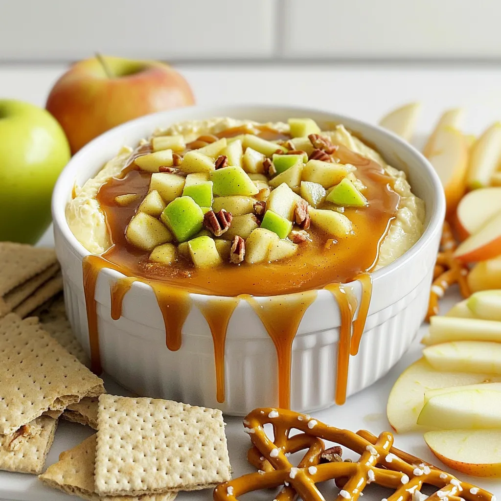 To make this caramel apple cheesecake dip, you will need: - 8 oz cream cheese, softened - 1 cup powdered sugar - 1 teaspoon vanilla extract - 1 cup sour cream - 1/2 cup caramel sauce (store-bought or homemade) - 1 medium apple, diced (Granny Smith or Honeycrisp) - 1/2 teaspoon cinnamon - 1/4 cup chopped pecans or walnuts (optional) You can add more flavor to your dip with these options: - A pinch of nutmeg for warmth - A splash of lemon juice to brighten the taste - A handful of mini chocolate chips for sweetness For the best experience, serve this dip with: - Graham crackers for a crunchy bite - Fresh apple slices that match the dip - Pretzel sticks for a salty contrast 1. Start by softening 8 oz of cream cheese. You want it creamy. 2. Place the cream cheese in a mixing bowl. 3. Use an electric mixer to beat the cream cheese until smooth. 4. Gradually add 1 cup of powdered sugar. Keep mixing until it blends well. 5. Next, stir in 1 teaspoon of vanilla extract. 6. Add 1 cup of sour cream. Mix until the dip is smooth and creamy. 7. Dice 1 medium apple into small pieces. Granny Smith or Honeycrisp works great. 8. Gently fold the diced apple and 1/2 teaspoon of cinnamon into the mixture. 9. Transfer the dip to a serving bowl. 10. Drizzle 1/2 cup of caramel sauce over the top. Let it flow down the sides. 11. If you like, sprinkle 1/4 cup of chopped pecans or walnuts on top. 12. Serve with graham crackers, apple slices, or pretzel sticks for dipping. - Use a festive bowl for the dip to make it pop. - Top with extra caramel and diced apples for a nice look. - Arrange your dipping options around the bowl for an inviting display. To make a great cheesecake dip, start with softened cream cheese. This helps it mix smoothly. Use a hand mixer to blend the cream cheese and powdered sugar. Mix until it is creamy and smooth. Add the vanilla extract and sour cream next. These ingredients add flavor and creaminess. When adding the diced apple, choose a tart apple like Granny Smith. The tartness balances the sweetness of the caramel. If you like crunch, sprinkle chopped nuts on top. Pecans or walnuts work well. One common mistake is not softening the cream cheese. Cold cream cheese is hard to mix. Another mistake is adding too much caramel. Too much can make the dip too sweet. Make sure to measure the caramel sauce. Avoid over-mixing the dip after adding the apple. You want to keep some texture. Lastly, don’t forget to taste your dip. Adjust the cinnamon or sweetness to your liking. Making homemade caramel sauce is easy and fun. Start with simple ingredients: sugar, butter, and cream. In a saucepan, heat one cup of sugar over medium heat. Stir it until it melts and turns golden brown. Next, add 6 tablespoons of butter. Stir until it melts completely. Then, slowly pour in 1/2 cup of cream. Be careful, as it may bubble up. Stir until smooth. Let it cool before using in your dip. Homemade caramel adds a rich flavor that elevates your cheesecake dip. {{image_2}} You can change the flavor of your caramel apple cheesecake dip. Here are some ideas: - Chocolate Chips: Add mini chocolate chips for a sweet twist. - Toffee Bits: Mix in toffee bits for extra crunch and flavor. - Pumpkin Spice: Use pumpkin spice instead of cinnamon for a fall taste. - Maple Syrup: Swap caramel for maple syrup for a unique flavor. These options can make your dip fun and exciting. Try different combinations to find your favorite one! The type of apple you choose can change the taste. Here are some great options: - Granny Smith: Tart and crisp, perfect for balance. - Honeycrisp: Sweet and juicy, adds a nice flavor. - Fuji: Very sweet and crunchy, a great choice for kids. - Gala: Mildly sweet, good for a softer texture. Experiment with different apples to see which you like best! If you need a nut-free or dairy-free dip, you can still enjoy it. Here’s how: - Cream Cheese Substitute: Use a dairy-free cream cheese alternative. - Sour Cream Alternative: Swap sour cream for coconut yogurt. - Nut-Free Toppings: Skip the nuts or use seeds like sunflower seeds. These changes can help you create a dip that fits your dietary needs. Enjoy every bite! To store leftovers, place the dip in an airtight container. Make sure to cover it well. This keeps it fresh and tasty. You can store it in the fridge. The cool air helps it stay good. You can freeze this dip, but it's best to avoid it if possible. Freezing changes the texture. If you freeze it, use a freezer-safe container. Make sure to seal it tightly. When ready to eat, let it thaw in the fridge. Stir well before serving again. In the fridge, this dip lasts about 3 to 5 days. Always check for any off smell or change in color. If it looks or smells bad, throw it out. Keeping it in a sealed container helps it stay fresh longer. Yes, you can make this dip ahead of time. I suggest preparing it a day in advance. This will allow the flavors to blend well together. Just store it in the fridge in an airtight container. Before serving, drizzle with caramel and add fresh apples for a nice look. If you want a different option, try Greek yogurt. It provides a creamy texture and a tangy taste. Cottage cheese also works well if you blend it smooth. These swaps may change the flavor a bit, but they keep the dip yummy. To make this dip healthier, use low-fat cream cheese or Greek yogurt. You can also reduce the powdered sugar or use a sugar substitute. Adding more diced apples can boost fiber and flavor. For a nut-free version, skip the nuts and focus on using fresh fruits for dipping. We covered all you need for a great cheesecake dip. You learned about key ingredients, optional flavor add-ins, and tasty dipping options. Following the step-by-step instructions ensures the best results. Remember the tips to avoid common mistakes and try out different variations for fun new flavors. Store leftovers properly for future enjoyment. So, grab your apples and enjoy this delicious dip with family and friends!