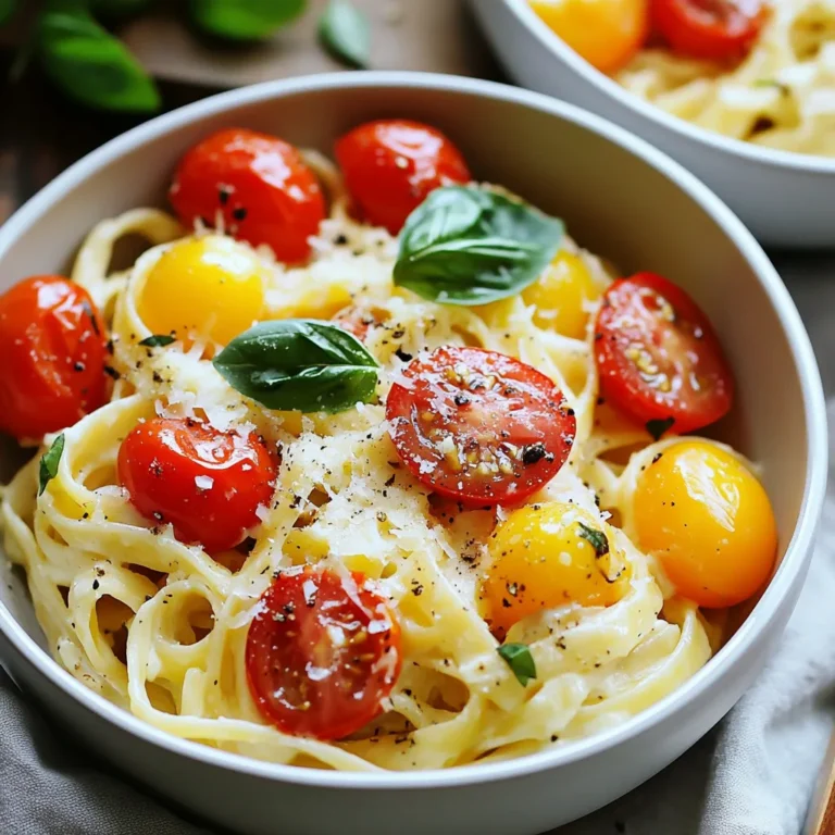 - 12 oz pasta (fettuccine or penne) - 2 cups cherry tomatoes, halved - 1 cup fresh ricotta cheese - 2 cloves garlic, minced - 1 tablespoon olive oil - 1 tablespoon balsamic vinegar - 1 teaspoon dried basil - 1 teaspoon dried oregano - Salt and pepper to taste - Fresh basil leaves for garnish - Grated parmesan cheese for serving When I create creamy tomato ricotta pasta, I focus on fresh and simple ingredients. The pasta is the base. You can use fettuccine or penne, which both hold the sauce well. I prefer cherry tomatoes for their sweet flavor. They add a burst of freshness to the dish. For the creamy part, fresh ricotta cheese is key. It gives a rich texture and taste. I add garlic for depth. Olive oil brings everything together, while balsamic vinegar adds a tangy kick. Herbs like dried basil and oregano enhance the flavor. Salt and pepper are important for balance. Finally, fresh basil leaves brighten the dish, and grated parmesan adds a savory finish. This combination creates a meal that is both easy and delicious. It captures the essence of Italian cooking while being quick to prepare. You will enjoy making this dish as much as you will enjoy eating it! {{ingredient_image_1}} 1. Start by boiling a large pot of salted water. 2. Add 12 oz of pasta, like fettuccine or penne. 3. Cook according to package instructions until al dente. 4. Drain the pasta and set it aside. 1. In a large skillet, heat 1 tablespoon of olive oil over medium heat. 2. Add 2 minced garlic cloves and sauté for about 1 minute. 3. Be careful not to burn the garlic; it should smell fragrant. 4. Now, add 2 cups of halved cherry tomatoes to the skillet. 5. Sprinkle in salt, pepper, 1 teaspoon of dried basil, and 1 teaspoon of dried oregano. 6. Cook for 5 to 7 minutes, until the tomatoes soften and release juices. 7. Stir in 1 tablespoon of balsamic vinegar and remove from heat. 1. In a mixing bowl, combine the cooked pasta with the sautéed tomatoes. 2. Add in 1 cup of fresh ricotta cheese. 3. Toss everything gently until the pasta is fully coated and creamy. 4. Taste and adjust seasoning with more salt and pepper if needed. Enjoy this easy and flavorful creamy tomato ricotta pasta! To boost the taste of your creamy tomato ricotta pasta, fresh herbs work wonders. Try adding: - Fresh basil: It adds a sweet and aromatic touch. - Fresh parsley: This brings a bright flavor and a splash of color. You can also play with seasonings. Consider using: - Red pepper flakes for some heat. - A splash of lemon juice for brightness. - Spinach or kale for added nutrition and color. Achieving a creamy consistency is key. Here are some tips: - Use high-quality ricotta cheese; it makes a big difference. - Mix the ricotta with a bit of pasta water for smoothness. When choosing pasta, I recommend: - Fettuccine for a flat, saucy embrace. - Penne for the perfect bite and sauce-holding ability. Serving your pasta well makes it even more inviting. Here are my favorite ideas: - Use shallow bowls for a beautiful display. - Drizzle a bit of olive oil on top for shine. - Add some halved cherry tomatoes and fresh basil leaves for color. For side dishes, consider: - A simple green salad with lemon vinaigrette. - Garlic bread for a classic touch. These tips will help you create a dish that looks as good as it tastes! Pro Tips Use Fresh Ingredients: Always opt for fresh cherry tomatoes and high-quality ricotta cheese to enhance the flavor of your dish. Don't Overcook Pasta: Ensure you cook the pasta al dente, as it will continue to cook slightly when mixed with the hot sauce. Customize Your Herbs: Feel free to experiment with fresh herbs like thyme or parsley to add a unique twist to the recipe. Save Pasta Water: Reserve a cup of pasta cooking water before draining; it can be added to the sauce for a creamier consistency if needed. {{image_2}} You can boost your creamy tomato ricotta pasta by adding protein. Chicken is a great choice. Just cook diced chicken breast in the skillet before adding the tomatoes. Shrimp also works well. Sauté shrimp until pink, then add the cherry tomatoes. For a vegetarian option, toss in some white beans or lentils. They add protein and keep the dish hearty. You can also use tofu. Just cube it and sauté until golden. These additions will make your meal more filling and add new flavors. If you need lactose-free options, consider using goat cheese or lactose-free ricotta. Both will keep your dish creamy and delicious. For a vegan version, use cashew cream or silken tofu blended until smooth. Nutritional yeast can add a cheesy flavor without dairy. You can also swap out the cheese for a vegan ricotta. Look for brands that use almonds or soy. This way, everyone can enjoy the dish, no matter their dietary needs. To make this dish gluten-free, you can choose pasta made from rice or lentils. Quinoa pasta is another great option. Just cook according to package instructions. When preparing the dish, be sure to check all sauces and ingredients for gluten. Use fresh herbs and spices to enhance flavor. This way, you keep the dish tasty while making it suitable for those with gluten sensitivities. To store leftovers, let the pasta cool. Place it in an airtight container. This keeps it fresh for up to three days. Avoid letting it sit out for too long. You want to keep it safe and tasty. To reheat the pasta, use a skillet on low heat. Stir it gently to warm it up. You can also microwave it in short bursts. Add a splash of water or olive oil to keep it moist. This helps prevent dryness. To freeze the pasta, let it cool completely. Place it in a freezer-safe container or bag. Make sure to remove as much air as possible. Use it within three months for best taste. When ready to eat, thaw it in the fridge overnight. Reheat gently to enjoy its creamy goodness again. You can add a pinch of red pepper flakes for heat. This spice gives a nice kick. You could also use cayenne pepper or hot sauce. Start with a small amount. You can always add more if you want it spicier. Fresh jalapeños or sliced chili peppers also work well. Mix them in while cooking the tomatoes for a tasty boost. Yes, you can use any pasta you like. Fettuccine and penne are great choices. However, you could try spaghetti, rigatoni, or even gluten-free pasta. Just remember to adjust the cooking time. Check the package for exact times. Cooking until the pasta is al dente gives the best texture. This recipe is already vegetarian! It skips meat and focuses on rich flavors. You can add more veggies like spinach, zucchini, or bell peppers. These will add color and nutrients. Just sauté them with the garlic and tomatoes. You could also use mushrooms for a meaty texture. Enjoy the creamy, flavorful dish without meat! This blog post covered a flavorful creamy tomato ricotta pasta. We explored easy steps, key ingredients, and ways to enhance flavor. You can substitute proteins or try different cheeses for variety. I shared tips on storage and reheating for leftovers, too. Get creative in the kitchen and adapt this dish to fit your tastes. Enjoy your cooking and impress your family with this easy, delicious meal!