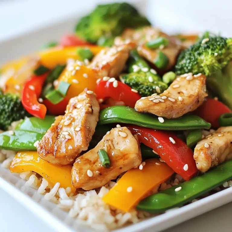 To make a tasty Healthy Chicken Veggie Stir Fry, gather these fresh ingredients: - 2 boneless, skinless chicken breasts, sliced thinly - 2 tablespoons olive oil - 1 red bell pepper, sliced - 1 yellow bell pepper, sliced - 1 cup broccoli florets - 1 cup sugar snap peas - 3 cloves garlic, minced - 1 tablespoon fresh ginger, grated - 2 tablespoons low-sodium soy sauce - 1 tablespoon sesame oil - Salt and pepper to taste - 1 teaspoon sesame seeds (for garnish) - Cooked brown rice or quinoa for serving This stir fry offers a balanced meal packed with nutrients. Each serving provides: - Protein from chicken, helping to build and repair tissue. - Fiber from veggies, aiding in digestion and keeping you full. - Healthy fats from olive oil and sesame oil, good for heart health. - Vitamins and minerals from colorful vegetables, boosting your immune system. To keep your ingredients fresh, follow these simple tips: - Choose vibrant, firm vegetables. Look for smooth skin on peppers and bright green broccoli. - Store fresh chicken in the coldest part of your fridge. Use within two days for best taste. - Buy garlic and ginger that feel firm and smell strong. This ensures great flavor in your dish. - If you can, buy organic vegetables. They often have better taste and no harmful chemicals. By using fresh ingredients, you'll create a stir fry that is not only healthy but also bursting with flavor! {{ingredient_image_1}} 1. Gather your ingredients. You need chicken breasts, bell peppers, broccoli, sugar snap peas, garlic, ginger, soy sauce, sesame oil, and olive oil. 2. Slice the chicken. Cut the chicken breasts into thin strips. This helps them cook fast. 3. Chop the veggies. Slice red and yellow bell peppers. Break the broccoli into small florets. This makes them easy to eat. 4. Mince garlic and grate ginger. These add great flavor. Prepare them just before cooking for the best taste. 1. Heat the skillet. In a large skillet or wok, add 1 tablespoon of olive oil. Heat it over medium-high heat. 2. Cook the chicken. Add the sliced chicken to the skillet. Sprinkle with salt and pepper. Cook for about 5-7 minutes. The chicken should be browned and cooked through. Remove it from the skillet and set it aside. 3. Cook the aromatics. In the same skillet, add 1 tablespoon of olive oil. Once hot, add minced garlic and grated ginger. Stir quickly for about 30 seconds until it smells good. 4. Add the veggies. Toss in the sliced bell peppers, broccoli florets, and sugar snap peas. Stir-fry for about 5-6 minutes. The veggies should be tender but still crisp. 5. Mix it all together. Return the chicken to the skillet. Pour in the low-sodium soy sauce and sesame oil. Toss everything together. Cook for another 2-3 minutes until heated through. 6. Taste and adjust. Try a bite and add more salt or pepper if you like it spicier. - Serve on a plate. Place the stir fry over a bed of brown rice or quinoa. This adds a nice base. - Garnish with sesame seeds. Sprinkle 1 teaspoon of sesame seeds on top. This adds a nice crunch and looks pretty. - Add color. Use colorful veggies for a bright and appealing dish. It makes your meal look more inviting. When making a stir fry, avoid these common errors for the best results: - Overcrowding the pan: This makes it hard for the food to cook evenly. Work in batches if needed. - Not prepping ahead: Having your veggies and chicken ready speeds up cooking and keeps it smooth. - Using low heat: Stir frying needs high heat for quick cooking and a nice sear. - Skipping seasoning: Don’t forget salt, pepper, and soy sauce. They boost flavor! To stir-fry like a pro, follow these tips: - Use a large, non-stick skillet or wok: This helps prevent sticking and allows for better heat distribution. - Cook in order: Start with chicken, then add garlic and ginger, followed by veggies. This keeps flavors fresh. - Keep it moving: Stir constantly to avoid burning and ensure even cooking. - Add sauces at the end: This keeps them from burning and makes the dish shine. For a more flavor-packed stir fry, try these ideas: - Experiment with spices: Add crushed red pepper or five-spice powder for a kick. - Use fresh herbs: Cilantro or basil can brighten up the dish. Toss them in right before serving. - Incorporate nuts or seeds: Toasted sesame seeds or cashews add crunch and depth. - Add a splash of citrus: A squeeze of lime or lemon juice brightens flavors and adds freshness. Try these tips to elevate your healthy chicken veggie stir fry. Enjoy the vibrant colors and tastes! Pro Tips Prep Your Ingredients: Having all your ingredients prepped and ready to go makes stir-frying quick and efficient. Don’t Overcrowd the Pan: Cook in batches if necessary to ensure your chicken and vegetables sear properly and don’t steam. Use High Heat: Stir-frying requires high heat to cook the chicken and veggies quickly, preserving their flavor and crunch. Customize Your Veggies: Feel free to swap in your favorite vegetables or whatever you have on hand to make this dish your own. {{image_2}} If you want a change from chicken, try other proteins. Shrimp cooks quickly and adds flavor. Tofu is a great choice for a vegetarian option. You can also use beef or pork. Simply slice them thin and follow the same cooking steps. Each protein brings its own taste and texture. Adjust cooking times based on the protein you choose. Feel free to mix up the veggies in your stir fry. Carrots or zucchini are tasty additions. You can also use bok choy or green beans for variety. Just make sure to cut them into small pieces. This ensures they cook evenly. Choose seasonal vegetables for the best flavor and freshness. The key is to keep the stir fry colorful and nutritious. For gluten-free needs, swap traditional soy sauce with tamari. You can also use coconut aminos for a lighter option. If you're watching carbs, cauliflower rice is a smart substitute for brown rice. For more fiber, add leafy greens like spinach or kale. These adjustments help meet your dietary goals while keeping the dish tasty. To keep your healthy chicken veggie stir fry fresh, let it cool first. Place leftovers in an airtight container. Make sure to store them in the fridge. They will stay good for about 3 to 4 days. Label your container with the date. This helps you track how long they have been stored. When you are ready to eat your leftovers, reheating is simple. You can use a microwave or a skillet. If using a microwave, place the stir fry in a bowl and cover it. Heat it for 1 to 2 minutes, stirring halfway through. If using a skillet, add a splash of water to keep it moist. Cook over medium heat until it is hot. Stir often to ensure even heating. Freezing is a great way to save extra stir fry. First, let it cool completely. Then, place it in a freezer-safe container or bag. Remove as much air as possible to prevent freezer burn. Label it with the date. You can freeze the stir fry for up to 3 months. When you are ready to enjoy it, thaw in the fridge overnight. Reheat as mentioned above. Yes, you can use frozen vegetables. They save time and keep well. Just add them directly to the hot skillet. Cook for a few extra minutes. Frozen veggies may not be as crisp, but they still taste great. You can try cauliflower rice or zucchini noodles. Both options are low in carbs. Cauliflower rice is easy to make. Just pulse cauliflower in a food processor. Zucchini noodles add a fun twist. Use a spiralizer or a vegetable peeler to create them. To spice up your stir fry, add red pepper flakes. Sriracha or chili paste also works well. Start with a small amount. You can always add more if you like it hotter. Fresh jalapeños or serrano peppers can give it a nice kick, too. Stir-frying offers a simple way to enjoy tasty meals. We covered key ingredients, their nutrition, and tips for keeping them fresh. I shared easy preparation and cooking steps, plus how to serve your dish nicely. We also explored tricks to avoid errors, spice things up, and make variations based on your needs. Finally, I provided storage tips for leftovers and answered your most common questions. Use these insights to create delicious stir-fries that fit your lifestyle. Enjoy your cooking journey!