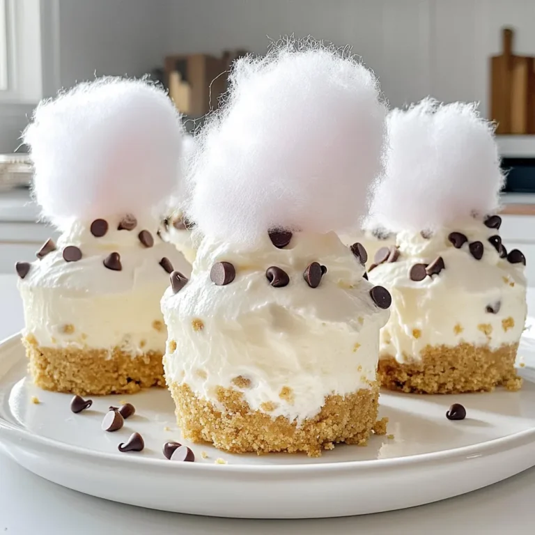 For these delightful Cotton Candy Cheesecake Bombs, you will need the following ingredients: - 1 cup cotton candy, chopped finely - 8 oz cream cheese, softened - 1/2 cup powdered sugar - 1 teaspoon vanilla extract - 1 cup graham cracker crumbs - 1/4 cup unsalted butter, melted - 1/2 cup mini chocolate chips - Pinch of salt - Extra cotton candy for garnish These ingredients work together to create a sweet and creamy treat. The cotton candy adds a fun twist, while the cream cheese gives a rich taste. The graham cracker crumbs form a nice base, and the mini chocolate chips add a fun crunch. You can choose to use different types of cotton candy for a unique flavor, too! Make sure your cream cheese is soft. This helps it mix easily. Keep your chocolate chips nearby for a tasty surprise. Having all your ingredients ready makes cooking fun and easy! Start with a mixing bowl. Add 8 ounces of softened cream cheese. Next, sprinkle in 1/2 cup of powdered sugar and 1 teaspoon of vanilla extract. Use an electric mixer to beat these ingredients until they are smooth and creamy. This step is key for a rich texture. Now, gently fold in 1 cup of finely chopped cotton candy. Make sure the cotton candy is evenly spread throughout the mixture. This gives the cheesecake its sweet and fun flavor. In a separate bowl, combine 1 cup of graham cracker crumbs with 1/4 cup of melted unsalted butter. Add a pinch of salt to enhance the flavor. Mix this well until it becomes crumbly and sticks together. This mixture will act as the sturdy base for our cheesecake bombs. Take about one tablespoon of the graham cracker mixture. Press it firmly into the bottom of a cupcake liner or silicone mold. This will form the base. Next, scoop a heaping tablespoon of the cotton candy cheesecake mixture on top of the graham cracker base. For a tasty twist, sprinkle a few mini chocolate chips on top. Now, layer another tablespoon of the graham cracker mixture on top. This seals the cheesecake filling inside. Repeat this process until all your ingredients are used. Once filled, place the molds in the freezer. Let them freeze for at least 1 hour to set. This step is crucial for the bombs to hold their shape. After they are firm, carefully remove the cheesecake bombs from the molds. Before serving, garnish each bomb with a tuft of cotton candy on the top. This adds a fun touch. Serve chilled and enjoy the delightful surprise inside! To get your cream cheese soft, take it out of the fridge first. Let it sit for about 30 minutes. This helps it mix well. You want it creamy, not lumpy. When folding in cotton candy, be gentle. Use a spatula and scoop from the bottom. This keeps the air in the mix. Don’t over-mix. You want the cotton candy to stay fluffy. For serving, use clear cups or fun molds. It shows off the layers. You can also place them on a colorful plate. This makes the dessert pop! Top each cheesecake bomb with a tuft of cotton candy. It adds a whimsical touch. You can even add sprinkles or edible glitter for fun. This makes it extra special for parties. {{image_2}} You can easily change the flavor of your cheesecake bombs. Try using different extracts, like almond or coconut. These flavors add a unique twist to the sweet treat. You can also use flavored cotton candy. Look for options like blue raspberry or strawberry for fun new tastes. When it comes to chocolate, you have choices too. Dark chocolate chips bring a rich flavor. White chocolate chips can add a sweet touch. You can even mix in some crushed candy bars for extra crunch. The key is to experiment and find what you love! If you want to make your cheesecake bombs a bit healthier, there are good substitutes. Instead of sugar, try using honey or maple syrup. These natural sweeteners can cut down on refined sugar. For butter, you can use coconut oil or applesauce. These options keep the dessert moist without the extra fat. If you need gluten-free alternatives, use gluten-free graham crackers. They work just as well for the base. You can also use almond flour as a substitute for graham crumbs. This keeps the flavor and texture similar while making it gluten-free. Enjoy making these fun swaps! Store your Cotton Candy Cheesecake Bombs in the fridge. Use an airtight container. This keeps them fresh and tasty. If you want to save them longer, freeze them. Wrap each bomb in plastic wrap. Then, place them in a freezer-safe bag. This prevents freezer burn. When you want to enjoy them, just thaw them in the fridge overnight. These cheesecake bombs last for about five days in the fridge. If you freeze them, they can last up to three months. Check for signs of spoilage before eating. Look for off smells or changes in texture. If they feel sticky or look discolored, it’s best to toss them. Always trust your senses when enjoying a sweet treat! Yes, you can make these cheesecake bombs ahead of time. They store well for up to a week in the fridge. Just keep them in an airtight container. If you need to prepare them further in advance, freeze them instead. They can last for up to three months in the freezer. Just remember to thaw them in the fridge before serving. To keep the cotton candy from melting, add it just before serving. Store the cheesecake bombs in the fridge without the cotton candy on top. If you need to store them with cotton candy, use a sealed container. This helps protect the cotton candy from moisture, which causes it to melt. Yes, you can use dairy-free cream cheese. Many brands offer great alternatives that taste good. Check the labels to find one that fits your diet. You can still follow the same recipe steps. The other ingredients remain the same, ensuring you enjoy the same sweet flavor. Absolutely! You can try different flavors of cotton candy for a fun twist. Flavors like strawberry, blue raspberry, or even grape add unique tastes. Just remember, the flavor will change the final taste of the cheesecake bombs. You can add food coloring to the cheesecake mixture. Use gel food coloring for a vibrant look. Start with a small amount and mix until you reach your desired color. This will make your cheesecake bombs even more appealing and fun to serve. While it's best to use powdered sugar for a smooth texture, you can use regular sugar. Simply blend it until fine before mixing it into the cream cheese. This helps avoid graininess in your cheesecake. You can easily make mini cheesecake bombs. Use a mini muffin tin instead of a regular one. Just adjust the filling amount to fit the smaller size. Keep an eye on the freezing time, as they will set faster than the larger ones. Yes! You can fold in small pieces of fruit like strawberries or blueberries. Make sure to chop them finely. This adds flavor and a nice texture to your cheesecake bombs. Just avoid adding too much, as it may make the mixture too wet. In this blog post, we explored making Cotton Candy Cheesecake Bombs. You learned about the ingredients needed, like cream cheese and cotton candy, and followed easy steps for preparation, assembly, and freezing. I shared tips for achieving the perfect texture and creative serving ideas. You also discovered variations and storage methods to keep your treats fresh. Now, it’s time to get creative in the kitchen. Enjoy crafting these fun desserts that bring joy to any occasion!