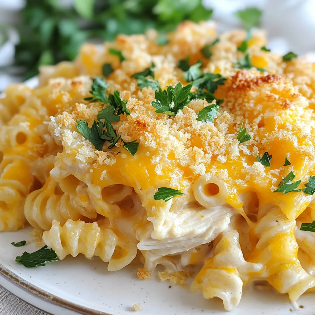 To make a delicious Cheesy Ranch Rotini Bake, gather these simple ingredients: - 2 cups rotini pasta - 2 tablespoons butter - 1 cup diced onion - 2 cloves garlic, minced - 1 cup cooked shredded chicken (optional) - 1 cup ranch dressing - 1 cup sour cream - 2 cups shredded cheddar cheese - 1 cup shredded mozzarella cheese - 1 teaspoon garlic powder - 1 teaspoon onion powder - Salt and pepper to taste - 1/2 cup panko breadcrumbs - 2 tablespoons chopped fresh parsley (for garnish) Each ingredient plays a key role in creating the dish's rich, creamy texture and robust flavor. Rotini pasta holds the sauce well, while butter gives a nice base. Onion and garlic add depth. If you choose chicken, it makes the dish heartier. Ranch dressing and sour cream bring a tangy flavor, while cheddar and mozzarella create that gooey cheese goodness. The garlic and onion powders boost the flavor. Salt and pepper help everything taste just right. Panko breadcrumbs add a crunchy topping, and parsley finishes it off with a fresh touch. With these ingredients, you can create a dish that warms your soul and delights your taste buds. {{ingredient_image_1}} First, cook the rotini pasta until it is al dente. This means it should be firm but not hard. Follow the package instructions for the best results. Once cooked, drain the pasta well and set it aside. This will help the sauce stick better later. Next, melt butter in a large skillet over medium heat. Add the diced onion to the skillet. Sauté the onion until it turns translucent. This takes about 3 to 4 minutes. Then, add minced garlic and cook for one more minute. You want the garlic to smell nice but not brown. In a large mixing bowl, combine the cooked rotini, sautéed onion, and garlic. If you are using chicken, add that now too. Pour in the ranch dressing and sour cream. Then, add half of the cheddar and half of the mozzarella cheese. Sprinkle in garlic powder, onion powder, salt, and pepper. Mix everything well until it is all combined. Now, transfer this mixture into a greased baking dish. Spread it out evenly so every bite gets flavor. Preheat your oven to 350°F (175°C). Sprinkle the rest of the cheddar and mozzarella cheese on top of the pasta. Add panko breadcrumbs for a crunchy finish. Bake in the oven for about 25 to 30 minutes. Look for the cheese to bubble and the top to turn golden brown. After baking, let it cool for a few minutes before serving. This helps the dish set up nicely. Garnish with chopped parsley for a pop of color. Enjoy your meal! To ensure a creamy texture, choose full-fat sour cream. It blends well and adds richness. You can adjust the seasoning to taste. Start with salt and pepper, then add more as needed. A little garlic powder and onion powder can enhance the flavor too. When using rotini, it holds sauce well. If you want a twist, try penne or fusilli. Fresh herbs add a bright taste, while dried herbs work fine too. If using dried herbs, use less than fresh. Start with half the amount. Pair your Cheesy Ranch Rotini Bake with a simple salad. A crisp green salad complements the dish nicely. For drinks, iced tea or lemonade works well. The tanginess of these drinks balances the richness of the bake. Pro Tips Cook Pasta Al Dente: Ensure your rotini is cooked al dente before mixing it into the bake. This will help it maintain its texture during baking. Use Fresh Herbs: Fresh parsley adds a burst of flavor and color. Consider adding other herbs like chives or dill for even more depth. Customize Your Cheese: Feel free to mix different types of cheese, such as pepper jack or gouda, for a unique twist on the flavor profile. Let It Rest: Allow the bake to rest for a few minutes before serving. This helps the layers set and makes serving easier. {{image_2}} You can make Cheesy Ranch Rotini Bake even better with a few extras. Adding vegetables boosts flavor and nutrition. Try adding: - Bell peppers for a sweet crunch. - Spinach for a pop of color and health. If you want more protein, consider these options: - Ground beef, which adds heartiness and depth. - Ground turkey for a leaner choice. Mix and match these ingredients to create your own twist on this dish! You might want to adjust the recipe for special diets. Here are a few ideas: - For gluten-free options, use gluten-free rotini. Check the dressing and breadcrumbs too. - To make it vegetarian, skip the chicken and use vegetable broth. You can also add beans for protein. These changes keep the dish tasty while meeting your dietary needs! To keep your Cheesy Ranch Rotini Bake fresh, store it correctly. First, let the dish cool to room temperature. Then, cover it with plastic wrap or foil. You can refrigerate leftovers for up to four days. If you want to save it for later, freezing is a great option. Cut your bake into portions. Place each portion in an airtight container or freezer bag. This way, you can enjoy it later. It will stay good for about three months in the freezer. When it’s time to enjoy your leftovers, reheating is key. For best results, use the oven. Preheat it to 350°F (175°C). Place the bake in a baking dish and cover it with foil. This helps keep moisture in. Heat for about 20 minutes, then check if it's warm enough. You can also use the microwave. Place a portion on a microwave-safe plate. Cover it with a microwave-safe lid or another plate to trap steam. Heat in short bursts of one minute. Stir in between to avoid hot spots. This ensures it stays creamy and delicious. Cheesy Ranch Rotini Bake lasts about 3 to 5 days in the fridge. Store it in an airtight container to keep it fresh. Always check for any signs of spoilage before eating. The flavors might even deepen as it sits! Yes, you can make this dish ahead of time. Prepare it up to the baking step, then cover it and place it in the fridge. When you're ready to bake, just pop it in the oven. You may need to add a few extra minutes to the cooking time. You can use plain Greek yogurt or sour cream with herbs as a substitute. Another option is to mix mayonnaise with some herbs and spices. This keeps the creamy base while adding a different flavor profile. Absolutely! Feel free to mix and match cheeses. A blend of gouda, fontina, or even pepper jack can add unique flavors. Just make sure to keep the total amount of cheese the same for the best texture. In this blog post, we explored the tasty Cheesy Ranch Rotini Bake. We covered essential ingredients, step-by-step instructions, and helpful tips. From cooking the pasta to baking it perfectly, you learned how to create a delicious, cheesy dish. Consider adding extra veggies or changing proteins for more options. Remember, proper storage keeps leftovers fresh. With these insights, you can make a delightful meal that's easy to customize and share. Enjoy the cooking process and the yummy results ahead!
