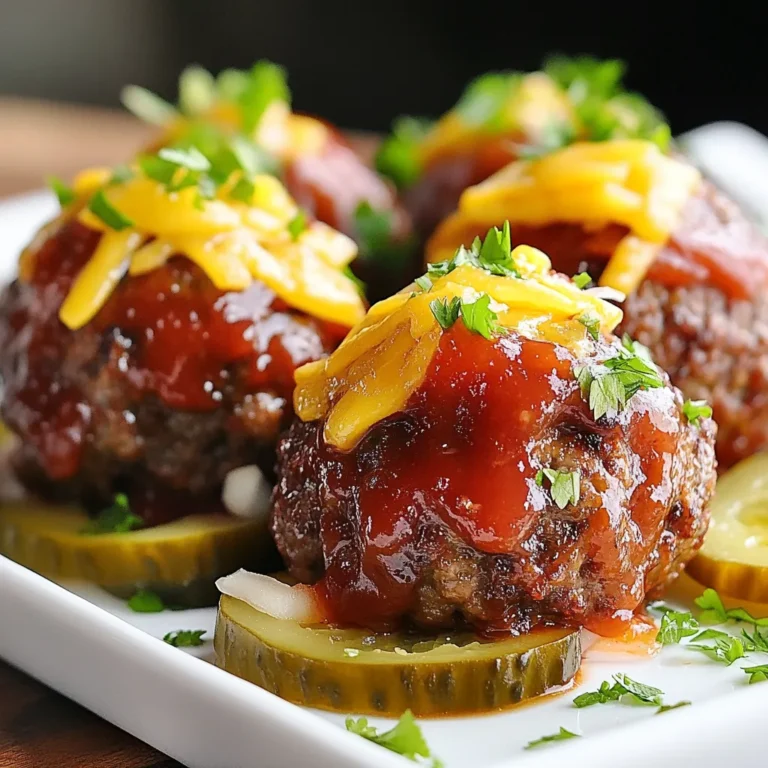 To create Texas Style Cheeseburger Meatballs, gather these ingredients: - 1 pound ground beef - 1 cup breadcrumbs - 1/2 cup shredded cheddar cheese - 1/4 cup diced onion - 3 cloves garlic, minced - 1 tablespoon Worcestershire sauce - 1 tablespoon mustard - 1 teaspoon smoked paprika - 1/2 teaspoon salt - 1/4 teaspoon black pepper - 1/4 cup ketchup (plus extra for serving) - 1/4 cup pickles, finely chopped (for added crunch) - 1 tablespoon fresh parsley, chopped (for garnish) You can make tasty swaps for some ingredients. If you want a leaner option, use ground turkey instead of beef. For a gluten-free meal, try gluten-free breadcrumbs. If you are vegan, use plant-based ground meat and omit cheese. You can also use any type of cheese you love, such as pepper jack for a spicy kick. Choosing the right ingredients makes a big difference. For ground beef, look for 80/20 fat content. This gives your meatballs great flavor and moisture. Fresh herbs add more taste, so if you can, pick parsley from a local farmer. When selecting cheese, choose a block of cheddar. Shredded cheese can have additives that change its melt. Lastly, use fresh garlic and onions for the best flavor. Always pick ingredients that look fresh and vibrant. {{ingredient_image_1}} First, set your oven to 400°F (200°C). This temperature helps the meatballs cook well and get a nice brown color. While the oven heats, get a baking sheet. Line it with parchment paper. This makes cleanup easy and keeps the meatballs from sticking. In a large bowl, combine all the meatball ingredients. You need: - 1 pound ground beef - 1 cup breadcrumbs - 1/2 cup shredded cheddar cheese - 1/4 cup diced onion - 3 cloves garlic, minced - 1 tablespoon Worcestershire sauce - 1 tablespoon mustard - 1 teaspoon smoked paprika - 1/2 teaspoon salt - 1/4 teaspoon black pepper - 1/4 cup ketchup Mix these well with your hands. Make sure the beef and cheese blend evenly with the spices. You want every bite to taste great. Now it’s time to shape the meatballs. Take a small amount of the mixture and roll it into a ball about 1.5 inches wide. Place each meatball on the lined baking sheet. Leave some space between each one. This helps them cook evenly. Bake the meatballs for 20 to 25 minutes. Check that they are cooked through and have a nice brown color. Five minutes before they are done, take them out and add a little extra ketchup and pickles on top. This gives them a tasty finish. After baking, let the meatballs cool for a minute before serving. Garnish with fresh parsley for a nice touch. To get the best meatball texture, start with cold ingredients. Use cold ground beef and cheese. This helps the meatballs hold their shape. Mix gently but thoroughly. Overmixing can make them tough. Aim for a soft, moist mix. Add breadcrumbs to bind the meatballs. They keep the meatballs light and fluffy. Cooking time may change based on your oven and meatball size. For smaller meatballs, check them at 15 minutes. Larger meatballs may need up to 30 minutes. Always make sure they are cooked to 160°F (70°C) for safety. Use a meat thermometer to check. If they are browning too fast, cover them with foil. You can boost flavor with simple add-ins. Try adding diced jalapeños for spice. A dash of hot sauce in the mix adds a nice kick. Fresh herbs like cilantro or chives can brighten the taste. For a smokier flavor, increase smoked paprika. Lastly, serve with your favorite dipping sauces to enhance flavor. Pro Tips Use 80/20 Ground Beef: For the juiciest meatballs, opt for ground beef that has a higher fat content, such as 80/20. This will keep your meatballs tender and flavorful. Chill the Mixture: If you have time, refrigerate the meatball mixture for about 30 minutes before forming them. This helps them hold their shape better while baking. Add Your Favorite Seasonings: Feel free to customize the flavor by adding your favorite spices or herbs, such as onion powder, garlic powder, or even a touch of cayenne for heat. Perfect Dipping Sauces: Serve these meatballs with a variety of dipping sauces like BBQ sauce, ranch dressing, or even a spicy mustard for an extra kick. {{image_2}} To add heat to your meatballs, use spicy ingredients. You can mix in diced jalapeños or a few dashes of hot sauce. If you want more flavor, add a teaspoon of cayenne pepper. This will give a real kick to the dish! You can make these meatballs without meat. Use lentils or black beans as a base. Combine them with breadcrumbs, onion, and spices. For vegan options, replace the cheese with a dairy-free kind. This makes a tasty dish for everyone! Cheese can change the taste of your meatballs. Try using pepper jack for a spicy twist. Mozzarella adds a nice stretch and creaminess. Even blue cheese can bring a bold flavor. Mix and match to find your favorite! To keep your leftover Texas Style Cheeseburger Meatballs fresh, first let them cool. Once cool, place the meatballs in an airtight container. This helps to keep them moist. You can store them in the fridge for up to four days. If you want them to last longer, freezing is a great option. Freezing meatballs is easy and smart for meal prep. First, let the meatballs cool completely. Then, place them in a single layer on a baking sheet. Freeze them for about one hour. After they are firm, transfer them to a freezer bag or container. Be sure to label the bag with the date. You can freeze them for up to three months. This way, you always have a tasty meal ready to go! When you’re ready to eat your meatballs, reheating them is simple. For best taste, use the oven. Preheat your oven to 350°F (175°C). Place the meatballs on a baking sheet and cover them with foil. Heat for about 15-20 minutes or until warm. You can also use a microwave, but the oven keeps them juicy. Just heat them in 30-second intervals, checking to make sure they don’t dry out. Enjoy your savory meatballs just like the first time! Yes, you can make these meatballs ahead of time. Form the meatballs and place them on a baking sheet. Cover them with plastic wrap and store them in the fridge for up to 24 hours. When you are ready, bake them as directed. This saves time on busy days. These meatballs pair well with many sides. You can serve them with: - Fries - Coleslaw - Salad - Baked beans You can also place them in a sandwich or serve them as a fun appetizer with toothpicks. You can easily adjust the recipe for different diets. For gluten-free eaters, use gluten-free breadcrumbs. For a lower-calorie option, try lean ground turkey instead of beef. If you want a vegetarian dish, use a plant-based ground meat. These swaps keep the flavor while meeting dietary needs. In this blog post, we explored the key ingredients for Texas Style Cheeseburger Meatballs, including swaps and quality tips. We walked through the step-by-step process of making these tasty meatballs, from preparation to baking. I shared useful tricks for perfect texture and flavor, as well as variations to suit your taste. Finally, we discussed how to store, freeze, and reheat leftovers. Now, you have all the tools to create mouthwatering meatballs. Enjoy making this dish that everyone will love!