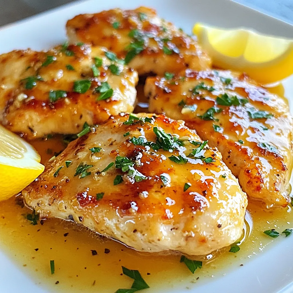 To make a tasty garlic butter chicken, gather these fresh and simple ingredients: - 4 boneless, skinless chicken breasts - 1/2 cup unsalted butter, divided - 6 cloves garlic, minced - 1 teaspoon dried Italian herbs (oregano, basil, thyme) - 1 teaspoon smoked paprika - Salt and pepper to taste - Fresh parsley, chopped (for garnish) - Juice of 1 lemon - Zest of 1 lemon With these items in hand, you can create a dish that bursts with flavor. Each ingredient plays a role in making the chicken juicy and delicious. The garlic gives it a strong kick, while the butter adds richness. The herbs and spices bring harmony to the mix. Plus, the lemon juice and zest brighten up the whole meal. When you choose your chicken, look for fresh, high-quality cuts. This makes a big difference in taste. Fresh garlic will give your dish that strong aroma. Use unsalted butter to control the saltiness. This way, you can adjust the flavor to your liking. Next, let’s get cooking! {{ingredient_image_1}} First, pat the chicken breasts dry with paper towels. This helps to remove any excess moisture. Next, season both sides with salt, pepper, smoked paprika, and dried Italian herbs. The herbs give the chicken a nice flavor. In a large skillet, melt 1/4 cup of butter over medium heat. Make sure the heat is not too high. This helps the butter melt evenly without burning. You want it bubbling but not brown. Once the butter is melted, add the chicken breasts to the skillet. Cook for about 6-7 minutes on each side. You want them to be golden brown. Check the internal temperature; it must reach 165°F (74°C). This ensures the chicken is fully cooked. After removing the chicken, lower the heat. Add the remaining 1/4 cup of butter and minced garlic. Sauté for 1-2 minutes. Be careful not to brown the garlic. Browned garlic can taste bitter, and we want a nice, rich flavor. Stir in the lemon juice and zest. This step brightens the dish and adds freshness. Return the chicken to the skillet, spooning the garlic butter sauce over it. Let it soak in for 1-2 minutes for extra flavor. Remove the skillet from heat. Sprinkle chopped fresh parsley over the chicken for a pop of color. For a complete meal, serve it on a bed of fluffy rice or alongside roasted vegetables. Drizzle any leftover garlic butter sauce over the top. Add extra lemon wedges for a lovely touch. To get that nice golden brown color, use high heat. This sears the chicken well and locks in moisture. Start with a hot skillet and add your butter. When the butter bubbles, it’s time to add the chicken. Cook each side for 6-7 minutes. This timing gives you that crispy outer layer. For better color, make sure not to overcrowd the pan. This lets the chicken brown evenly. If you add too many pieces, they will steam instead of sear. Always check the internal temperature with a meat thermometer. It should reach 165°F (74°C) for safe eating. You can boost the flavor of your garlic butter sauce. Try adding fresh herbs like rosemary or thyme for a fresh taste. You can also sprinkle in some red pepper flakes for heat. If you want more depth, use a splash of white wine or chicken broth. This adds richness and makes the sauce more complex. Remember to sauté the garlic gently. It should be fragrant but not brown. Browning the garlic can make it bitter. When plating your garlic butter chicken, think about how it looks. You can serve it on a bed of fluffy rice or with roasted veggies. Drizzle the garlic butter sauce over the chicken for a flavorful touch. For extra flair, add lemon wedges on the side. This makes the dish pop with color and adds a fresh taste. Pair with a light salad or some crusty bread to complete your meal. Enjoy the beauty and taste of your creation! Pro Tips Rest the Chicken: After cooking, let the chicken rest for 5 minutes before slicing. This allows the juices to redistribute, keeping the meat moist. Use Fresh Herbs: For a more vibrant flavor, consider using fresh herbs instead of dried. A mix of fresh basil, thyme, and parsley can elevate the dish. Customize the Sauce: Feel free to add a splash of white wine or chicken broth to the garlic butter sauce for an extra layer of flavor. Perfect Pairings: This garlic butter chicken pairs beautifully with creamy mashed potatoes or a fresh green salad for a balanced meal. {{image_2}} Using fresh herbs can make your garlic butter chicken taste bright and lively. Fresh herbs pack more flavor compared to dried ones. If you prefer dried herbs, just use less. You can try mixing different herbs too. Basil, rosemary, and thyme work well together. Each adds a unique twist to the dish. Grilling your chicken gives it a smoky flavor that many love. To grill, season your chicken as usual. Preheat your grill to medium-high heat. Cook each side for about 6-7 minutes. You can also bake the chicken if you want a hands-off method. Set your oven to 375°F (190°C). Place the chicken in a baking dish and bake for 25-30 minutes. Want to jazz up your dish? Add nutritional yeast for a cheesy flavor without cheese. Shredded cheese can also be mixed in for extra richness. You can throw in some vegetables too. Carrots, broccoli, or bell peppers roast nicely with the chicken. Just add them to the pan while cooking. They will soak up all that delicious garlic butter flavor! To keep your garlic butter chicken fresh, cool it quickly after cooking. Let it sit at room temperature for no more than two hours. Store the chicken in airtight containers. This will help retain moisture and flavor. Glass or plastic containers work well. Make sure to label the containers with the date. You can freeze garlic butter chicken if you won’t eat it soon. First, let it cool completely. Wrap each piece in plastic wrap. Then, place the wrapped chicken in a freezer bag. Remove as much air as you can before sealing. For quick reheating, thaw chicken overnight in the fridge. You can also use the microwave in a defrost setting. Your garlic butter chicken can last in the fridge for about three to four days. Check for any signs of spoilage before eating. If it smells off or has a strange color, it’s best to throw it away. Always trust your senses! You can serve garlic butter chicken with many tasty sides: - Fluffy white rice or brown rice - Roasted vegetables like carrots or broccoli - A fresh green salad with lemon vinaigrette - Mashed potatoes or creamy polenta These sides will soak up the garlic butter sauce well. You can also drizzle some extra sauce over your sides for more flavor. Yes, you can prepare garlic butter chicken ahead of time: - Cook the chicken and let it cool. - Store it in airtight containers in the fridge for up to three days. This dish is perfect for meal prep. Just reheat it in a skillet or microwave when you're ready to eat. To check if the chicken is done, use a meat thermometer: - Insert it into the thickest part of the chicken. - The internal temperature should reach 165°F (74°C). You can also check for doneness by looking at the chicken. It should be golden brown, and the juices should run clear when you cut into it. Yes, you can lighten up garlic butter chicken with a few swaps: - Use olive oil instead of butter for cooking. - Choose skinless chicken thighs for a leaner option. You can also grill or bake the chicken instead of pan-searing it. These methods cut down on fat while keeping the flavor. This blog post covered how to make Garlic Butter Chicken. We discussed the key ingredients, like chicken, butter, garlic, and lemon. You learned step-by-step instructions for preparing, cooking, and creating a rich garlic butter sauce. Tips on searing and presentation enhanced your skills. Variations provided fresh ideas for flavor and cooking methods. Lastly, I shared storage tips for preserving your dish. Enjoy experimenting with these recipes and make your meals tasty and fun!