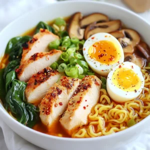 - 2 packets of instant ramen noodles - 2 cups chicken broth - 1 chicken breast, sliced thinly - 1 tablespoon soy sauce - 1 teaspoon sesame oil - 1 tablespoon fresh ginger, minced - 2 garlic cloves, minced - 1 cup baby spinach - 1 cup sliced mushrooms (shiitake or button) - 1 green onion, sliced - 1 soft-boiled egg (optional) - Chili flakes (optional, for heat) - Salt and pepper to taste This recipe for Minute Chicken Ramen uses simple, fresh ingredients. First, gather all your items before you start. Instant ramen noodles are your base. They cook quickly and are tasty. Chicken broth adds rich flavor and warmth. Next, you need chicken breast. Slice it thin to help it cook fast. Soy sauce adds a savory kick. A touch of sesame oil gives a nice finish. Fresh ginger and garlic bring a zesty aroma. Don't forget the veggies! Baby spinach adds color and nutrients. Mushrooms give a hearty bite. Green onion is perfect for garnish. You can add a soft-boiled egg on top for extra protein. Chili flakes can spice things up if you like heat. With these ingredients, you can make a quick, flavorful meal. Each component enhances the others. This ramen is comforting and satisfying. {{ingredient_image_1}} To start, gather all your ingredients. You need: - 2 packets of instant ramen noodles - 2 cups chicken broth - 1 chicken breast, sliced thinly - 1 tablespoon soy sauce - 1 teaspoon sesame oil - 1 tablespoon ginger, minced - 2 garlic cloves, minced - 1 cup baby spinach - 1 cup sliced mushrooms - 1 green onion, sliced - 1 soft-boiled egg (optional) - Chili flakes (optional) - Salt and pepper This makes your cooking smooth and quick. 1. Heat sesame oil in a large saucepan over medium heat. 2. Add minced ginger and garlic. Sauté until you smell a nice aroma, about 1 minute. 3. Add sliced chicken breast to the pan. Cook until it turns white, about 3 to 4 minutes. 4. Season the chicken with a pinch of salt and pepper. 5. Pour in the chicken broth and soy sauce. Bring it to a gentle boil. 6. Stir in mushrooms. Let them cook for 2 to 3 minutes until they soften. 7. Add instant ramen noodles. Cook as the package says, usually 3 to 4 minutes. 8. Once noodles are soft, add baby spinach. Stir until it wilts, about 1 to 2 minutes. 9. If you like, you can top your ramen with a soft-boiled egg. Garnish with green onions and chili flakes. 10. Serve hot and enjoy! To make your bowl look nice, use a deep bowl. Place the ramen in the bowl. Add the soft-boiled egg on top. Sprinkle green onions and chili flakes for color. This makes it look just as good as it tastes! Enjoy your meal and feel proud of your quick and zesty chicken ramen! To make your chicken ramen taste amazing, focus on the broth. Use good chicken broth. Homemade broth is best, but store-bought works too. Add a tablespoon of soy sauce for a richer taste. A dash of sesame oil brings warmth. Don't forget to add minced ginger and garlic when cooking the chicken. They boost flavor and freshness. For a kick, sprinkle in chili flakes. Cooking noodles properly is key. Follow the package instructions for timing. Usually, this is about 3-4 minutes. Stir them gently in the broth. This keeps them from sticking. If you want them chewier, cook them for a minute less. Add them just before serving to keep them fresh. Having the right tools makes cooking easier. Use a large saucepan for cooking. A sharp knife helps slice the chicken thinly. A cutting board is also essential. For a soft-boiled egg, a small pot works well. Lastly, a ladle is handy for serving soup. These items make your ramen-making quick and fun! Pro Tips Use Fresh Ingredients: Fresh ginger and garlic can elevate the flavor of your ramen significantly compared to dried versions. Customize Your Broth: If you have time, enhance store-bought chicken broth with additional spices or herbs for a deeper flavor. Perfect Soft-Boiled Egg: To achieve the perfect soft-boiled egg, simmer for 6-7 minutes and then plunge into ice water to stop the cooking process. Add Extra Protein: Consider adding tofu or shrimp for additional protein options in your ramen, making it even more filling. {{image_2}} You can change the protein in this ramen. If you want beef, slice thinly and cook like chicken. Shrimp works well too; just add it later in the cooking. Tofu is great for a soft texture. Cook it until golden for more flavor. For a vegetarian or vegan dish, skip the chicken. Use vegetable broth instead of chicken broth. Add more veggies, like carrots and bell peppers. Firm tofu can replace meat. You can also toss in some edamame for extra protein. Get creative with your ingredients. If you can't find shiitake mushrooms, use any type you like. Spinach can be swapped for kale or bok choy. Don't have sesame oil? Use olive oil instead. For soy sauce, tamari is a great gluten-free option. Store any leftover chicken ramen in an airtight container. Keep it in the fridge. It stays fresh for about 2 to 3 days. Make sure to cool it down before sealing. This helps prevent moisture build-up. If you stored the soft-boiled egg, eat it within a day for the best taste. To reheat chicken ramen, pour it into a pot. Add a little water or broth to keep it moist. Heat on low until warm. Stir gently to avoid overcooking the noodles. You can also use the microwave. Place it in a bowl and cover it. Heat for about 1 to 2 minutes. Stir halfway through to warm evenly. You can freeze chicken ramen, but it's best to leave out the noodles. Cooked noodles become mushy when frozen. Store the broth and other ingredients in a container. It can last for up to 2 months in the freezer. When you're ready to eat, thaw in the fridge overnight. Then heat it up and add fresh noodles. This keeps the dish tasty and enjoyable. It takes about 20 minutes to make Minute Chicken Ramen. The prep time is about 10 minutes. Cooking time is around 10 minutes. You can enjoy a hot meal in no time! Yes, you can use other noodles. Try udon or soba noodles for a twist. Just adjust the cooking time based on the noodle type. Instant ramen works great for quick meals. Some top brands include Nissin, Maruchan, and Samyang. They offer great chicken flavor and quick cooking times. Look for low-sodium options for a healthier choice. These brands are widely available in stores. Minute Chicken Ramen can be healthy if you choose the right ingredients. Using fresh veggies and lean chicken boosts nutrition. Limit the soy sauce for less sodium. It’s a tasty meal that can fit into a balanced diet. This blog post covered a simple and tasty chicken ramen dish. We looked at the key ingredients, easy steps to cook, and ways to make it special. I shared tips to enhance flavor and suggested fun variations. We also discussed how to store leftovers and answered common questions. Now you have the tools to make great ramen at home. Experiment and enjoy your meals! Your kitchen adventure is just beginning.
