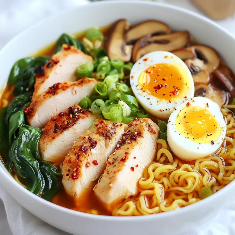 - 2 packets of instant ramen noodles - 2 cups chicken broth - 1 chicken breast, sliced thinly - 1 tablespoon soy sauce - 1 teaspoon sesame oil - 1 tablespoon fresh ginger, minced - 2 garlic cloves, minced - 1 cup baby spinach - 1 cup sliced mushrooms (shiitake or button) - 1 green onion, sliced - 1 soft-boiled egg (optional) - Chili flakes (optional, for heat) - Salt and pepper to taste This recipe for Minute Chicken Ramen uses simple, fresh ingredients. First, gather all your items before you start. Instant ramen noodles are your base. They cook quickly and are tasty. Chicken broth adds rich flavor and warmth. Next, you need chicken breast. Slice it thin to help it cook fast. Soy sauce adds a savory kick. A touch of sesame oil gives a nice finish. Fresh ginger and garlic bring a zesty aroma. Don't forget the veggies! Baby spinach adds color and nutrients. Mushrooms give a hearty bite. Green onion is perfect for garnish. You can add a soft-boiled egg on top for extra protein. Chili flakes can spice things up if you like heat. With these ingredients, you can make a quick, flavorful meal. Each component enhances the others. This ramen is comforting and satisfying. {{ingredient_image_1}} To start, gather all your ingredients. You need: - 2 packets of instant ramen noodles - 2 cups chicken broth - 1 chicken breast, sliced thinly - 1 tablespoon soy sauce - 1 teaspoon sesame oil - 1 tablespoon ginger, minced - 2 garlic cloves, minced - 1 cup baby spinach - 1 cup sliced mushrooms - 1 green onion, sliced - 1 soft-boiled egg (optional) - Chili flakes (optional) - Salt and pepper This makes your cooking smooth and quick. 1. Heat sesame oil in a large saucepan over medium heat. 2. Add minced ginger and garlic. Sauté until you smell a nice aroma, about 1 minute. 3. Add sliced chicken breast to the pan. Cook until it turns white, about 3 to 4 minutes. 4. Season the chicken with a pinch of salt and pepper. 5. Pour in the chicken broth and soy sauce. Bring it to a gentle boil. 6. Stir in mushrooms. Let them cook for 2 to 3 minutes until they soften. 7. Add instant ramen noodles. Cook as the package says, usually 3 to 4 minutes. 8. Once noodles are soft, add baby spinach. Stir until it wilts, about 1 to 2 minutes. 9. If you like, you can top your ramen with a soft-boiled egg. Garnish with green onions and chili flakes. 10. Serve hot and enjoy! To make your bowl look nice, use a deep bowl. Place the ramen in the bowl. Add the soft-boiled egg on top. Sprinkle green onions and chili flakes for color. This makes it look just as good as it tastes! Enjoy your meal and feel proud of your quick and zesty chicken ramen! To make your chicken ramen taste amazing, focus on the broth. Use good chicken broth. Homemade broth is best, but store-bought works too. Add a tablespoon of soy sauce for a richer taste. A dash of sesame oil brings warmth. Don't forget to add minced ginger and garlic when cooking the chicken. They boost flavor and freshness. For a kick, sprinkle in chili flakes. Cooking noodles properly is key. Follow the package instructions for timing. Usually, this is about 3-4 minutes. Stir them gently in the broth. This keeps them from sticking. If you want them chewier, cook them for a minute less. Add them just before serving to keep them fresh. Having the right tools makes cooking easier. Use a large saucepan for cooking. A sharp knife helps slice the chicken thinly. A cutting board is also essential. For a soft-boiled egg, a small pot works well. Lastly, a ladle is handy for serving soup. These items make your ramen-making quick and fun! Pro Tips Use Fresh Ingredients: Fresh ginger and garlic can elevate the flavor of your ramen significantly compared to dried versions. Customize Your Broth: If you have time, enhance store-bought chicken broth with additional spices or herbs for a deeper flavor. Perfect Soft-Boiled Egg: To achieve the perfect soft-boiled egg, simmer for 6-7 minutes and then plunge into ice water to stop the cooking process. Add Extra Protein: Consider adding tofu or shrimp for additional protein options in your ramen, making it even more filling. {{image_2}} You can change the protein in this ramen. If you want beef, slice thinly and cook like chicken. Shrimp works well too; just add it later in the cooking. Tofu is great for a soft texture. Cook it until golden for more flavor. For a vegetarian or vegan dish, skip the chicken. Use vegetable broth instead of chicken broth. Add more veggies, like carrots and bell peppers. Firm tofu can replace meat. You can also toss in some edamame for extra protein. Get creative with your ingredients. If you can't find shiitake mushrooms, use any type you like. Spinach can be swapped for kale or bok choy. Don't have sesame oil? Use olive oil instead. For soy sauce, tamari is a great gluten-free option. Store any leftover chicken ramen in an airtight container. Keep it in the fridge. It stays fresh for about 2 to 3 days. Make sure to cool it down before sealing. This helps prevent moisture build-up. If you stored the soft-boiled egg, eat it within a day for the best taste. To reheat chicken ramen, pour it into a pot. Add a little water or broth to keep it moist. Heat on low until warm. Stir gently to avoid overcooking the noodles. You can also use the microwave. Place it in a bowl and cover it. Heat for about 1 to 2 minutes. Stir halfway through to warm evenly. You can freeze chicken ramen, but it's best to leave out the noodles. Cooked noodles become mushy when frozen. Store the broth and other ingredients in a container. It can last for up to 2 months in the freezer. When you're ready to eat, thaw in the fridge overnight. Then heat it up and add fresh noodles. This keeps the dish tasty and enjoyable. It takes about 20 minutes to make Minute Chicken Ramen. The prep time is about 10 minutes. Cooking time is around 10 minutes. You can enjoy a hot meal in no time! Yes, you can use other noodles. Try udon or soba noodles for a twist. Just adjust the cooking time based on the noodle type. Instant ramen works great for quick meals. Some top brands include Nissin, Maruchan, and Samyang. They offer great chicken flavor and quick cooking times. Look for low-sodium options for a healthier choice. These brands are widely available in stores. Minute Chicken Ramen can be healthy if you choose the right ingredients. Using fresh veggies and lean chicken boosts nutrition. Limit the soy sauce for less sodium. It’s a tasty meal that can fit into a balanced diet. This blog post covered a simple and tasty chicken ramen dish. We looked at the key ingredients, easy steps to cook, and ways to make it special. I shared tips to enhance flavor and suggested fun variations. We also discussed how to store leftovers and answered common questions. Now you have the tools to make great ramen at home. Experiment and enjoy your meals! Your kitchen adventure is just beginning.