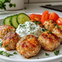 To make Greek turkey meatballs, you need some simple and fresh ingredients. Here’s what you’ll need: - 1 pound ground turkey - 1/2 cup breadcrumbs (preferably whole wheat) - 1/4 cup grated Parmesan cheese - 1/4 cup fresh parsley, chopped - 2 cloves garlic, minced - 1 small red onion, finely chopped - 1 teaspoon dried oregano - 1 teaspoon ground cumin - 1/2 teaspoon salt - 1/4 teaspoon black pepper - 1 large egg - 1 tablespoon lemon juice - 1/4 cup tzatziki sauce (for serving) - Fresh cucumber and tomato slices (for garnish) These ingredients work together to create a burst of flavor. Ground turkey keeps the meatballs lean. Breadcrumbs and cheese add texture. Fresh parsley and garlic bring a bright taste. The spices, such as oregano and cumin, give the meatballs a unique flavor. Using fresh lemon juice adds a zesty kick. Tzatziki sauce complements the meatballs perfectly with its cool creaminess. Feel free to adjust the quantities to your taste. You can add more garlic for a stronger flavor. Using whole wheat breadcrumbs makes these meatballs healthier. Enjoy preparing this dish! {{ingredient_image_1}} First, you need to preheat your oven to 400°F (200°C). This step is key to getting the meatballs nice and brown. While the oven heats, line a baking sheet with parchment paper. This will help the meatballs cook evenly and make cleanup easy. Next, gather all your ingredients. You will need ground turkey, breadcrumbs, Parmesan cheese, parsley, garlic, red onion, oregano, cumin, salt, pepper, an egg, and lemon juice. Having everything ready makes mixing easier. In a large mixing bowl, combine the ground turkey, breadcrumbs, and grated Parmesan cheese. Add the chopped parsley, minced garlic, and finely chopped red onion. Sprinkle in the dried oregano, ground cumin, salt, and black pepper. In a separate small bowl, whisk the egg and lemon juice together. Once mixed, pour this into the turkey mixture. Use your hands to mix everything well. Make sure there are no dry spots. The mixture should feel sticky and well combined. Now, it’s time to shape the meatballs. Take small amounts of the mixture and roll them into 1-inch balls. Place the meatballs on the lined baking sheet, leaving some space between them. This helps them cook evenly. Bake the meatballs in the preheated oven for 20-25 minutes. They are done when they are golden brown and cooked through. To check doneness, you can cut one open. It should be no longer pink in the center. After baking, let them cool slightly before serving. Enjoy them warm with tzatziki sauce and fresh cucumber and tomato slices! To keep your meatballs moist, use ground turkey with some fat. This helps maintain juiciness. Adding breadcrumbs and egg also helps. They act as binders and keep the meatballs from drying out. Form meatballs gently. If you pack them too tight, they will be dense. For great flavor, season your meat mixture well. Use salt, pepper, oregano, and cumin. These spices add depth and warmth. Fresh herbs like parsley brighten the dish. Don’t be shy with garlic! It packs a punch and adds a nice kick. Serve these meatballs with tzatziki sauce. The cool sauce complements the warm meatballs. You can also pair them with fresh cucumber and tomato slices. They add crunch and freshness. For a complete meal, try serving with pita bread or a side salad. Pro Tips Use Fresh Herbs: Fresh parsley adds a vibrant flavor and color to the meatballs. Consider adding other fresh herbs like mint or dill for an extra twist. Don’t Overmix: When combining the ingredients, mix just until everything is incorporated. Overmixing can lead to tough meatballs. Check Doneness: Use a meat thermometer to ensure the internal temperature reaches 165°F (74°C) for safe consumption. Serve with Homemade Tzatziki: Elevate your dish by making your own tzatziki sauce using Greek yogurt, cucumber, garlic, and a splash of lemon juice. {{image_2}} If you have dietary needs, you can still enjoy Greek turkey meatballs. Here are some easy swaps: - Gluten-free options: Use gluten-free breadcrumbs or almond flour instead of regular breadcrumbs. This will keep the meatballs tasty and safe for those avoiding gluten. - Low-fat variations: Choose lean ground turkey or ground chicken. You can also cut back on cheese or skip it entirely for a lighter version. Changing up the flavors can make your meatballs exciting. Here’s how to do it: - Alternative herbs and spices: Instead of oregano, try dill or thyme. You can also add a pinch of red pepper flakes for some heat. Experiment with flavors to find what you love. - Adding vegetables: Mix in finely grated zucchini or shredded carrots. These add moisture and extra nutrition without changing the taste much. Meatballs are great for any meal. Here are some serving ideas: - How to serve meatballs as finger food: Make smaller meatballs, about half the size, for easy snacking. Serve them with toothpicks and a side of tzatziki for a fun appetizer. - Pairing meatballs with pasta or salads: Serve the meatballs over whole wheat pasta or a fresh salad. Drizzle with tzatziki or your favorite dressing for a complete meal. This will please everyone at the table! To store leftovers, place the meatballs in an airtight container. Make sure they cool down first. Cover the container tightly to keep moisture in. This way, your meatballs stay fresh and tasty. The best method for refrigerating meatballs is to layer them gently. If you stack them, use parchment paper between layers. This keeps them from sticking together. Freezing meatballs is a great way to save them for future meals. First, let the cooked meatballs cool completely. Then, arrange them in a single layer on a baking sheet. Freeze them for about 1-2 hours. Once frozen, transfer them to a freezer bag. This helps prevent freezer burn. For thawing, move the meatballs to the fridge overnight. Reheat them in the oven or microwave for a quick meal. Greek turkey meatballs can be stored safely in the fridge for up to three days. If frozen, they can last for about three months. Just remember to check for any signs of spoilage before eating. Always trust your senses! If they smell off or look strange, it’s best to throw them out. Keeping an eye on these guidelines helps you enjoy your meatballs at their best. Look for a few signs to tell if your meatballs are cooked. First, they should be golden brown on the outside. Next, use a meat thermometer. The inside should reach 165°F (74°C). If you cut one open, the meat should look white and no longer pink. The juices should run clear too. These signs help you avoid undercooked meat. Yes, you can make these meatballs ahead of time. Prepare them, and then store them in the fridge for up to two days. You can also freeze them. Just freeze the uncooked meatballs on a baking sheet, then transfer them to a freezer bag. They can stay frozen for up to three months. When you're ready, bake them straight from the freezer. Greek turkey meatballs pair well with many sides. You can serve them with a fresh salad. A Greek salad with cucumber, tomato, and feta is great. Another option is to serve them with warm pita bread. You can add tzatziki sauce for extra flavor. Rice or quinoa with herbs also works well. Enjoy them as a main dish or an appetizer. You learned how to make Greek turkey meatballs with common ingredients. We went through the steps to mix, shape, and bake them perfectly. I shared tips to keep them moist and flavorful. You now have options for dietary needs and serving ideas. Remember, these meatballs freeze well for easy meals later. Enjoy creating a tasty dish that satisfies your cravings and fits your needs. Your kitchen is ready for this delicious recipe!