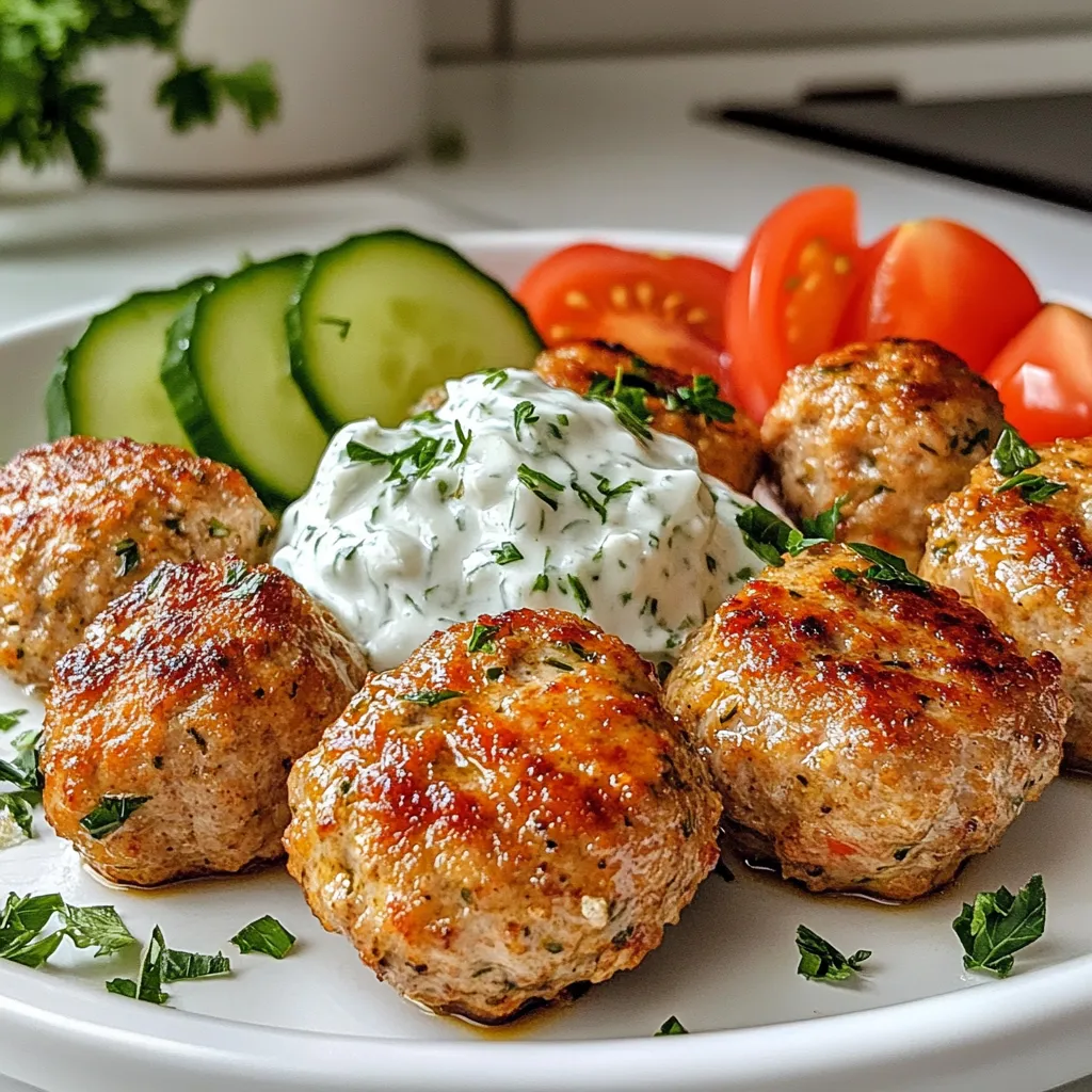 To make Greek turkey meatballs, you need some simple and fresh ingredients. Here’s what you’ll need: - 1 pound ground turkey - 1/2 cup breadcrumbs (preferably whole wheat) - 1/4 cup grated Parmesan cheese - 1/4 cup fresh parsley, chopped - 2 cloves garlic, minced - 1 small red onion, finely chopped - 1 teaspoon dried oregano - 1 teaspoon ground cumin - 1/2 teaspoon salt - 1/4 teaspoon black pepper - 1 large egg - 1 tablespoon lemon juice - 1/4 cup tzatziki sauce (for serving) - Fresh cucumber and tomato slices (for garnish) These ingredients work together to create a burst of flavor. Ground turkey keeps the meatballs lean. Breadcrumbs and cheese add texture. Fresh parsley and garlic bring a bright taste. The spices, such as oregano and cumin, give the meatballs a unique flavor. Using fresh lemon juice adds a zesty kick. Tzatziki sauce complements the meatballs perfectly with its cool creaminess. Feel free to adjust the quantities to your taste. You can add more garlic for a stronger flavor. Using whole wheat breadcrumbs makes these meatballs healthier. Enjoy preparing this dish! {{ingredient_image_1}} First, you need to preheat your oven to 400°F (200°C). This step is key to getting the meatballs nice and brown. While the oven heats, line a baking sheet with parchment paper. This will help the meatballs cook evenly and make cleanup easy. Next, gather all your ingredients. You will need ground turkey, breadcrumbs, Parmesan cheese, parsley, garlic, red onion, oregano, cumin, salt, pepper, an egg, and lemon juice. Having everything ready makes mixing easier. In a large mixing bowl, combine the ground turkey, breadcrumbs, and grated Parmesan cheese. Add the chopped parsley, minced garlic, and finely chopped red onion. Sprinkle in the dried oregano, ground cumin, salt, and black pepper. In a separate small bowl, whisk the egg and lemon juice together. Once mixed, pour this into the turkey mixture. Use your hands to mix everything well. Make sure there are no dry spots. The mixture should feel sticky and well combined. Now, it’s time to shape the meatballs. Take small amounts of the mixture and roll them into 1-inch balls. Place the meatballs on the lined baking sheet, leaving some space between them. This helps them cook evenly. Bake the meatballs in the preheated oven for 20-25 minutes. They are done when they are golden brown and cooked through. To check doneness, you can cut one open. It should be no longer pink in the center. After baking, let them cool slightly before serving. Enjoy them warm with tzatziki sauce and fresh cucumber and tomato slices! To keep your meatballs moist, use ground turkey with some fat. This helps maintain juiciness. Adding breadcrumbs and egg also helps. They act as binders and keep the meatballs from drying out. Form meatballs gently. If you pack them too tight, they will be dense. For great flavor, season your meat mixture well. Use salt, pepper, oregano, and cumin. These spices add depth and warmth. Fresh herbs like parsley brighten the dish. Don’t be shy with garlic! It packs a punch and adds a nice kick. Serve these meatballs with tzatziki sauce. The cool sauce complements the warm meatballs. You can also pair them with fresh cucumber and tomato slices. They add crunch and freshness. For a complete meal, try serving with pita bread or a side salad. Pro Tips Use Fresh Herbs: Fresh parsley adds a vibrant flavor and color to the meatballs. Consider adding other fresh herbs like mint or dill for an extra twist. Don’t Overmix: When combining the ingredients, mix just until everything is incorporated. Overmixing can lead to tough meatballs. Check Doneness: Use a meat thermometer to ensure the internal temperature reaches 165°F (74°C) for safe consumption. Serve with Homemade Tzatziki: Elevate your dish by making your own tzatziki sauce using Greek yogurt, cucumber, garlic, and a splash of lemon juice. {{image_2}} If you have dietary needs, you can still enjoy Greek turkey meatballs. Here are some easy swaps: - Gluten-free options: Use gluten-free breadcrumbs or almond flour instead of regular breadcrumbs. This will keep the meatballs tasty and safe for those avoiding gluten. - Low-fat variations: Choose lean ground turkey or ground chicken. You can also cut back on cheese or skip it entirely for a lighter version. Changing up the flavors can make your meatballs exciting. Here’s how to do it: - Alternative herbs and spices: Instead of oregano, try dill or thyme. You can also add a pinch of red pepper flakes for some heat. Experiment with flavors to find what you love. - Adding vegetables: Mix in finely grated zucchini or shredded carrots. These add moisture and extra nutrition without changing the taste much. Meatballs are great for any meal. Here are some serving ideas: - How to serve meatballs as finger food: Make smaller meatballs, about half the size, for easy snacking. Serve them with toothpicks and a side of tzatziki for a fun appetizer. - Pairing meatballs with pasta or salads: Serve the meatballs over whole wheat pasta or a fresh salad. Drizzle with tzatziki or your favorite dressing for a complete meal. This will please everyone at the table! To store leftovers, place the meatballs in an airtight container. Make sure they cool down first. Cover the container tightly to keep moisture in. This way, your meatballs stay fresh and tasty. The best method for refrigerating meatballs is to layer them gently. If you stack them, use parchment paper between layers. This keeps them from sticking together. Freezing meatballs is a great way to save them for future meals. First, let the cooked meatballs cool completely. Then, arrange them in a single layer on a baking sheet. Freeze them for about 1-2 hours. Once frozen, transfer them to a freezer bag. This helps prevent freezer burn. For thawing, move the meatballs to the fridge overnight. Reheat them in the oven or microwave for a quick meal. Greek turkey meatballs can be stored safely in the fridge for up to three days. If frozen, they can last for about three months. Just remember to check for any signs of spoilage before eating. Always trust your senses! If they smell off or look strange, it’s best to throw them out. Keeping an eye on these guidelines helps you enjoy your meatballs at their best. Look for a few signs to tell if your meatballs are cooked. First, they should be golden brown on the outside. Next, use a meat thermometer. The inside should reach 165°F (74°C). If you cut one open, the meat should look white and no longer pink. The juices should run clear too. These signs help you avoid undercooked meat. Yes, you can make these meatballs ahead of time. Prepare them, and then store them in the fridge for up to two days. You can also freeze them. Just freeze the uncooked meatballs on a baking sheet, then transfer them to a freezer bag. They can stay frozen for up to three months. When you're ready, bake them straight from the freezer. Greek turkey meatballs pair well with many sides. You can serve them with a fresh salad. A Greek salad with cucumber, tomato, and feta is great. Another option is to serve them with warm pita bread. You can add tzatziki sauce for extra flavor. Rice or quinoa with herbs also works well. Enjoy them as a main dish or an appetizer. You learned how to make Greek turkey meatballs with common ingredients. We went through the steps to mix, shape, and bake them perfectly. I shared tips to keep them moist and flavorful. You now have options for dietary needs and serving ideas. Remember, these meatballs freeze well for easy meals later. Enjoy creating a tasty dish that satisfies your cravings and fits your needs. Your kitchen is ready for this delicious recipe!
