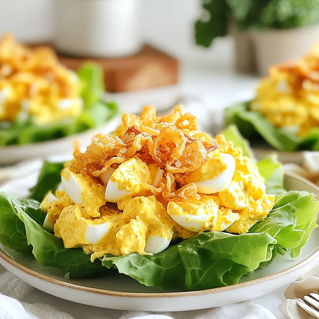 To make a delicious Crispy Egg Salad, you need these ingredients: - 6 large eggs - 1/2 cup Greek yogurt - 2 tablespoons mayonnaise - 1 tablespoon Dijon mustard - 1 teaspoon fresh dill, chopped - 1/4 cup celery, finely diced - 1/4 cup red onion, finely diced - Salt and pepper to taste - 1/3 cup crispy fried onions (store-bought or homemade) - Fresh lettuce leaves for serving You can swap some ingredients to fit your taste or needs. Here are my suggestions: - Use sour cream instead of Greek yogurt for a tangy flavor. - Replace mayonnaise with extra yogurt for a lighter dish. - Try yellow mustard in place of Dijon if you want a milder taste. - If you don’t like dill, fresh parsley works well too. - Add chopped pickles for a zesty crunch instead of celery. Fresh ingredients make a big difference. They enhance the taste and texture of your salad. Here’s why: - Fresh eggs provide the best flavor and creamy texture. - Crisp celery and red onion add crunch and sweetness. - Using fresh herbs boosts the salad's aroma and taste. - Quality Greek yogurt and mayonnaise ensure creaminess without heaviness. When you use fresh ingredients, your Crispy Egg Salad will shine on any table! {{ingredient_image_1}} First, gather six large eggs and a pot. Place the eggs in the pot and cover them with water. Turn on the heat and bring the water to a boil. Let it boil for 9 to 12 minutes. After that, remove the pot from heat. Cover the pot and let the eggs sit for another 5 minutes. This step helps to ensure the yolks are cooked just right. Now, it's time to cool the eggs. Carefully transfer them to an ice bath. This helps stop the cooking process. Let them sit in the ice bath for about 5 minutes. Once they are cool, gently tap the eggs on a hard surface. Start peeling them, and chop each egg into quarter-sized pieces. In a mixing bowl, add 1/2 cup Greek yogurt, 2 tablespoons mayonnaise, and 1 tablespoon Dijon mustard. Then, add 1 teaspoon of fresh dill, chopped. Sprinkle in salt and pepper to taste. Mix everything together until it is creamy and smooth. This dressing will bring great flavor to your egg salad. Now, gently fold in the chopped eggs, 1/4 cup finely diced celery, and 1/4 cup finely diced red onion. Make sure all the pieces are well coated with the dressing. Be careful not to mash the eggs, or it will lose its nice texture. Next, fold in 1/3 cup of crispy fried onions. Save some for topping later. This is where the crunch comes in! To serve, take some fresh lettuce leaves and arrange them on a plate. Scoop the egg salad mixture onto the leaves. For a final touch, sprinkle the reserved crispy fried onions on top. This adds extra crunch and makes the dish look even more delicious. Enjoy your Crispy Egg Salad packed with flavor! To get that great crispy texture, you need to add fried onions. They give a nice crunch that makes a big difference. You can buy them or make them at home. If you want to make them, slice onions thin, coat in flour, and fry until golden. Add them last to keep them crispy. To avoid mashing the eggs, chop them gently. Use a sharp knife for clean cuts. Mix the eggs with the dressing carefully. Folding, not stirring, helps keep the eggs intact. This way, you have nice chunks of egg in your salad. You can change this egg salad to fit your taste. Add chopped pickles for tang. You can mix in diced bell peppers for color and crunch. Want some heat? Try adding diced jalapeños or a dash of hot sauce. The options are endless, so have fun! Pro Tips Perfectly Boiled Eggs: To achieve the ideal hard-boiled egg, start with room temperature eggs and an ice bath to stop the cooking process immediately after boiling. Flavor Boosting: Add a splash of lemon juice or a pinch of smoked paprika to the dressing for an extra layer of flavor in your egg salad. Texture Matters: For a delightful variation, consider adding chopped pickles or capers to enhance the crunch and tanginess of your egg salad. Serving Suggestions: Serve the egg salad on toasted bread or in a wrap for a satisfying meal, or keep it light by using lettuce leaves as a low-carb alternative. {{image_2}} Bacon adds a lovely crunch to egg salad. Use 4 slices of cooked bacon. Chop it into bits. Fold the bacon into the egg salad mix. The salty flavor pairs well with the creamy dressing. This adds a savory touch. You can serve it on toast or in a wrap. It's a great option for breakfast or lunch. Avocado brings creaminess and healthy fats. Substitute half of the Greek yogurt with ripe avocado. Mash the avocado before mixing it in. This adds a rich flavor and smooth texture. You can also add lime juice for a zesty kick. Serve it on whole grain bread or lettuce wraps. This version is perfect for a light meal. Spice lovers will enjoy this variation. Add 1-2 finely chopped jalapeños to the salad. Adjust the amount based on your spice level. The heat from the jalapeños balances the creaminess of the dressing. You can also sprinkle in some hot sauce. This adds a flavor punch that wakes up your taste buds. Serve it with tortilla chips for a fun twist. To keep your crispy egg salad fresh, store it in an airtight container. This prevents air from getting in and keeps the salad moist. Make sure to press out any extra air before sealing. If you need to store it for longer, consider dividing it into smaller portions. This way, you can grab just what you need later. Crispy egg salad lasts up to three days in the fridge. The key is to keep it cold. If you see any changes in color or smell, it's better to toss it. Always check for freshness before eating. When reheating, avoid microwaving the entire salad. This can make it mushy. Instead, heat only what you will eat. You can warm it gently on the stove or in the microwave for a few seconds. Add fresh crispy onions after reheating for that delightful crunch. The best way to boil eggs starts with a pot and water. Place the eggs in the pot and cover them with water. Bring it to a boil. Once boiling, reduce the heat and let the eggs cook for 9 to 12 minutes. After that, remove the pot from heat. Cover it and let the eggs sit for 5 more minutes. This method gives you firm eggs without the gray ring. Yes, you can make Crispy Egg Salad in advance. It tastes even better after the flavors mix. Prepare the salad and store it in an airtight container. Keep it in the fridge for up to three days. Just remember to add the crispy fried onions right before serving. It keeps the salad crunchy and fresh. You can use a variety of crunchy toppings for your egg salad. Here are some ideas: - Crispy fried onions - Chopped nuts like walnuts or almonds - Toasted breadcrumbs - Crunchy veggies like radishes or cucumber These toppings add great texture and flavor. Mix and match to find your favorite combo! Yes, Greek yogurt is a great substitute for mayonnaise. It adds creaminess and tang. Plus, it’s lower in fat and higher in protein. You can use it in equal amounts when making your egg salad. This swap makes the dish healthier without losing flavor. In this blog post, we explored the key ingredients for a tasty crispy egg salad. We looked at how to prepare and combine these fresh elements for the best flavor. I shared tips for getting the right texture, along with fun variations you can try. Always remember that quality ingredients make your dish shine. Overall, this easy recipe gives you a tasty meal that you can customize. Enjoy experimenting in your kitchen and making your own version of crispy egg salad!