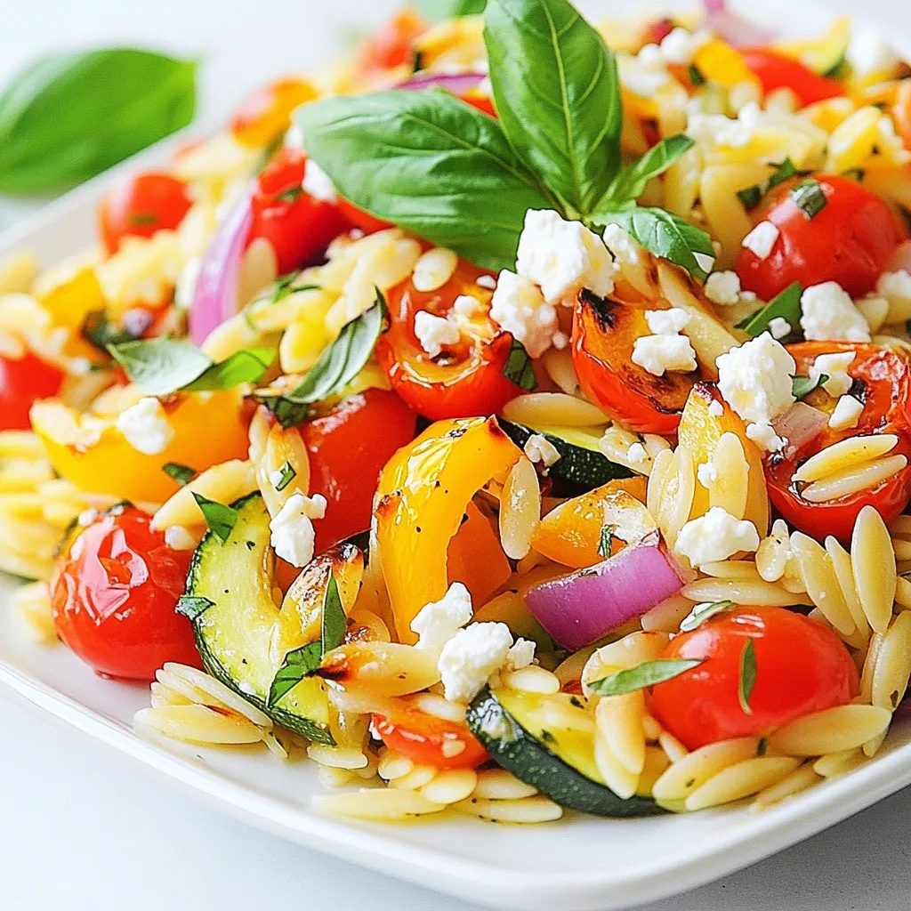- 1 cup orzo pasta - 2 cups mixed seasonal vegetables (bell peppers, zucchini, cherry tomatoes, and red onion), diced - 3 tablespoons olive oil - 1 teaspoon garlic powder - 1 teaspoon dried oregano - 1/2 teaspoon smoked paprika - 1/4 cup feta cheese, crumbled - Salt and pepper to taste - Fresh basil leaves Roasted vegetable orzo is a colorful dish that brightens any table. The main ingredients include orzo pasta and seasonal vegetables. I love using bell peppers, zucchini, cherry tomatoes, and red onions. These veggies add taste and color. Toss them with olive oil for a rich flavor. For seasoning, I use garlic powder, dried oregano, and smoked paprika. These spices give warmth and depth. Crumbled feta cheese adds a creamy touch. Salt and pepper round out the flavors well. To finish, I love garnishing with fresh basil leaves. They add a lovely aroma and a burst of flavor. This combination of ingredients makes roasted vegetable orzo a dish you want to share with friends and family. {{ingredient_image_1}} - Start by preheating your oven to 400°F (200°C). - In a large bowl, toss together 2 cups of diced seasonal vegetables. Use bell peppers, zucchini, cherry tomatoes, and red onion. Add 3 tablespoons of olive oil, 1 teaspoon of garlic powder, 1 teaspoon of dried oregano, 1/2 teaspoon of smoked paprika, and salt and pepper to taste. Mix until the veggies are well coated. - Spread the seasoned vegetables evenly on a baking sheet. - Roast them in the oven for about 20-25 minutes. Stir halfway through to help them cook evenly. You want them tender and slightly caramelized. - While the veggies roast, bring a pot of salted water to a boil. - Add 1 cup of orzo pasta and cook it until al dente, following the package instructions. Drain the orzo and set it aside. - Once your vegetables are done, take them out of the oven. - Combine the roasted vegetables with the cooked orzo in a large mixing bowl. - Gently fold in 1/4 cup of crumbled feta cheese. The heat from the orzo will slightly melt the cheese. - Finally, taste your dish. You may want to add more salt or pepper. Toss everything together well to ensure all flavors blend. To get the best flavor from your veggies, follow these tips: - Cut evenly: Chop your vegetables into similar-sized pieces. This helps them cook at the same rate. - Use a large pan: A big baking sheet allows air to flow. This prevents steaming and helps them roast nicely. - Don’t crowd the pan: Spread the vegetables out. If they are too close, they won’t caramelize well. When picking vegetables, choose seasonal options. Bell peppers, zucchini, cherry tomatoes, and red onion work great. These add color and flavor to your dish. To keep your orzo from turning mushy, follow this simple method: - Salt the water: Add salt to boiling water before cooking. This helps flavor the pasta. - Cook to al dente: Check the package for cooking time. Aim for a firm bite, not soft. Drain it quickly to stop cooking. If you want to try something different, you can swap orzo with other grains. Quinoa and farro are great alternatives. They add unique textures and flavors. To make your dish pop, consider these tips: - Add herbs: Fresh herbs like thyme or rosemary can boost taste. Mixing dried herbs like basil or parsley can also enhance flavors. - Mix in spices: Try adding a pinch of chili flakes for heat or more smoked paprika for a deeper flavor. For melting cheese, crumble the feta cheese into the warm orzo and veggies. The heat will gently melt it, adding creaminess to your dish. Enjoy the burst of flavor it provides! Pro Tips Choose Seasonal Vegetables: Using seasonal vegetables not only enhances the flavor but also ensures freshness and availability, making your dish more vibrant and nutritious. Perfectly Cooked Orzo: To achieve the ideal texture, cook the orzo just until al dente, as it will continue to soften when mixed with the hot roasted vegetables. Customize Your Seasoning: Feel free to experiment with different herbs and spices according to your taste, such as thyme or rosemary, to give the dish a unique twist. Serve with a Zesty Dressing: A drizzle of lemon juice or balsamic vinegar right before serving can brighten the flavors and add a refreshing touch to the dish. {{image_2}} You can easily modify this dish to meet your needs. For those seeking gluten-free options, try using gluten-free orzo. Many brands offer rice or quinoa-based orzo. They cook similarly and taste great when mixed with veggies. If you want a vegan version, simply replace the feta cheese. Try using vegan feta or omit the cheese altogether. You can add more roasted vegetables for creaminess or a nut-based cheese for added flavor. Using seasonal vegetables makes this dish fresh and vibrant. In spring, use asparagus and peas. Summer calls for eggplant and corn. In fall, opt for butternut squash and Brussels sprouts. Winter is great for root vegetables like carrots and parsnips. Don’t forget leafy greens! Spinach or kale can add color and nutrients. Stir them in at the end of cooking. They will wilt nicely and add a lovely texture. Roasted vegetable orzo pairs well with many side dishes. A simple green salad or garlic bread complements it perfectly. For a heartier meal, serve it with grilled chicken or shrimp. You can also turn this dish into a main course. Add protein like beans or chickpeas for extra nutrition. This makes it filling and satisfying. To store roasted vegetable orzo, first, cool it down to room temperature. Then, place it in an airtight container. This keeps the flavors fresh. You can store it in the fridge for up to 4 days. If you have a lot left, consider splitting it into smaller portions. To reheat, you can use the microwave or a skillet. For the microwave, place the orzo in a bowl, cover it, and add a splash of water. Heat in short bursts, stirring in between. If using a skillet, add a little olive oil and warm it over low heat. You can also enjoy this dish cold as a salad. Just add a drizzle of olive oil and a splash of lemon juice for a fresh taste. If you want to freeze roasted vegetable orzo, start by letting it cool completely. Then, place it in a freezer-safe container or a zip-top bag. Make sure to squeeze out as much air as possible. It can last for up to 3 months in the freezer. To thaw, move it to the fridge overnight. You can reheat it directly from frozen in a skillet, adding a bit of water to help it warm through. Yes, you can use other pastas. Options include small shells, ditalini, or even farro. Adjust cooking times based on the type of pasta you choose. For example, small shells may take a bit longer. Always check the package for specific cooking instructions. Great choices for roasting include bell peppers, zucchini, cherry tomatoes, and red onion. These vegetables add color and flavor. You can also try carrots, asparagus, or broccoli. The key is to use a mix that offers both taste and texture. To prep ahead, roast the vegetables and cook the orzo in advance. Store them separately in the fridge. When you are ready to eat, combine them and add feta cheese. This way, you keep the flavors fresh and vibrant. Yes, this dish is perfect for meal prep! Portion it into containers for easy lunches. Store it in the fridge for up to four days. For best taste, reheat only what you need. This keeps the dish fresh and tasty. This blog gave you a clear guide on making roasted vegetable orzo. You learned about the main ingredients, cooking steps, and tips for perfect results. The ideas for variations help you customize the dish to your taste. With all this, you can enjoy a tasty meal that's great for any occasion. Make it your own and share it with friends or family. Cooking should be fun and delicious!