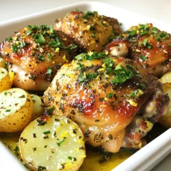 - 4 bone-in, skin-on chicken thighs - 1 pound baby potatoes, halved - Zest and juice of 1 large lemon - 2 teaspoons dried oregano - 2 teaspoons dried thyme - 1 teaspoon smoked paprika For this recipe, I use chicken thighs. They stay moist and tasty. The baby potatoes add a comforting touch. Halving them helps them cook evenly. The lemon zest and juice bring brightness. The herbs add rich flavor. Smoked paprika gives a nice depth. - 3 tablespoons olive oil - 4 cloves garlic, minced - Salt and pepper to taste I always have olive oil on hand. It helps the chicken and potatoes roast well. Minced garlic adds warmth and aroma. Lastly, salt and pepper balance the dish. They enhance all the flavors. - Fresh parsley, chopped - Additional lemon slices Fresh parsley adds color and freshness. It makes the dish look vibrant. Lemon slices can brighten your plate too. They also add a zesty pop when served. First, preheat your oven to 425°F (220°C). This high heat ensures crispy skin and tender meat. While the oven heats, let’s make the marinade. In a small bowl, whisk together 3 tablespoons of olive oil, the zest and juice of 1 large lemon, 4 minced garlic cloves, 2 teaspoons of dried oregano, 2 teaspoons of dried thyme, 1 teaspoon of smoked paprika, and a pinch of salt and pepper. This mixture adds flavor and moisture to the chicken. Now it's time to marinate the chicken. Place 4 bone-in, skin-on chicken thighs in a large zip-top bag or bowl. Pour half of the marinade over the chicken. Seal the bag or cover the bowl, then massage the chicken to coat it well. Let it sit for at least 30 minutes. For deeper flavor, you can marinate it for up to 4 hours in the fridge. This step is key for juicy, tasty chicken. Next, prepare your sheet pan. Line a large sheet pan with parchment paper. This makes cleanup easier. Now, take the marinated chicken and arrange it in the center of the pan, skin-side up. Scatter 1 pound of halved baby potatoes around the chicken. Drizzle the remaining marinade over the potatoes and toss them to coat. This way, both the chicken and potatoes soak up all that delicious flavor. To get juicy chicken, cook it to an internal temperature of 165°F (75°C). This ensures it is safe to eat and still moist. For crispy skin, start with bone-in, skin-on thighs. High heat helps achieve that golden brown look. Bake at 425°F (220°C) and consider broiling for a few minutes. Keep a close eye while broiling to avoid burning. For tender potatoes, choose baby potatoes. Halve them for faster cooking. Toss them in the marinade to infuse flavor. Bake them alongside the chicken for about 35-40 minutes. To check doneness, pierce a potato with a fork. If it goes in easily, they are ready. Easy cleanup starts with lining your sheet pan with parchment paper. This prevents sticking and makes cleanup a breeze. After cooking, let the pan soak in warm, soapy water for easy scrubbing. For best results, use a heavy-duty sheet pan. It distributes heat evenly and helps with browning. {{image_2}} You can swap out chicken thighs for other proteins. Try bone-in chicken breasts or drumsticks. For a lighter option, use skinless chicken pieces. If you prefer beef, select a tender cut like sirloin. Adjust cooking times based on the meat you use. Chicken takes about 35-40 minutes at 425°F (220°C). Beef will need 45-50 minutes to reach a safe temperature. Always check with a meat thermometer to ensure safety. Herbs can change the dish's taste. For a twist, use fresh rosemary or basil instead of oregano and thyme. You can also add spices like cumin or coriander for a different flair. Consider including veggies like bell peppers, zucchini, or carrots. Toss them with the same marinade and roast alongside the chicken and potatoes. This adds color and nutrients to your meal. Making this dish gluten-free is easy. All ingredients listed are naturally gluten-free. Just double-check any store-bought items for hidden gluten. For dairy-free options, skip any butter or creamy sauces. This recipe stands alone without dairy. You can also use coconut oil instead of olive oil for a different flavor profile. Enjoy a hearty meal that fits your dietary needs while still being delicious. To keep your Lemon Herb Chicken and potatoes fresh, follow these steps: - Let the dish cool to room temperature. - Place leftovers in airtight containers. - Refrigerate within two hours of cooking. - Use glass or plastic containers that seal well. These steps help prevent bacteria. Store your leftovers for up to three days. When reheating, keep the chicken juicy and the potatoes soft. Here’s how to do it: - Preheat your oven to 350°F (175°C). - Place chicken and potatoes on a baking sheet. - Cover with foil to trap moisture. Heat for about 20 minutes. Check to ensure it’s warmed through without drying out. The chicken should still be juicy and tasty. If you want to save some for later, freezing is a great option. Here’s how: - Allow the dish to cool completely. - Use freezer-safe containers or heavy-duty freezer bags. - Label with the date before placing in the freezer. For thawing, move the dish to the fridge overnight. Reheat as mentioned above. Enjoy the flavors even after freezing! You can prepare this dish in advance. Marinate the chicken and season the potatoes. Store them in the fridge. This way, the flavors soak in well. I recommend making it a few hours before. You can also prepare it the night before. Just cover it tightly in the fridge. For storage, use a sealed container. This keeps the chicken and potatoes fresh. When ready to cook, you can bake them straight from the fridge. Just add a few extra minutes to the cooking time. If you don’t have fresh herbs, use dried herbs instead. Dried herbs work well in this recipe. Use about one-third of the amount of dried herbs. For example, if the recipe calls for two teaspoons of fresh oregano, use about two-thirds of a teaspoon of dried oregano. You can also try other herbs. Basil and rosemary can add nice flavors too. Adjust to your taste, and don’t worry too much. Cooking is all about finding what you love. You can tell the chicken is done by looking for a golden brown color. The skin should be crispy and not pink. The meat should feel firm when you press it. For the best accuracy, use a meat thermometer. Insert it into the thickest part of the chicken. It should read 165°F (75°C) to be safe. This ensures your chicken is cooked through and juicy. In this blog post, we explored how to make a dish that features chicken and potatoes. I shared the key ingredients like fresh herbs, olive oil, and garlic. We talked about preparing and marinating the chicken, arranging it on a sheet pan, and roasting it to perfection. I offered tips for crispy skin and tender potatoes. Lastly, I discussed storage, reheating, and variations for dietary needs. With these steps, you'll create a tasty meal every time. Enjoy your cooking journey!