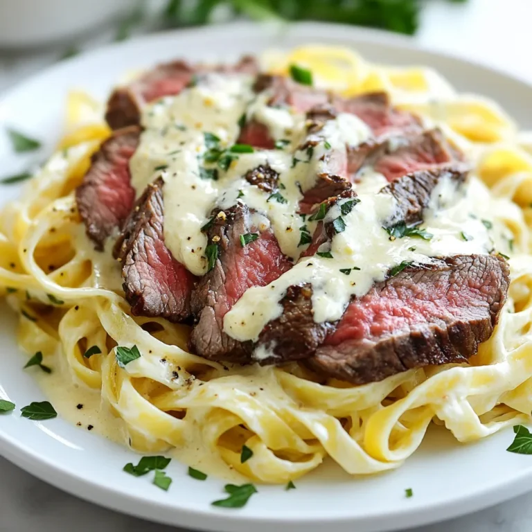 - 8 oz fettuccine pasta - 1 lb flank steak, thinly sliced - 2 tablespoons olive oil - 3 cloves garlic, minced - 1 cup heavy cream - 1 cup beef broth - 1/2 cup grated Parmesan cheese - 1 teaspoon Italian seasoning - Salt and pepper to taste - Fresh parsley, chopped (for garnish) Gather these ingredients to make a hearty and creamy steak pasta dish. Fettuccine provides a nice base. Flank steak offers great flavor and texture. The olive oil helps in cooking the steak and garlic. Fresh garlic adds a warm depth to the sauce. Heavy cream makes the sauce rich and smooth. Beef broth brings a savory touch. Grated Parmesan cheese adds a salty kick. Italian seasoning enhances the overall flavor. Salt and pepper bring balance. Lastly, fresh parsley gives a bright finish. Having these ingredients ready makes cooking easier. You can prepare everything in about 30 minutes. This dish is perfect for a cozy dinner or impressing friends. With these items on hand, you are set to create a delightful meal. {{ingredient_image_1}} 1. Start by bringing a large pot of water to a boil. Add a good pinch of salt. 2. Once boiling, add 8 oz of fettuccine pasta. Cook it until it is al dente, about 8-10 minutes. 3. After cooking, drain the pasta but save 1/2 cup of pasta water for later. 1. Take 1 lb of flank steak and slice it thinly. Season it with salt and pepper. 2. Heat 1 tablespoon of olive oil in a large skillet over medium-high heat. 3. Once hot, add the steak in a single layer. Sear the steak for 2-3 minutes on each side until browned. 4. Remove the steak from the skillet and set it aside. 1. In the same skillet, add another tablespoon of olive oil and 3 minced garlic cloves. Sauté for about 1 minute until you smell the garlic. 2. Slowly pour in 1 cup of beef broth and 1 cup of heavy cream. Stir well to mix everything. 3. Bring the sauce to a simmer and let it cook for 3-4 minutes. This will help thicken the sauce. 4. Stir in 1/2 cup of grated Parmesan cheese and 1 teaspoon of Italian seasoning. If the sauce is too thick, add a splash of reserved pasta water. 1. Toss the cooked fettuccine and seared steak into the cream sauce. Mix gently to coat everything. 2. Taste your dish and adjust seasoning with extra salt and pepper if needed. 1. Divide the creamy steak pasta among plates. 2. Garnish each plate with fresh chopped parsley for a nice touch. For a tender bite, flank steak works well. This cut has great flavor and cooks quickly. When you slice flank steak, always cut against the grain. This helps keep each bite tender and easy to chew. Look for small, thin lines on the meat. Make sure your knife is sharp; this makes slicing easier. To get that perfect cream sauce, watch the heat. Simmering is key to thickening it. If your sauce is too thick, don’t worry! Just add a splash of reserved pasta water. It helps loosen the sauce without losing flavor. For extra taste, try adding spices like garlic powder or red pepper flakes. These can elevate the dish and make it your own. Prep ahead to make cooking smooth. You can slice the steak and mince the garlic in advance. Store them in the fridge until you're ready to cook. If you have leftovers, store them in an airtight container. To reheat, use a low heat on the stove. This keeps the cream sauce from separating and keeps it creamy. Pro Tips Rest Your Steak: Allow the seared steak to rest for a few minutes before slicing. This helps retain its juices, making each bite more tender and flavorful. Use Fresh Ingredients: Whenever possible, opt for fresh garlic and herbs. Fresh ingredients elevate the flavor profile of the dish significantly. Adjust Creaminess: If you prefer a lighter sauce, consider substituting half of the heavy cream with low-fat milk. This will reduce calories while maintaining a creamy texture. Garnish Wisely: Fresh parsley not only adds color but also a burst of flavor. Always sprinkle it just before serving to keep it vibrant and fresh. {{image_2}} You can switch up the pasta type for a fun twist. While I love fettuccine, penne and linguine also work well. Penne has a nice bite and holds sauce well. Linguine offers a flat shape that pairs nicely with steak. Experiment with these options to find your favorite! Want to add some greens? Broccoli and spinach are great choices. Broccoli adds crunch and color. You can steam it lightly and toss it in. Spinach wilts down and blends with the sauce. Just stir it in right before serving for a fresh touch. Do you like heat? Add red pepper flakes or hot sauce to the mix. Start with a pinch of red pepper flakes in the sauce. If you love spice, add more! A few dashes of hot sauce can also kick it up. Adjust to your taste for a zesty finish! To keep your steak pasta fresh, store leftovers in an airtight container. Make sure to cool the pasta before sealing it. Place it in the fridge within two hours of cooking. This helps prevent bacteria from forming. Use the pasta within 3-4 days for the best taste and quality. Freezing creamy dishes can be tricky. The cream may separate upon thawing. To freeze, let the pasta cool completely. Then, place it in a freezer-safe container. It’s best to freeze it without the cream sauce. You can add the sauce when you reheat it. Use the frozen pasta within 2-3 months for the best flavor. Reheating steak pasta requires care. Use a microwave or a skillet for best results. If using a microwave, cover the dish to keep moisture in. Heat in short bursts, stirring in between. If using a skillet, add a splash of beef broth or cream. Heat over low until warmed through, stirring often to prevent sticking. This helps keep the sauce smooth and creamy. Yes, you can use half-and-half or coconut cream. Half-and-half gives a lighter sauce. Coconut cream adds a hint of sweetness. Both options work well in this dish. Each will change the flavor slightly, but not in a bad way. Experiment to find what you like best! To make steak pasta gluten-free, swap regular pasta for gluten-free pasta. Many brands offer tasty options. Look for rice, quinoa, or chickpea pasta. These will provide a similar texture. Just cook them according to package instructions. Great sides include a fresh salad or garlic bread. A crisp salad adds a nice crunch. Garlic bread is perfect for soaking up sauce. You can even try steamed veggies for a healthy touch. Each side enhances the meal in its own way. This blog post provides a clear guide to making a delicious steak and fettuccine dish. We covered the key ingredients, step-by-step instructions, and tips for success. You can choose between different pasta or add veggies for a twist. Storing and reheating leftovers is easy with the right methods. Enjoy making this meal, and remember, cooking is all about trying new things and having fun! Dive into your kitchen adventure and savor every bite.