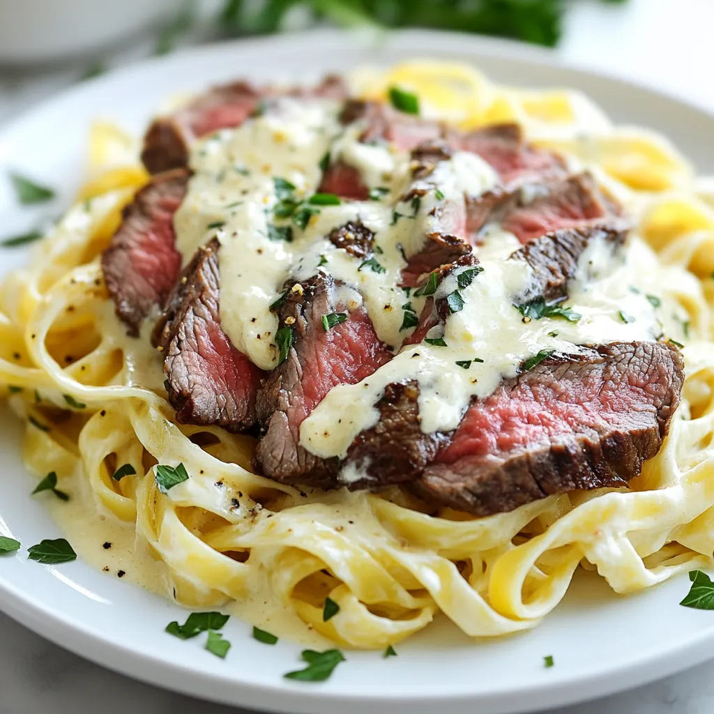 - 8 oz fettuccine pasta - 1 lb flank steak, thinly sliced - 2 tablespoons olive oil - 3 cloves garlic, minced - 1 cup heavy cream - 1 cup beef broth - 1/2 cup grated Parmesan cheese - 1 teaspoon Italian seasoning - Salt and pepper to taste - Fresh parsley, chopped (for garnish) Gather these ingredients to make a hearty and creamy steak pasta dish. Fettuccine provides a nice base. Flank steak offers great flavor and texture. The olive oil helps in cooking the steak and garlic. Fresh garlic adds a warm depth to the sauce. Heavy cream makes the sauce rich and smooth. Beef broth brings a savory touch. Grated Parmesan cheese adds a salty kick. Italian seasoning enhances the overall flavor. Salt and pepper bring balance. Lastly, fresh parsley gives a bright finish. Having these ingredients ready makes cooking easier. You can prepare everything in about 30 minutes. This dish is perfect for a cozy dinner or impressing friends. With these items on hand, you are set to create a delightful meal. {{ingredient_image_1}} 1. Start by bringing a large pot of water to a boil. Add a good pinch of salt. 2. Once boiling, add 8 oz of fettuccine pasta. Cook it until it is al dente, about 8-10 minutes. 3. After cooking, drain the pasta but save 1/2 cup of pasta water for later. 1. Take 1 lb of flank steak and slice it thinly. Season it with salt and pepper. 2. Heat 1 tablespoon of olive oil in a large skillet over medium-high heat. 3. Once hot, add the steak in a single layer. Sear the steak for 2-3 minutes on each side until browned. 4. Remove the steak from the skillet and set it aside. 1. In the same skillet, add another tablespoon of olive oil and 3 minced garlic cloves. Sauté for about 1 minute until you smell the garlic. 2. Slowly pour in 1 cup of beef broth and 1 cup of heavy cream. Stir well to mix everything. 3. Bring the sauce to a simmer and let it cook for 3-4 minutes. This will help thicken the sauce. 4. Stir in 1/2 cup of grated Parmesan cheese and 1 teaspoon of Italian seasoning. If the sauce is too thick, add a splash of reserved pasta water. 1. Toss the cooked fettuccine and seared steak into the cream sauce. Mix gently to coat everything. 2. Taste your dish and adjust seasoning with extra salt and pepper if needed. 1. Divide the creamy steak pasta among plates. 2. Garnish each plate with fresh chopped parsley for a nice touch. For a tender bite, flank steak works well. This cut has great flavor and cooks quickly. When you slice flank steak, always cut against the grain. This helps keep each bite tender and easy to chew. Look for small, thin lines on the meat. Make sure your knife is sharp; this makes slicing easier. To get that perfect cream sauce, watch the heat. Simmering is key to thickening it. If your sauce is too thick, don’t worry! Just add a splash of reserved pasta water. It helps loosen the sauce without losing flavor. For extra taste, try adding spices like garlic powder or red pepper flakes. These can elevate the dish and make it your own. Prep ahead to make cooking smooth. You can slice the steak and mince the garlic in advance. Store them in the fridge until you're ready to cook. If you have leftovers, store them in an airtight container. To reheat, use a low heat on the stove. This keeps the cream sauce from separating and keeps it creamy. Pro Tips Rest Your Steak: Allow the seared steak to rest for a few minutes before slicing. This helps retain its juices, making each bite more tender and flavorful. Use Fresh Ingredients: Whenever possible, opt for fresh garlic and herbs. Fresh ingredients elevate the flavor profile of the dish significantly. Adjust Creaminess: If you prefer a lighter sauce, consider substituting half of the heavy cream with low-fat milk. This will reduce calories while maintaining a creamy texture. Garnish Wisely: Fresh parsley not only adds color but also a burst of flavor. Always sprinkle it just before serving to keep it vibrant and fresh. {{image_2}} You can switch up the pasta type for a fun twist. While I love fettuccine, penne and linguine also work well. Penne has a nice bite and holds sauce well. Linguine offers a flat shape that pairs nicely with steak. Experiment with these options to find your favorite! Want to add some greens? Broccoli and spinach are great choices. Broccoli adds crunch and color. You can steam it lightly and toss it in. Spinach wilts down and blends with the sauce. Just stir it in right before serving for a fresh touch. Do you like heat? Add red pepper flakes or hot sauce to the mix. Start with a pinch of red pepper flakes in the sauce. If you love spice, add more! A few dashes of hot sauce can also kick it up. Adjust to your taste for a zesty finish! To keep your steak pasta fresh, store leftovers in an airtight container. Make sure to cool the pasta before sealing it. Place it in the fridge within two hours of cooking. This helps prevent bacteria from forming. Use the pasta within 3-4 days for the best taste and quality. Freezing creamy dishes can be tricky. The cream may separate upon thawing. To freeze, let the pasta cool completely. Then, place it in a freezer-safe container. It’s best to freeze it without the cream sauce. You can add the sauce when you reheat it. Use the frozen pasta within 2-3 months for the best flavor. Reheating steak pasta requires care. Use a microwave or a skillet for best results. If using a microwave, cover the dish to keep moisture in. Heat in short bursts, stirring in between. If using a skillet, add a splash of beef broth or cream. Heat over low until warmed through, stirring often to prevent sticking. This helps keep the sauce smooth and creamy. Yes, you can use half-and-half or coconut cream. Half-and-half gives a lighter sauce. Coconut cream adds a hint of sweetness. Both options work well in this dish. Each will change the flavor slightly, but not in a bad way. Experiment to find what you like best! To make steak pasta gluten-free, swap regular pasta for gluten-free pasta. Many brands offer tasty options. Look for rice, quinoa, or chickpea pasta. These will provide a similar texture. Just cook them according to package instructions. Great sides include a fresh salad or garlic bread. A crisp salad adds a nice crunch. Garlic bread is perfect for soaking up sauce. You can even try steamed veggies for a healthy touch. Each side enhances the meal in its own way. This blog post provides a clear guide to making a delicious steak and fettuccine dish. We covered the key ingredients, step-by-step instructions, and tips for success. You can choose between different pasta or add veggies for a twist. Storing and reheating leftovers is easy with the right methods. Enjoy making this meal, and remember, cooking is all about trying new things and having fun! Dive into your kitchen adventure and savor every bite.