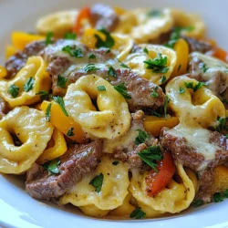 - Cheese Tortellini - Ribeye Steak - Bell Pepper and Onion - Provolone Cheese and Beef Broth - Olive Oil, Garlic, and Seasonings To make Cheesesteak Tortellini in Provolone Sauce, gather these fresh ingredients. Start with a package of cheese tortellini. This pasta adds a rich flavor and texture. Next, slice one pound of ribeye steak. This cut of meat is tender and adds a savory taste. You will also need one bell pepper. You can choose red or green, based on your preference. Next, use one medium onion, sliced to add sweetness. For a punch of flavor, include three cloves of minced garlic. This will enhance the dish. You also need one cup of provolone cheese, shredded. This cheese melts beautifully and adds creaminess. Use one cup of beef broth to create a savory sauce. Two tablespoons of olive oil will help cook the steak and veggies. Lastly, season with salt and pepper to taste. This simple seasoning elevates all the flavors. You can also chop fresh parsley for garnish. It adds a touch of color and freshness. Now that you have all the ingredients, you are ready to cook. Each element plays a key role in this delightful dish. Enjoy the process of combining these ingredients to create a warm and hearty meal! {{ingredient_image_1}} To cook the tortellini, start by boiling water. Add a pinch of salt to the pot. Once it boils, add the cheese tortellini. Cook them as directed on the package, usually about 3-5 minutes. You want them to be al dente. After cooking, drain the tortellini in a colander. Set them aside so they can rest while you prepare the other ingredients. Next, heat a large skillet over medium-high heat. Add one tablespoon of olive oil. When the oil is hot, add the thinly sliced ribeye steak. Season it well with salt and pepper. Cook the steak for about 3-4 minutes. It should brown nicely. Once done, remove it from the skillet and set it aside. This keeps it juicy and tender. In the same skillet, add another tablespoon of olive oil. Then, toss in the sliced onion and bell pepper. Sauté them for about 5-6 minutes until they soften. Stir them often to ensure even cooking. After that, add the minced garlic. Cook for one more minute. You want to smell the garlic but not burn it. Now, return the cooked steak to the skillet. Pour in the beef broth and bring the mixture to a simmer. This means small bubbles should form. Let it simmer for 2-3 minutes to blend the flavors. This step is key for a rich taste. Lower the heat to keep it gentle. Sprinkle the shredded provolone cheese over the mixture. Stir it continuously for about 2-3 minutes. The cheese should melt and create a creamy sauce. If it seems too thick, add more beef broth. Adjust it until it’s just right for you. When ready to serve, taste and adjust the seasoning with salt or pepper. To plate, use a large spoon to scoop the tortellini mixture onto each plate. Garnish with fresh parsley for a pop of color and flavor. Enjoy your delicious cheesesteak tortellini in provolone sauce! Best Practices for Cooking Ribeye To cook ribeye steak well, start with thin slices. This cut cooks fast and stays juicy. Use a hot skillet for a good sear. Add salt and pepper before cooking for flavor. Always let the steak rest after cooking. This keeps the juices inside. Avoiding Overcooking Keep an eye on cooking time. Ribeye cooks in just 3-4 minutes per side. Use a meat thermometer if you can. Aim for 130°F for medium-rare. If it cooks too long, it can get tough. Additional Seasoning Options You can add spices to boost flavor. Try garlic powder, onion powder, or smoked paprika. A dash of Worcestershire sauce adds depth, too. Fresh herbs like thyme or rosemary also work well. Pairing Suggestions Pair your dish with a fresh salad or crusty bread. A crisp white wine like Sauvignon Blanc complements the cheese. For a hearty side, try roasted vegetables or creamy mashed potatoes. Time-Saving Strategies Prep your ingredients before cooking. Slice the steak, onion, and pepper in advance. This makes cooking faster and easier. Use pre-cooked tortellini to cut down on time. Preparing Ahead of Time You can cook the steak and veggies early. Store them in the fridge for later. Just reheat and add cheese when ready to serve. This makes weeknight dinners a breeze! Pro Tips Choose the Right Steak: Opt for ribeye or sirloin for the best flavor and tenderness in your cheesesteak tortellini. Don’t Overcook the Tortellini: Follow the package instructions and cook until al dente to maintain the perfect texture. Customize Your Veggies: Feel free to add mushrooms or zucchini for extra flavor and nutrition. Control the Sauce Consistency: If the sauce is too thick, gradually add beef broth until you reach your desired creaminess. {{image_2}} You can swap provolone cheese for different options. Try mozzarella for a milder taste. Gouda adds a rich flavor. For a sharp bite, use aged cheddar. Each cheese brings its own twist to the dish. To make this dish vegetarian, skip the steak. Use mushrooms for a meaty texture. For vegan, choose plant-based tortellini and cheese. Cashew cheese or nutritional yeast works well. Always check labels for hidden animal products. Want more flavor? Add spices like paprika or red pepper flakes. Fresh herbs like basil or thyme elevate the taste. Mix in a pinch of dried oregano for warmth. These small changes can make a big difference. If you’re not a fan of ribeye, try chicken or turkey. Sliced beef or pork works, too. Each meat brings a unique flavor. Adjust cooking time based on the meat you choose. Serve in a bowl with a sprinkle of parsley on top. Add a drizzle of olive oil for a glossy finish. You can layer the dish in a casserole for a fun look. Use colorful plates to enhance the visual appeal. Pair this dish with garlic bread for a tasty combo. A fresh green salad adds crunch. Roasted vegetables bring extra flavor and nutrients. Choose sides that complement the creamy sauce. To keep your cheesesteak tortellini fresh, place it in an airtight container. Make sure it cools to room temperature before sealing. Store it in the fridge for up to three days. This way, it stays tasty and safe to eat. When you reheat this dish, use low heat. I recommend the stove for best results. Add a splash of beef broth or cream to keep it creamy. Stir gently to avoid breaking the tortellini. This keeps your dish from getting dry or soggy. If you want to freeze your tortellini, use a freezer-safe container. Make sure to label it with the date. For best quality, use it within three months. When you want to eat it, thaw it in the fridge overnight. Reheat it slowly on the stove, adding a bit of broth to keep it creamy. You can use a few different cheeses. Good substitutes include mozzarella, gouda, or cheddar. Each cheese brings a unique taste. Mozzarella gives a mild, creamy flavor. Gouda adds a nutty touch, while cheddar offers a sharper taste. Choose based on your preference. Yes, frozen tortellini works great! Cooking frozen tortellini is quick and easy. Boil them in salted water for about 3-5 minutes. You'll know they are done when they float. Drain and add them to your sauce as usual. To add heat, try red pepper flakes or cayenne pepper. You can also use hot sauce for an extra kick. Start with a small amount, then taste. Adjust to your liking. Spice can enhance flavors and make the dish exciting. Pair this dish with a simple side salad. A Caesar salad or a mixed green salad works well. Garlic bread is another great option. It soaks up the creamy sauce. You can also serve it with roasted vegetables for extra color. Making Cheesesteak Tortellini takes about 30 minutes. Prep time is around 10 minutes, and cooking takes about 20 minutes. This makes it a great choice for a quick weeknight dinner. Enjoy a delicious meal in no time! This blog post covered a delicious cheesesteak tortellini recipe. We started by listing key ingredients like ribeye steak, cheese tortellini, and veggies. Then, I provided step-by-step cooking instructions and tips to enhance flavors. I also shared variations, including ingredient swaps and serving ideas. Enjoy creating this easy dish that delights your taste buds. Experiment with the flavors to make it your own. Remember, cooking is all about having fun and discovering new tastes!