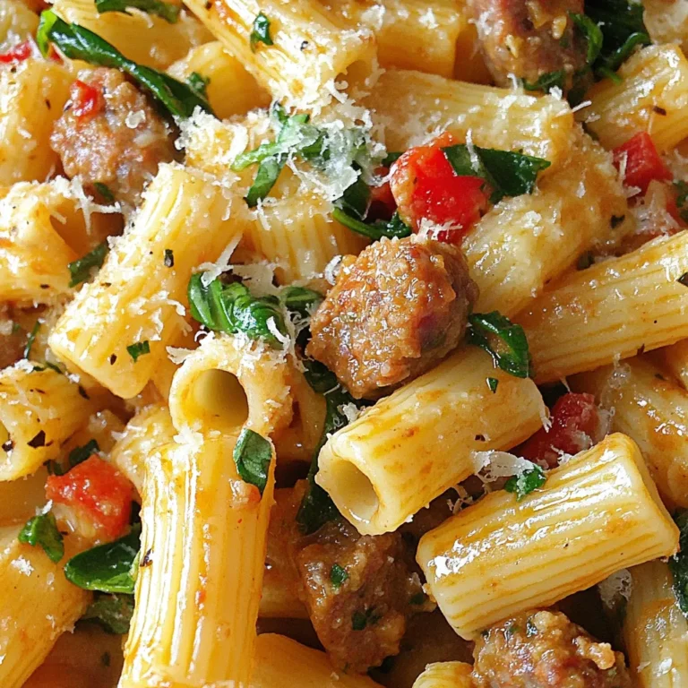 To make Marry Me Ditalini Sausage Pasta, gather these simple ingredients: - 8 ounces ditalini pasta - 2 tablespoons olive oil - 1 pound Italian sausage (mild or spicy) - 1 small onion, finely chopped - 3 cloves garlic, minced - 1 red bell pepper, diced - 1 can (14.5 ounces) diced tomatoes (with juice) - 1 cup chicken broth - 1 teaspoon dried oregano - 1 teaspoon red pepper flakes (optional) - Salt and pepper to taste - 1 cup fresh spinach - 1/2 cup grated Parmesan cheese - Fresh basil leaves for garnish Each ingredient plays a key role in building flavor. The ditalini pasta gives a fun shape and texture. Olive oil adds richness, while Italian sausage brings hearty flavor. The onion and garlic build a savory base. Red bell pepper adds sweetness and color. Diced tomatoes provide acidity and moisture. Chicken broth enhances the sauce, making it rich. Oregano and red pepper flakes add aromatic notes. Fresh spinach gives a nice pop of green and nutrients. Grated Parmesan cheese provides a salty finish. Finally, fresh basil leaves brighten the dish. Using these ingredients, you can create a meal that delights everyone at the table. {{ingredient_image_1}} To start, fill a large pot with water and bring it to a boil. Once the water is boiling, add a generous pinch of salt. This step is key to flavoring your pasta. Next, add 8 ounces of ditalini pasta to the pot. Cook it according to the package instructions until it is al dente. This usually takes about 8-10 minutes. Once cooked, drain the pasta and set it aside. In a large skillet, heat 2 tablespoons of olive oil over medium heat. When the oil is hot, add 1 pound of Italian sausage, either mild or spicy, based on your taste. Use a wooden spoon to break it apart. Cook the sausage until it turns brown and is no longer pink. This should take about 5-7 minutes. The sausage adds a rich flavor that makes this dish special. Once the sausage is cooked, stir in a finely chopped small onion and 3 cloves of minced garlic. Cook these until the onion becomes soft and translucent, about 3-4 minutes. Then, add 1 diced red bell pepper to the skillet. Cook for another 2-3 minutes until the bell pepper is tender. The colors and scents of the vegetables will brighten your dish. Now, it’s time to create the sauce. Add a can of 14.5 ounces of diced tomatoes, including the juice, and 1 cup of chicken broth to the skillet. Sprinkle in 1 teaspoon of dried oregano, and add salt and pepper to taste. If you like heat, consider adding 1 teaspoon of red pepper flakes. Stir everything well and bring it to a simmer. Let it simmer for about 5 minutes to blend the flavors. Next, add the cooked ditalini pasta and 1 cup of fresh spinach to the skillet. Gently stir everything together. This will help the spinach wilt into the warm pasta and sauce. Cook for about 2 minutes until the spinach is just wilted. This step adds both nutrition and color to your dish. Finally, remove the skillet from the heat. Mix in 1/2 cup of grated Parmesan cheese until it is well blended. This cheese brings a creamy texture and rich taste. Taste your dish and add more salt and pepper if needed. To serve, divide the pasta among plates or place it in a large bowl. Garnish with fresh basil leaves and extra Parmesan if you like. Enjoy your delicious Marry Me Ditalini Sausage Pasta! When picking sausage, you can choose between mild or spicy. Mild sausage gives a rich flavor without much heat. Spicy sausage adds a nice kick that warms the dish. I recommend using Italian sausage for the best taste. Brands like Johnsonville or Aidells work well. To make the sauce perfect, you can adjust the flavors. If it tastes too bland, add more salt or pepper. For thickness, let the sauce simmer longer. You can also add dried herbs like basil or thyme. If you want extra heat, add red pepper flakes. Start with a small amount, then taste and adjust. Cooking pasta al dente means it’s firm but not hard. To achieve this, boil ditalini in salted water for about 7-9 minutes. Stir often to prevent sticking. Once done, drain the pasta but do not rinse. Rinsing washes away the starch that helps the sauce stick. Pro Tips Choose Your Sausage Wisely: The flavor of the dish largely depends on the type of Italian sausage you use. Opt for high-quality, fresh sausage for the best taste. Customize the Heat: If you love a bit of spice, feel free to increase the amount of red pepper flakes or use spicy Italian sausage for an extra kick! Fresh Ingredients Matter: Whenever possible, use fresh spinach and high-quality Parmesan cheese. Fresh ingredients enhance the overall flavor and texture of the dish. Cooking Pasta Perfectly: Always cook pasta until al dente for the best texture. It will continue to cook slightly when mixed with the sauce, ensuring it doesn’t become mushy. {{image_2}} You can switch up the protein in Marry Me Ditalini Sausage Pasta for a new taste. Ground turkey or chicken works well. They provide a lighter option while still keeping the dish hearty. If you want a meat-free meal, try vegetarian sausage. It offers similar flavors and texture and pairs great with the sauce. Feel free to get creative with the vegetables in your pasta. You can add zucchini, mushrooms, or even kale. Each adds a unique flavor and boosts nutrition. Seasonal vegetables are also fun to use. In spring, fresh asparagus adds a nice crunch. In the fall, roasted butternut squash brings sweetness. Cheese can change the dish's flavor and creaminess. Instead of Parmesan, try mozzarella for a melty bite. Feta cheese adds a tangy twist that contrasts nicely with the sausage. If you follow a vegan diet, choose a nut-based cheese. Many options melt well and taste great, too. To keep your Marry Me Ditalini Sausage Pasta fresh, store leftovers in an airtight container. This helps prevent the pasta from drying out. Place it in the fridge within two hours of cooking. It will last for 3 to 4 days in the fridge. Always check for any off smells or changes in texture before eating. You can freeze this pasta dish if you want to save some for later. Let it cool completely before packing it into freezer-safe containers. Make sure to leave some space at the top of the container, as the pasta will expand. It will stay good in the freezer for about 2 to 3 months. To use it, move the container to the fridge overnight to thaw. You can also thaw it in the microwave for quicker results. When you want to reheat the pasta, use low heat on the stove. This keeps the texture nice. Add a splash of chicken broth or water to help bring back some moisture. Stir the pasta gently as you heat it. If using the microwave, cover the dish to trap steam. This method keeps your pasta from drying out. Enjoy your meal just like the first time! To make Marry Me Ditalini Sausage Pasta gluten-free, you can use gluten-free ditalini pasta. There are many brands available that offer great taste and texture. You can also use other gluten-free pasta shapes like rice or quinoa pasta. For gluten-free cooking, always check labels. Some sauces and broths may contain gluten. Use certified gluten-free chicken broth for safety. Also, clean your cooking space and utensils to avoid cross-contamination. Yes, you can make this dish ahead of time. Prepare the pasta and sauce, then store them separately in the fridge. Keep the pasta in a sealed container. Store the sauce in a different container. This helps prevent the pasta from becoming mushy. When you are ready to eat, reheat the sauce on the stove. Warm it gently over low heat. Add a splash of water or broth if it gets too thick. Cook the pasta in boiling water for a few minutes to warm it up. Then combine both for a delicious meal. You can serve this pasta with a fresh green salad. A simple salad with mixed greens and a light vinaigrette works well. Garlic bread is another great choice. It adds a nice crunch and pairs perfectly with the pasta. For extra flavor, consider serving roasted vegetables on the side. They bring color and nutrients to the meal. You can also add a sprinkle of fresh basil on top of your dish for added taste and presentation. This blog post guided you through making Marry Me Ditalini Sausage Pasta. You learned about the key ingredients, step-by-step cooking, and tips for success. We explored variations, storage, and answered common questions. Trying different proteins or veggies can add your unique twist. This dish is simple and full of flavor. Enjoy making it again and again! A delicious meal awaits that you can share with loved ones. Happy cooking!