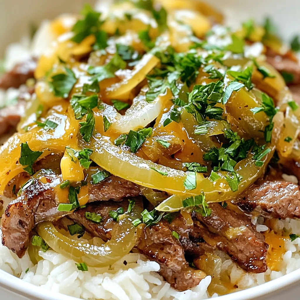 - 1 lb ribeye steak, thinly sliced - 1 tablespoon olive oil - 1 medium onion, sliced - 1 medium green bell pepper, sliced - 2 cloves garlic, minced - 1 cup cooked white rice (or brown rice for a healthier option) - 1 cup provolone cheese, shredded - 1 tablespoon soy sauce - 1 teaspoon Worcestershire sauce (optional) - Salt and pepper to taste - Fresh parsley, chopped (for garnish) Gathering the right ingredients is key to a great Philly cheesesteak rice bowl. The ribeye steak brings a rich flavor. Slice it thin for the best results. Olive oil adds a nice base for cooking. Sauté the onions and green bell peppers until they are soft. This step makes the dish fragrant and flavorful. You can use either white or brown rice. Brown rice is a bit healthier. Provolone cheese is a must for that creamy topping. Soy sauce adds umami, while Worcestershire sauce gives depth. Don’t forget to season with salt and pepper. The fresh parsley on top adds color and a fresh taste. These ingredients combine to create a warm, comforting meal that you will love. {{ingredient_image_1}} - Heat olive oil in a skillet over medium heat. - Add sliced onion and green bell pepper. Sauté until tender, about 5-7 minutes. - Add minced garlic. Cook for one more minute until fragrant. Now, the veggies are soft and sweet. This step sets a great base for your dish. - Increase the heat to medium-high. Push veggies to one side of the pan. - Add thinly sliced ribeye steak to the skillet. Spread it out in an even layer. - Season with salt, pepper, soy sauce, and Worcestershire sauce if you like. - Cook the steak without stirring for about 2-3 minutes to let it sear. - Stir everything together. Cook until the steak is no longer pink, about another 3-4 minutes. Searing provides a nice texture to the meat. The flavors blend well with the veggies. - Reduce the heat to low. Sprinkle shredded provolone cheese over the steak mixture. - Cover the skillet with a lid for a couple of minutes until the cheese melts. The melted cheese adds creamy richness. It makes the dish feel extra special. - Place a generous scoop of cooked rice at the bottom of each serving bowl. - Top with the cheesy Philly cheesesteak mixture. - Garnish with fresh chopped parsley before serving. This final step creates a beautiful meal. The colors and textures come together for a delicious bowl. Enjoy your creation! Ribeye steak is my top choice for this dish. It has a rich taste and great fat content. The fat melts when you cook, making the meat juicy. If you're on a budget, try sirloin or flank steak. They both work well and cost less. To boost flavor, add spices like garlic powder or paprika. A pinch of cayenne can give it a nice kick. For cheese, provolone is classic, but you can also use cheddar or mozzarella. Each cheese brings its own unique taste. To cook perfect rice, rinse it first to remove excess starch. This helps keep it fluffy. Follow the package instructions for water ratios. If you have leftover rice, use it! Just heat it in a pan with a splash of water. This keeps it moist and tasty. Pro Tips Choose the Right Cut: Ribeye is ideal for its marbling and flavor, but you can also use sirloin or flank steak for a leaner option. Don't Overcrowd the Pan: Cooking in batches prevents steaming and helps achieve a nice sear on the steak. Experiment with Cheese: While provolone is traditional, try using mozzarella or even Cheez Whiz for a different flavor profile. Customize Your Veggies: Feel free to add mushrooms or jalapeños for extra flavor and texture in your cheesesteak bowls. {{image_2}} For a lighter dish, use brown rice instead of white rice. Brown rice has more fiber and nutrients. You can also add more vegetables. Think about adding spinach, mushrooms, or zucchini. These veggies boost nutrition and add color. To change up the taste, try different sauces. A splash of BBQ sauce brings a sweet twist. You can also add jalapeños for heat. They give the dish a spicy kick that many love. Consider mixing in some hot sauce for extra flavor. You can pair your rice bowl with side veggies or a fresh salad. This adds balance to the meal. For a fun twist, turn the rice bowl into a wrap. Use a tortilla to make a tasty on-the-go meal. Just scoop the filling into the wrap and enjoy! To store your Philly cheesesteak rice bowls, let them cool down first. Place the leftovers in airtight containers. This helps keep the flavors fresh. You can store them in the fridge for up to three days. If you want to keep them longer, consider freezing. When reheating, avoid the microwave if you can. The best method is using a skillet. Heat it on low and add a bit of water or broth. This keeps the rice from drying out. Stir gently as it warms up. If you use the microwave, cover the bowl with a damp paper towel. This helps prevent sogginess. If you want to freeze your rice bowls, separate the components. Freeze the steak mixture and rice in different bags. This keeps each part fresh and easy to use later. For thawing, place them in the fridge overnight. You can also use the microwave for quick thawing. Just be sure to check that everything is heated through before serving. Yes, you can! If ribeye is not available, try flank steak or sirloin. Both have great flavor and work well in this dish. Flank steak is leaner, while sirloin is tender and juicy. You can also use skirt steak for a rich taste. Absolutely! This recipe is great for meal prep. Cook the steak and veggies ahead of time, and store in separate containers. Combine with rice when ready to eat. This keeps everything fresh. You can also freeze portions for later use. Just thaw before reheating. Yes, you can make it vegetarian! Substitute the steak with mushrooms or tempeh. Both will absorb flavors well. Use vegetable broth instead of soy sauce for extra taste. You can add more veggies like zucchini or spinach to make it filling. You can serve a fresh salad or steamed broccoli as sides. For a crunch, try potato chips. A side of pickles also adds a nice touch. If you want something heartier, garlic bread pairs perfectly with this dish. This article guides you through making tasty Philly cheesesteak rice bowls. You learned about the main ingredients, cooking steps, and tips for success. Remember, ribeye steak shines in this dish, but feel free to explore alternatives. Your creativity can also shine through with spice choices and healthy swaps. Try brown rice or extra veggies for a nutritious boost. Whether meal prepping or serving fresh, these bowls are sure to please. Enjoy your cooking and savor every bite!