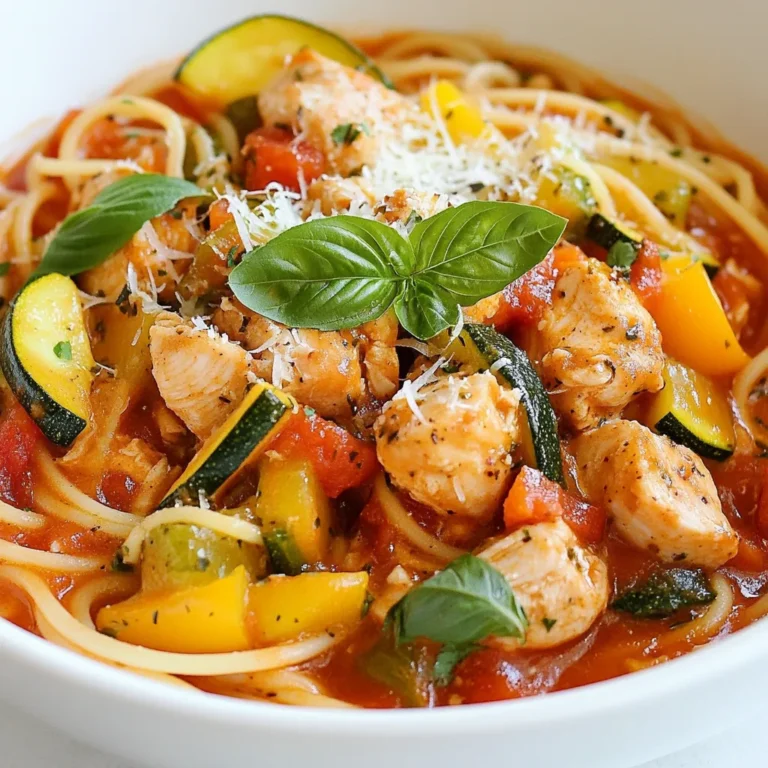 - 2 tablespoons olive oil - 1 pound boneless, skinless chicken breasts, diced - 1 medium onion, finely chopped - 4 cloves garlic, minced - 1 bell pepper (red or yellow), diced - 1 medium zucchini, chopped - 1 teaspoon Italian seasoning - 1/2 teaspoon red pepper flakes (adjust for spice) - 1 can (14.5 ounces) diced tomatoes (with juice) - 4 cups chicken broth - 8 ounces spaghetti - Salt and pepper to taste You will need a mix of fresh and pantry items. Olive oil starts the dish, giving flavor. Diced chicken breasts are the main protein. They cook fast and stay juicy. Onions and garlic add great aroma and taste. Bell peppers and zucchini bring color and nutrition. For spices, Italian seasoning gives warmth. Red pepper flakes add a kick. Diced tomatoes and chicken broth create a rich base. Spaghetti is the star, soaking up all those flavors. Don't forget salt and pepper to make it pop. - Fresh basil - Grated Parmesan cheese Garnishes can elevate the dish. Fresh basil adds a nice, bright touch. Grated Parmesan cheese gives a creamy finish. You can mix these in or sprinkle them on top before serving. They make each bite even better! {{ingredient_image_1}} 1. Heating the olive oil Start by pouring 2 tablespoons of olive oil into a large pot. Heat it over medium heat. Watch for it to shimmer, which means it's ready. 2. Browning the chicken Add 1 pound of diced chicken breasts to the pot. Season them with salt and pepper. Cook the chicken for about 5 to 7 minutes. You want it browned and cooked through. Once done, take the chicken out and set it aside. 1. Cooking the onions In the same pot, toss in the finely chopped onion. Sauté for 3 to 4 minutes. The onion should look translucent, which shows it is softening. 2. Adding garlic and bell pepper Next, add 4 cloves of minced garlic and 1 diced bell pepper. You can use red or yellow. Stir these in and cook for another 3 to 4 minutes. This will help the veggies get a little tender. 1. Incorporating spices and tomatoes Now, sprinkle in 1 teaspoon of Italian seasoning and 1/2 teaspoon of red pepper flakes. Mix everything well. Then, pour in 1 can of diced tomatoes with juice and 4 cups of chicken broth. Bring this mixture to a gentle boil. 2. Cooking the spaghetti Once boiling, add 8 ounces of spaghetti. Press it down into the liquid. Stir it occasionally to keep it from sticking. Reduce the heat to medium-low and let it simmer for about 10 to 12 minutes. You want the spaghetti to be al dente and most of the liquid absorbed. 1. Returning chicken to the pot After the spaghetti is done, return the cooked chicken to the pot. Stir everything together to combine the flavors. 2. Adjusting seasoning and serving Taste the dish and add more salt or pepper if needed. Let it sit for a couple of minutes before you serve. This helps the flavors meld. Enjoy your savory chicken one-pot spaghetti! - Ensuring chicken is cooked through: Always check the chicken's internal temperature. It should reach 165°F (75°C). Cut a piece to see if it’s no longer pink inside. This means it's safe to eat. - Avoiding sticky spaghetti: Stir the spaghetti often while it cooks. This keeps the strands separate. If you notice sticking, add a splash of extra chicken broth or a little olive oil to help. - Presentation ideas: Serve your chicken one-pot spaghetti in large, deep bowls. Top each bowl with fresh basil leaves. A sprinkle of grated Parmesan cheese adds a nice touch. This way, your dish looks as good as it tastes! - Recommended side dishes: Pair this meal with a simple green salad. A light Caesar or mixed greens work great. You can also serve garlic bread on the side for a tasty addition. Pro Tips Perfectly Cooked Pasta: To ensure the spaghetti cooks evenly, stir it occasionally and check for doneness a minute or two before the suggested cooking time. Customize Your Veggies: Feel free to add or substitute other vegetables like spinach, mushrooms, or carrots based on your preference or what you have on hand. Leftover Chicken: This recipe is a great way to use leftover rotisserie chicken. Just add it in at the end to warm through instead of cooking raw chicken. Flavor Boost: Enhance the flavor by adding a splash of white wine after sautéing the onions and before adding the garlic and vegetables. {{image_2}} You can easily change up this dish by swapping proteins or adding more veggies. - Using different proteins: Swap the chicken for shrimp or turkey. This can give you new flavors and textures. Shrimp cooks fast and adds a nice seafood twist. Turkey is leaner and still very tasty. - Adding extra vegetables: Feel free to add spinach or mushrooms. Spinach wilts down and adds color and nutrients. Mushrooms bring a rich, earthy flavor. You can mix and match based on what you have at home. Adjusting the flavors can make this meal even more exciting. - Changing seasonings: If you like more heat, add extra red pepper flakes. You can also try adding cayenne pepper or a dash of hot sauce. This can give your dish a spicy kick. - Incorporating cheese varieties: Try different cheeses for a unique taste. Mozzarella melts nicely and adds creaminess. Feta gives a tangy flavor that contrasts well with the spices in the dish. Each cheese can change the overall taste. After enjoying your Chicken One-Pot Spaghetti, store any leftovers. Let the dish cool down to room temperature first. Refrigerate it in an airtight container. This keeps the dish fresh for about 3 to 4 days. Make sure to use a container that seals well. Glass or plastic containers work great. They help keep the flavors intact. To enjoy your leftovers, you need to reheat them properly. The best method is to use a stovetop. Place the spaghetti in a pan with a splash of water or broth. Heat it over low to medium heat. Stir often to keep it from sticking. You can also use a microwave. Just cover the dish with a microwave-safe lid or wrap. Heat it for 1 to 2 minutes, stirring halfway through. This helps the dish stay moist. For both methods, check the texture. If the spaghetti seems dry, add a bit of liquid. This keeps the flavor rich and the pasta tender. Enjoy every bite of your delicious meal! Yes, you can make it gluten-free! Use gluten-free pasta instead of regular spaghetti. Many stores offer gluten-free options made from rice, quinoa, or chickpeas. Just make sure to check the package instructions for cooking times, as they may differ from regular pasta. To make fewer servings, simply scale down the ingredients. For two servings, use half of everything. For example, use 1 tablespoon of olive oil, 1/2 pound of chicken, and 2 cups of chicken broth. Adjust the cooking time slightly for smaller amounts. Yes, you can use frozen chicken! If using frozen chicken, add it directly to the pot. You may need to cook it a little longer. Make sure it reaches an internal temperature of 165°F (75°C) for safety. You can also thaw it overnight in the fridge for faster cooking. This blog post covered a simple and tasty chicken dish. You learned about key ingredients, like olive oil and fresh herbs. I shared easy steps to cook the chicken and sauté vegetables. Cooking tips will help make your meal even better. You also found variations to make it your own and storage tips for leftovers. Get creative with flavors and enjoy your own twist on this recipe. Happy cooking!