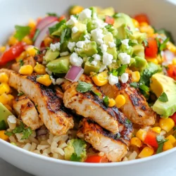 - 2 cups grilled chicken breast, diced - 2 cups corn kernels (fresh or frozen) - 1 red bell pepper, diced - 1 avocado, diced - 1/2 cup red onion, finely chopped - 1/2 cup crumbled feta cheese - 1/4 cup fresh cilantro, chopped - 1 tablespoon olive oil In this recipe, the main ingredients create a colorful and tasty bowl. Grilled chicken gives protein, while corn adds sweetness. The red bell pepper brings crunch, and avocado adds creaminess. Red onion gives a zesty kick, and feta provides a salty bite. Fresh cilantro brightens all the flavors. - 2 tablespoons lime juice - 1 teaspoon smoked paprika - 1 teaspoon chili powder - Salt and pepper to taste The seasoning is key to this dish. Lime juice adds tang. Smoked paprika gives a deep flavor. Chili powder adds warmth. Salt and pepper enhance everything. Together, these create a delicious mix that makes each bite pop. - Cooked brown rice or quinoa For the base, use cooked brown rice or quinoa. Both options are healthy and filling. They soak up the flavors from the chicken and corn mix. This makes each bowl hearty and satisfying. {{ingredient_image_1}} First, gather all your ingredients. You need: - 2 cups grilled chicken breast, diced - 2 cups corn kernels (fresh or frozen) - 1 red bell pepper, diced - 1 avocado, diced - 1/2 cup red onion, finely chopped - 1/2 cup crumbled feta cheese - 1/4 cup fresh cilantro, chopped - 1 tablespoon olive oil - 2 tablespoons lime juice - 1 teaspoon smoked paprika - 1 teaspoon chili powder - Salt and pepper to taste - Cooked brown rice or quinoa for serving Start by dicing the grilled chicken, red bell pepper, avocado, and red onion. Make sure to cut them into small, even pieces. This helps with the overall look and taste. Next, measure out your spices. This includes the smoked paprika and chili powder. Get your salt and pepper ready too. Now, let’s cook! Heat the olive oil in a skillet over medium heat. Add the corn kernels. Sauté them for about 5 to 7 minutes. You want them to get a nice char. This adds flavor. After that, stir in the smoked paprika, chili powder, salt, and pepper. Cook for another minute. This helps the spices blend with the corn. In a large bowl, combine the diced grilled chicken, sautéed corn, red bell pepper, avocado, chopped red onion, and feta cheese. Drizzle the lime juice over the mixture. Toss everything gently to coat it well. To serve, spoon a generous portion of cooked brown rice or quinoa into your bowls. Top it with the chicken and corn mixture. For a beautiful touch, garnish with fresh cilantro. You can also add an extra wedge of lime for some zing. Using vibrant, deep bowls makes the colors pop. Sprinkle a bit more feta on top for added flair. Enjoy your meal! Caramelizing corn is key for great taste. It adds a sweet and smoky flavor. To do this, heat olive oil in a skillet. Add the corn and sauté until it gets a nice char. This step takes about 5-7 minutes. Adjusting spice levels is easy. If you like it spicy, add more chili powder. If you prefer mild, cut back on the spices. Taste as you go for the best result. Choose deep, colorful bowls for serving. This helps the vibrant colors of the dish pop. Arrange the chicken and corn mix on top of brown rice or quinoa. Fresh herbs make a lovely garnish. Sprinkle cilantro on top for a fresh touch. You can also add lime wedges for extra zest. Grilling chicken gives great flavor, but you can use other methods. Baking or pan-searing are good options too. Just make sure the chicken is cooked through. For a vegan or vegetarian twist, use grilled tofu or chickpeas. Both options add protein and work well with the other ingredients. Pro Tips Choose the Right Chicken: For the best flavor and texture, opt for organic or free-range chicken breasts. They tend to be more tender and juicy. Perfectly Charred Corn: To achieve that authentic street corn flavor, let the corn sit in the skillet without stirring for a minute or two to get a good char. Fresh Ingredients Matter: Using fresh corn and ripe avocados elevates the dish. If using frozen corn, ensure it's thawed and drained well before cooking. Customize Your Spice: Feel free to adjust the amount of smoked paprika and chili powder according to your spice preference. Add a pinch of cayenne for extra heat! {{image_2}} You can switch up the protein in the Street Corn Chicken Bowl. Try shrimp for a seafood twist. If you want a plant-based option, tofu works great too. Both alternatives add a unique taste and texture. Cheese is another fun area to explore. Instead of feta, use queso fresco for a milder flavor. You can even try pepper jack cheese for a spicy kick. These swaps let you create a bowl that fits your taste. For those with gluten concerns, this dish is easy to adapt. Use quinoa as your base, which is naturally gluten-free. Brown rice is another safe choice. Both options keep the meal hearty and satisfying. If you're watching carbs, skip the rice or quinoa. Load up on more veggies instead. You can add extra bell peppers or even zucchini. This keeps your bowl light while still being filling. Want to boost the flavor? Adding avocado crema makes a creamy topping. It gives a nice, rich taste to each bite. To make it, just blend avocado with lime juice and a pinch of salt. You can also add beans for extra protein. Black beans or pinto beans fit well in this bowl. They add texture and make the meal more filling. Plus, beans are a great source of fiber! Store any leftovers in the fridge. Use airtight containers to keep the food fresh. I recommend glass containers for better heat retention. Cool the food to room temperature before covering. This prevents moisture build-up that can make your food soggy. Leftovers can last 3 to 4 days in the fridge. Always label your containers with the date. This helps you keep track of freshness. You can freeze components separately for later use. Freeze grilled chicken in a single layer first. Once frozen, transfer it to a freezer bag. Corn can also freeze well; just make sure it cools down first. For best results, freeze within two hours of cooking. When ready to use, thaw chicken and corn in the fridge overnight. This helps maintain texture and flavor. Reheat leftovers in the microwave or on the stove. For the microwave, cover your bowl to retain moisture. Heat in short bursts, stirring between. On the stove, add a splash of water to a pan. Heat on medium until warmed through. This method helps keep the chicken and corn from drying out. Always check the temperature to ensure it’s safe to eat. A Street Corn Chicken Bowl is a tasty dish that mixes grilled chicken, corn, and fresh veggies. It brings the bold flavors of street corn to a filling bowl. You will find grilled chicken breast, juicy corn, colorful red bell pepper, creamy avocado, and tangy feta cheese. All these ingredients come together with lime juice and spices. This bowl is fun to eat and looks great too! Yes, you can make this recipe in advance. Meal prep makes life easier. Cook the chicken and corn ahead of time. Store them in separate containers in the fridge. You can chop the veggies a day before too. Just keep them fresh in the fridge. When you are ready to eat, simply warm the chicken and corn. Mix everything together and enjoy! You can easily change the spice level to fit your taste. If you like it mild, use less chili powder. For more heat, add extra chili powder or even cayenne pepper. You can also sprinkle some hot sauce on top before serving. Taste as you go to get the perfect kick for you! Enjoy making it your own. This blog post covered the key steps to make a Street Corn Chicken Bowl. We explored main ingredients like grilled chicken, corn, and avocado. I shared cooking tips to enhance flavors, along with ways to store leftovers. You can even customize the dish to fit your taste. In summary, this recipe is fresh, fun, and very versatile. Try it out and enjoy every delicious bite!