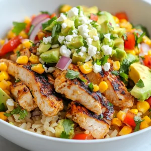 - 2 cups grilled chicken breast, diced - 2 cups corn kernels (fresh or frozen) - 1 red bell pepper, diced - 1 avocado, diced - 1/2 cup red onion, finely chopped - 1/2 cup crumbled feta cheese - 1/4 cup fresh cilantro, chopped - 1 tablespoon olive oil In this recipe, the main ingredients create a colorful and tasty bowl. Grilled chicken gives protein, while corn adds sweetness. The red bell pepper brings crunch, and avocado adds creaminess. Red onion gives a zesty kick, and feta provides a salty bite. Fresh cilantro brightens all the flavors. - 2 tablespoons lime juice - 1 teaspoon smoked paprika - 1 teaspoon chili powder - Salt and pepper to taste The seasoning is key to this dish. Lime juice adds tang. Smoked paprika gives a deep flavor. Chili powder adds warmth. Salt and pepper enhance everything. Together, these create a delicious mix that makes each bite pop. - Cooked brown rice or quinoa For the base, use cooked brown rice or quinoa. Both options are healthy and filling. They soak up the flavors from the chicken and corn mix. This makes each bowl hearty and satisfying. {{ingredient_image_1}} First, gather all your ingredients. You need: - 2 cups grilled chicken breast, diced - 2 cups corn kernels (fresh or frozen) - 1 red bell pepper, diced - 1 avocado, diced - 1/2 cup red onion, finely chopped - 1/2 cup crumbled feta cheese - 1/4 cup fresh cilantro, chopped - 1 tablespoon olive oil - 2 tablespoons lime juice - 1 teaspoon smoked paprika - 1 teaspoon chili powder - Salt and pepper to taste - Cooked brown rice or quinoa for serving Start by dicing the grilled chicken, red bell pepper, avocado, and red onion. Make sure to cut them into small, even pieces. This helps with the overall look and taste. Next, measure out your spices. This includes the smoked paprika and chili powder. Get your salt and pepper ready too. Now, let’s cook! Heat the olive oil in a skillet over medium heat. Add the corn kernels. Sauté them for about 5 to 7 minutes. You want them to get a nice char. This adds flavor. After that, stir in the smoked paprika, chili powder, salt, and pepper. Cook for another minute. This helps the spices blend with the corn. In a large bowl, combine the diced grilled chicken, sautéed corn, red bell pepper, avocado, chopped red onion, and feta cheese. Drizzle the lime juice over the mixture. Toss everything gently to coat it well. To serve, spoon a generous portion of cooked brown rice or quinoa into your bowls. Top it with the chicken and corn mixture. For a beautiful touch, garnish with fresh cilantro. You can also add an extra wedge of lime for some zing. Using vibrant, deep bowls makes the colors pop. Sprinkle a bit more feta on top for added flair. Enjoy your meal! Caramelizing corn is key for great taste. It adds a sweet and smoky flavor. To do this, heat olive oil in a skillet. Add the corn and sauté until it gets a nice char. This step takes about 5-7 minutes. Adjusting spice levels is easy. If you like it spicy, add more chili powder. If you prefer mild, cut back on the spices. Taste as you go for the best result. Choose deep, colorful bowls for serving. This helps the vibrant colors of the dish pop. Arrange the chicken and corn mix on top of brown rice or quinoa. Fresh herbs make a lovely garnish. Sprinkle cilantro on top for a fresh touch. You can also add lime wedges for extra zest. Grilling chicken gives great flavor, but you can use other methods. Baking or pan-searing are good options too. Just make sure the chicken is cooked through. For a vegan or vegetarian twist, use grilled tofu or chickpeas. Both options add protein and work well with the other ingredients. Pro Tips Choose the Right Chicken: For the best flavor and texture, opt for organic or free-range chicken breasts. They tend to be more tender and juicy. Perfectly Charred Corn: To achieve that authentic street corn flavor, let the corn sit in the skillet without stirring for a minute or two to get a good char. Fresh Ingredients Matter: Using fresh corn and ripe avocados elevates the dish. If using frozen corn, ensure it's thawed and drained well before cooking. Customize Your Spice: Feel free to adjust the amount of smoked paprika and chili powder according to your spice preference. Add a pinch of cayenne for extra heat! {{image_2}} You can switch up the protein in the Street Corn Chicken Bowl. Try shrimp for a seafood twist. If you want a plant-based option, tofu works great too. Both alternatives add a unique taste and texture. Cheese is another fun area to explore. Instead of feta, use queso fresco for a milder flavor. You can even try pepper jack cheese for a spicy kick. These swaps let you create a bowl that fits your taste. For those with gluten concerns, this dish is easy to adapt. Use quinoa as your base, which is naturally gluten-free. Brown rice is another safe choice. Both options keep the meal hearty and satisfying. If you're watching carbs, skip the rice or quinoa. Load up on more veggies instead. You can add extra bell peppers or even zucchini. This keeps your bowl light while still being filling. Want to boost the flavor? Adding avocado crema makes a creamy topping. It gives a nice, rich taste to each bite. To make it, just blend avocado with lime juice and a pinch of salt. You can also add beans for extra protein. Black beans or pinto beans fit well in this bowl. They add texture and make the meal more filling. Plus, beans are a great source of fiber! Store any leftovers in the fridge. Use airtight containers to keep the food fresh. I recommend glass containers for better heat retention. Cool the food to room temperature before covering. This prevents moisture build-up that can make your food soggy. Leftovers can last 3 to 4 days in the fridge. Always label your containers with the date. This helps you keep track of freshness. You can freeze components separately for later use. Freeze grilled chicken in a single layer first. Once frozen, transfer it to a freezer bag. Corn can also freeze well; just make sure it cools down first. For best results, freeze within two hours of cooking. When ready to use, thaw chicken and corn in the fridge overnight. This helps maintain texture and flavor. Reheat leftovers in the microwave or on the stove. For the microwave, cover your bowl to retain moisture. Heat in short bursts, stirring between. On the stove, add a splash of water to a pan. Heat on medium until warmed through. This method helps keep the chicken and corn from drying out. Always check the temperature to ensure it’s safe to eat. A Street Corn Chicken Bowl is a tasty dish that mixes grilled chicken, corn, and fresh veggies. It brings the bold flavors of street corn to a filling bowl. You will find grilled chicken breast, juicy corn, colorful red bell pepper, creamy avocado, and tangy feta cheese. All these ingredients come together with lime juice and spices. This bowl is fun to eat and looks great too! Yes, you can make this recipe in advance. Meal prep makes life easier. Cook the chicken and corn ahead of time. Store them in separate containers in the fridge. You can chop the veggies a day before too. Just keep them fresh in the fridge. When you are ready to eat, simply warm the chicken and corn. Mix everything together and enjoy! You can easily change the spice level to fit your taste. If you like it mild, use less chili powder. For more heat, add extra chili powder or even cayenne pepper. You can also sprinkle some hot sauce on top before serving. Taste as you go to get the perfect kick for you! Enjoy making it your own. This blog post covered the key steps to make a Street Corn Chicken Bowl. We explored main ingredients like grilled chicken, corn, and avocado. I shared cooking tips to enhance flavors, along with ways to store leftovers. You can even customize the dish to fit your taste. In summary, this recipe is fresh, fun, and very versatile. Try it out and enjoy every delicious bite!