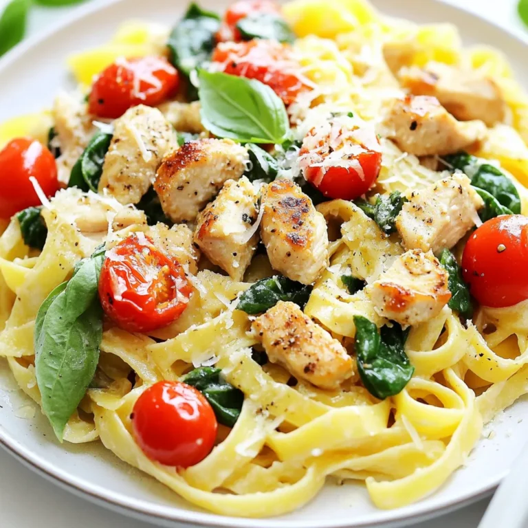 To make Garlic Butter Chicken Pasta, you need these key ingredients: - 8 oz fettuccine or spaghetti - 2 cups chicken breast, diced - 4 tablespoons unsalted butter - 6 cloves garlic, minced - 1 cup cherry tomatoes, halved - 1 cup spinach leaves, packed - Salt and pepper to taste - 1/4 cup grated Parmesan cheese - Fresh basil leaves for garnish These ingredients come together to create a rich and tasty dish. The butter and garlic give a deep flavor. The chicken adds protein, while the tomatoes and spinach bring freshness. You can add some fun twists to this recipe with optional ingredients: - 1/2 teaspoon red pepper flakes (adds heat) - Lemon zest or juice (for brightness) - Extra vegetables like bell peppers or zucchini - Fresh herbs like parsley or thyme Feel free to mix and match. These additions can make the dish your own. To cook this meal, you'll need these tools: - A large pot for boiling pasta - A skillet for cooking the chicken and sauce - A colander for draining pasta - A knife and cutting board for chopping - Measuring cups for precise amounts Having the right tools makes cooking easier and more fun. With these items, you can whip up this dish in no time! {{ingredient_image_1}} Start by boiling a large pot of salted water. This adds flavor to the pasta. Add 8 oz of fettuccine or spaghetti. Cook it according to the package until it is al dente. This usually takes about 8 to 10 minutes. Save 1/2 cup of the pasta water before draining. This water helps to bind the sauce later. Drain the pasta and set it aside. In a large skillet, heat 2 tablespoons of unsalted butter over medium heat. Once the butter melts, add 2 cups of diced chicken breast. Season the chicken with salt and pepper. Cook it for 6 to 8 minutes. You want the chicken to turn golden brown and be fully cooked. After this, remove the chicken from the skillet and set it aside. In the same skillet, add the remaining 2 tablespoons of butter. When it melts, add 6 cloves of minced garlic. Sauté the garlic for about 1 minute until it smells great. Next, toss in 1 cup of halved cherry tomatoes. Cook them for 2 to 3 minutes until they start to burst. Add 1 cup of packed spinach leaves and, if you like heat, 1/2 teaspoon of red pepper flakes. Cook until the spinach wilts. Then, return the chicken to the skillet. Toss everything together. Add the drained pasta and a splash of the reserved pasta water. Mix gently. Stir in 1/4 cup of grated Parmesan cheese. Adjust the taste with more salt or pepper if needed. If it seems dry, add more pasta water. Serve hot, garnished with fresh basil leaves and extra cheese if you want. To cook pasta, start with a large pot. Fill it with water and add salt. Bring the water to a boil before adding the pasta. Stir the pasta to prevent sticking. Cook it until it is al dente, which means firm to the bite. This usually takes about 8 to 10 minutes for fettuccine or spaghetti. Reserve some pasta water before draining. This starchy water helps bind the sauce later. For juicy chicken, start with diced chicken breast. Season it with salt and pepper. Heat a skillet over medium heat and add butter. Cook the chicken for about 6 to 8 minutes. It should be golden brown and fully cooked. Avoid overcrowding the pan, as this can lead to steaming instead of browning. Use a meat thermometer if you want to be sure; chicken should reach 165°F. Garlic and butter bring great taste to this dish. Use fresh garlic for the best flavor. Mince 6 cloves and add them to the melted butter in the skillet. Sauté the garlic for about a minute until it’s fragrant. Then, add cherry tomatoes to bring sweetness and acidity. Finally, toss in fresh spinach for color and nutrients. This mix creates a rich, savory base for the pasta. Pro Tips Use Fresh Garlic: Freshly minced garlic adds a vibrant flavor that jarred garlic cannot match. Always opt for fresh for the best taste. Perfectly Cook the Pasta: Make sure to cook your pasta al dente. It will continue to cook slightly when combined with the sauce, ensuring the perfect texture. Add Pasta Water Gradually: When mixing the pasta with the sauce, add reserved pasta water a little at a time until you reach your desired creaminess. Customize Your Greens: Feel free to substitute spinach with other greens like kale or arugula for a different flavor profile and added nutrition. {{image_2}} You can switch up the chicken for shrimp or sausage. This change adds new taste. Use different herbs like thyme or oregano for a fresh twist. You can also try sun-dried tomatoes instead of fresh ones. They bring a rich, tangy flavor to the dish. For a creamy touch, add a splash of cream or a dollop of cream cheese. This makes the sauce richer and smoother. While fettuccine or spaghetti works great, you can try penne or farfalle. These shapes hold sauce well, making every bite tasty. Zucchini noodles are a fun choice too. They are low in carbs and add a nice crunch. If you want gluten-free options, use brown rice pasta or quinoa pasta. These alternatives offer new textures and flavors. To make this dish vegetarian, replace chicken with mushrooms or tofu. Both options soak up flavor well. Skip the cheese or use a vegan cheese substitute for a dairy-free meal. You can also add more veggies like bell peppers or asparagus. This adds color and nutrition to your pasta. Use vegetable broth in place of butter for a vegan-friendly sauce. This keeps the dish light and healthy. To keep your garlic butter chicken pasta fresh, place it in an airtight container. Make sure to cool it to room temperature before sealing. This helps prevent condensation, which can make the pasta soggy. Store it in the fridge for up to three days. If you want to enjoy it later, consider freezing it. When you're ready to eat your leftovers, there are a couple of easy ways to reheat them. You can use the microwave or the stovetop. If using the microwave, place the pasta in a bowl and cover it with a damp paper towel. Heat it in short bursts, stirring in between, until it's hot. For stovetop, add a splash of water in a pan and heat over medium. Stir until warmed through. If you plan to keep garlic butter chicken pasta for a long time, freezing is best. Portion it into freezer-safe bags or containers. Remove as much air as possible before sealing. Label each container with the date. This way, you can enjoy it for up to three months. When ready to eat, thaw in the fridge overnight before reheating. Yes, you can use any pasta shape. Fettuccine and spaghetti work best. You can try penne, rigatoni, or even gluten-free pasta. Just follow the cooking time on the package. Make sure to cook it until al dente. This ensures the pasta holds its shape and texture. You can use shrimp, turkey, or tofu. For a vegetarian option, try chickpeas or mushrooms. These options provide great flavor. Cook them the same way as the chicken. Just adjust the cooking time as needed. Shrimp cooks fast, while tofu needs a bit more time. Add red pepper flakes for heat. You can start with 1/2 teaspoon. If you like it hotter, add more. You can also use diced jalapeños or hot sauce. Mix them in with the garlic. Taste as you go to find your perfect spice level. Yes, you can prep some parts ahead. Cook the pasta and chicken earlier. Store them in separate containers in the fridge. When you’re ready, mix everything in a skillet. Heat it gently and add fresh ingredients like spinach. This keeps the dish tasty and fresh. This article covered how to make garlic butter chicken pasta, from ingredients to storage. We discussed the must-have items, optional additions, and tools you'll need. I shared step-by-step cooking instructions and tips to boost your flavors. You learned variations to fit your taste and how to store leftovers. Cooking is fun and easy with the right recipe. Try this dish, and you’ll enjoy delicious meals while impressing your family.