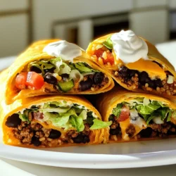 - 1 lb ground beef or turkey - 1 taco seasoning packet - 1 cup black beans, rinsed and drained - 1 cup cooked rice (preferably cilantro-lime) - 1 cup sharp cheddar cheese, shredded - 1/2 cup sour cream - 1 cup lettuce, shredded - 1 large tomato, diced - 4 large flour tortillas - 4 smaller crispy tortillas (like tostadas) - 1 tablespoon olive oil - Salt and pepper to taste Gathering these ingredients is the first step to making your Crunchwrap Supreme. Start with either ground beef or turkey. I love using turkey for a lighter option. The taco seasoning gives it that classic flavor. Rinse and drain your black beans. This adds protein and fiber to your meal. Next, cilantro-lime rice is a must. You can make it or buy it pre-made. The flavor brightens up the wrap. For the cheese, sharp cheddar gives a great taste. Don't forget the sour cream! It adds creaminess and balances the crunch. Lettuce and tomatoes add freshness. They give a nice crunch too. You need large flour tortillas to wrap all the fillings. The smaller tostadas add extra crunch inside. Finally, olive oil, salt, and pepper bring everything together. This way, you can cook your Crunchwrap until it's golden and crispy. Now you’re ready to dive into the cooking process! Start by heating a skillet over medium heat. Add 1 pound of ground beef or turkey. Cook until it turns brown and is no longer pink. This takes about 6 to 8 minutes. Drain any fat from the meat. Now, add 1 taco seasoning packet and stir it in well. Next, mix in 1 cup of rinsed and drained black beans. This adds great flavor and texture. Next, take 4 large flour tortillas. Warm them up in a pan or microwave. This makes them easier to fold. You want them soft but not too hot to touch. This step helps the crunchwrap hold its shape better. Now comes the fun part! Lay a tortilla flat on your work surface. Start with a generous spoonful of the meat and bean mixture in the center. Then, add 1 cup of cooked cilantro-lime rice on top. Sprinkle 1 cup of shredded sharp cheddar cheese next. Place one small crispy tortilla on top of the cheese. Add a dollop of sour cream, then a layer of shredded lettuce and diced tomatoes. To seal it, fold the edges of the large tortilla over the filling. Create pleats and bring them together in the center. For cooking, heat 1 tablespoon of olive oil in the skillet over medium heat. Carefully place each crunchwrap seam-side down in the pan. Cook for about 3 to 4 minutes per side. You want them toasted and golden brown. Repeat this process until all crunchwraps are ready. Cut each crunchwrap in half to show off those colorful layers inside. Enjoy your homemade Crunchwrap Supreme with extra sour cream and salsa on the side! To avoid soggy tortillas, warm the large flour tortillas first. This makes them soft and easy to fold. If you skip this step, the filling can leak and make your tortilla wet. After you fill the crunchwrap, always place the crispy tortilla inside. It creates a barrier, keeping the crunchwrap crispy. For cooking techniques, use medium heat for the skillet. This helps the tortilla toast without burning. Cook each side for about 3-4 minutes. You want a nice golden brown color. If you prefer extra crunch, cook a little longer but watch closely. The best sides to serve with your Crunchwrap Supreme are rice and beans. You can also add tortilla chips for a great crunch. A simple salad can balance the meal too. For dipping sauces, extra sour cream is a must. Salsa or guacamole are great choices as well. If you enjoy a kick, add some hot sauce. It enhances the flavors and makes each bite exciting. When cooking for a crowd, adjust the ingredient quantities easily. If you want to make eight crunchwraps, double the recipe. Use 2 pounds of meat and more beans and rice. For assembly line style, set everything up before you start. Place the tortillas, fillings, and toppings in order. This way, you can make each crunchwrap quickly. It keeps the process smooth and fun for everyone. {{image_2}} You can easily make a vegetarian Crunchwrap. Instead of meat, use more beans. You can try lentils or chickpeas too. They add good protein and flavor. Add more veggies like bell peppers, corn, or spinach. This gives your crunchwrap color and crunch. Want some heat? Add sliced jalapeños or a splash of hot sauce. You can mix in crushed red pepper flakes for extra spice. If you love heat, try chipotle powder or cayenne. These spices add depth and warmth. Cheese makes a crunchwrap creamy and rich. If you want a different taste, use pepper jack or queso fresco. Mix your cheeses for a fun flavor blend. For the best melt, shred your cheese fresh. This helps it melt smoothly and evenly. To store cooked crunchwraps, let them cool first. Place them in an airtight container. This helps keep them fresh. You can also wrap them tightly in foil or plastic wrap. Use parchment paper between layers if stacking. This prevents sticking. To keep your crunchwraps tasty, eat them within three days. Check for any signs of spoilage before eating. If they smell off or look strange, throw them out. You can freeze crunchwraps before cooking them. Wrap each one in plastic wrap, then foil. This protects them from freezer burn. You can also place them in a freezer-safe bag. To cook, thaw them in the fridge overnight. Heat on a skillet over medium heat. Cook for about 4-5 minutes on each side. This helps them stay crispy and warm. In the fridge, cooked crunchwraps last about three days. If frozen, they can last up to three months. Always check for spoilage signs like a sour smell or odd colors. If you see or smell anything strange, it’s best to discard them. Yes, you can make Crunchwraps ahead of time. Prepare all the filling first. Cook the meat and mix in the beans, rice, cheese, and veggies. Store this mix in the fridge. When you're ready to eat, warm the tortillas. Layer and fold them, then cook. This saves time and keeps everything tasty. You can bake Crunchwraps instead of frying them. Preheat your oven to 400°F (200°C). Place the folded Crunchwraps seam-side down on a baking sheet. Bake for about 15-20 minutes until golden brown. Flip them halfway through for even cooking. This method is great if you want to make several at once. If you don’t have taco seasoning, you can make your own. Use these spices for a simple blend: - 1 teaspoon chili powder - 1/2 teaspoon cumin - 1/2 teaspoon garlic powder - 1/2 teaspoon onion powder - 1/2 teaspoon paprika - Salt and pepper to taste Mix these spices to get a tasty flavor for your meat. To make Crunchwraps gluten-free, swap the flour tortillas for corn tortillas. Check the labels on all other ingredients, like beans and sauces. Use gluten-free options for any seasoning or sauces. This way, you keep the crunch and flavor while being gluten-free. This blog post covered how to make tasty Crunchwraps. We discussed key ingredients like ground beef, taco seasoning, and black beans. We went through step-by-step instructions for cooking and assembling. You also learned tips to keep tortillas crispy and serving ideas. In my view, the Crunchwrap is fun to make and yummy to eat. Feel free to try variations or cut down on ingredients. Enjoy this tasty meal with friends and family!