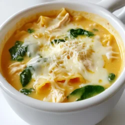 - 1 tablespoon olive oil - 1 medium onion, diced - 2 cloves garlic, minced - 1 pound rotisserie chicken, shredded - 4 cups chicken broth - 1 cup heavy cream - 1 cup ricotta cheese - 2 cups fresh spinach, chopped - 1 teaspoon dried basil - 1 teaspoon dried oregano - Salt and pepper, to taste - 8 ounces lasagna noodles, broken into pieces - 1 cup shredded mozzarella cheese - ½ cup grated Parmesan cheese - Fresh herbs like parsley or thyme can brighten the dish. - A pinch of red pepper flakes adds a nice kick. - You might enjoy diced tomatoes for some acidity. - You can use turkey instead of chicken for a different taste. - Cream cheese works well in place of ricotta if needed. - Vegetable broth can replace chicken broth for a vegetarian option. - Gluten-free pasta can be used for those with dietary needs. This ingredient list gives you the building blocks for a warm and tasty white lasagna soup. Each component adds flavor and texture, making every bowl a delight. Don't be afraid to mix and match based on what you have at home! First, gather all your ingredients. You will need: - 1 tablespoon olive oil - 1 medium onion, diced - 2 cloves garlic, minced - 1 pound rotisserie chicken, shredded - 4 cups chicken broth - 1 cup heavy cream - 1 cup ricotta cheese - 2 cups fresh spinach, chopped - 1 teaspoon dried basil - 1 teaspoon dried oregano - Salt and pepper, to taste - 8 ounces lasagna noodles, broken into pieces - 1 cup shredded mozzarella cheese - ½ cup grated Parmesan cheese Next, chop your onion and mince the garlic. This helps build flavor. In a large pot, heat the olive oil over medium heat. Add the diced onion and cook for 3-4 minutes until it turns soft and clear. Then, stir in the minced garlic. Cook it for just one more minute. Now it’s time to add the shredded rotisserie chicken. Mix it well with the onion and garlic. Pour in the chicken broth and bring the mix to a gentle boil. Once it boils, stir in the heavy cream and ricotta cheese. Make sure everything is mixed nicely. Then add the chopped spinach, dried basil, dried oregano, salt, and pepper. Stir to combine. Carefully add the broken lasagna noodles to the pot. Stir them from time to time to keep them from sticking together. Cook for about 10-12 minutes until the noodles are tender. After the noodles are cooked, reduce the heat to low. Stir in the shredded mozzarella and grated Parmesan cheese until they melt and make the soup creamy. Now, taste the soup and adjust the seasoning if needed. Serve it hot, and if you like, sprinkle a bit more Parmesan on top. Enjoy this comforting bowl of white lasagna soup! To make your White Lasagna Soup extra creamy, use full-fat cream. This helps create a rich, smooth texture. Stir in the heavy cream slowly to blend it well. Adding more ricotta cheese also boosts the creaminess. If you want even more flavor, try adding a splash of cream cheese. This small change makes a big difference. One common mistake is cooking the noodles too long. Overcooked noodles turn mushy and lose their charm. Always check the noodles a minute or two before the time is up. Another mistake is not seasoning enough. Taste your soup as you cook and adjust salt and pepper. Lastly, don’t skip the cheese at the end. Cheese adds flavor and helps thicken the soup. Serve your White Lasagna Soup hot and fresh. It pairs well with crusty bread or a simple salad. For an extra touch, sprinkle more Parmesan cheese on top. You can also add fresh herbs like basil or parsley for color. A glass of crisp white wine complements the soup nicely. Enjoying this meal with loved ones makes it even better. {{image_2}} To make a vegetarian version, swap the chicken for mushrooms or zucchini. You can use the same base. Start with the olive oil, onion, and garlic. Then, add your veggies in place of the chicken. Use vegetable broth instead of chicken broth. This keeps the soup rich and creamy. The spinach and ricotta cheese will still add great flavor. You can also add more cheese for extra creaminess. If you're watching carbs, there are simple swaps you can make. Instead of lasagna noodles, use zucchini noodles or shirataki noodles. These options keep the soup light and healthy. You can also skip the heavy cream. Use unsweetened almond milk instead. The soup will still be tasty and comforting. For a spicy kick, add some red pepper flakes or diced jalapeños. You can also stir in some diced tomatoes for a fresh taste. These ingredients will boost the flavor a lot. If you want more depth, add smoked paprika or cayenne pepper. This spicy twist makes the soup exciting and unique. To store your White Lasagna Soup, let it cool first. Use an airtight container to keep it fresh. Make sure to cover it tightly. You can store the soup in the fridge for up to three days. Always label the container with the date. This way, you know when to eat it. If you want to freeze the soup, use a freezer-safe container. Leave some room at the top for expansion. The soup can last up to three months in the freezer. To defrost, move it to the fridge for a day before you want to eat it. This keeps the flavor and texture great. To reheat, pour the soup into a pot. Heat it on low to medium heat. Stir often to prevent sticking. You can also use the microwave. Just heat in short bursts, stirring in between. If the soup is too thick, add a bit of chicken broth or water. Taste and adjust the seasoning if needed. You can use cooked chicken breast instead of rotisserie chicken. You can also try shredded turkey or even canned chicken. For a vegetarian option, use mushrooms or chickpeas. These options keep the soup tasty and filling. Yes, you can make this soup ahead of time. Cook it fully and let it cool. Store it in an airtight container in the fridge for up to three days. Reheat on the stove over low heat when you're ready to eat. To thicken the soup, add a bit more ricotta cheese or cream. You can also mix in a cornstarch slurry. Just combine one tablespoon of cornstarch with two tablespoons of water. Stir this mix into the soup and let it simmer. Yes, you can use no-boil lasagna noodles. Break them into pieces and add them directly to the soup. They will soften while cooking in the broth. Just be sure to add a bit more liquid to keep the soup creamy. Some great toppings include extra Parmesan cheese or fresh basil. You can also add a dollop of ricotta cheese for creaminess. A sprinkle of red pepper flakes gives a nice kick too. Feel free to get creative with your toppings! This blog post covered all you need to make White Lasagna Soup. We explored ingredients, cooking steps, and fun variations. You learned how to store leftovers and avoid common mistakes. Remember, cooking is about experimenting. Feel free to mix flavors and adjust ingredients to fit your taste. Enjoy your creamy, savory soup and share it with others!