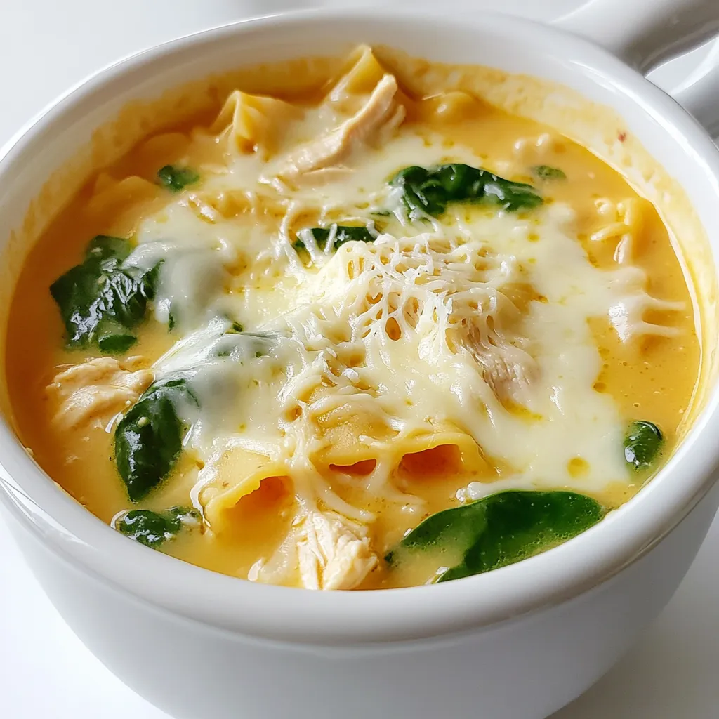 - 1 tablespoon olive oil - 1 medium onion, diced - 2 cloves garlic, minced - 1 pound rotisserie chicken, shredded - 4 cups chicken broth - 1 cup heavy cream - 1 cup ricotta cheese - 2 cups fresh spinach, chopped - 1 teaspoon dried basil - 1 teaspoon dried oregano - Salt and pepper, to taste - 8 ounces lasagna noodles, broken into pieces - 1 cup shredded mozzarella cheese - ½ cup grated Parmesan cheese - Fresh herbs like parsley or thyme can brighten the dish. - A pinch of red pepper flakes adds a nice kick. - You might enjoy diced tomatoes for some acidity. - You can use turkey instead of chicken for a different taste. - Cream cheese works well in place of ricotta if needed. - Vegetable broth can replace chicken broth for a vegetarian option. - Gluten-free pasta can be used for those with dietary needs. This ingredient list gives you the building blocks for a warm and tasty white lasagna soup. Each component adds flavor and texture, making every bowl a delight. Don't be afraid to mix and match based on what you have at home! First, gather all your ingredients. You will need: - 1 tablespoon olive oil - 1 medium onion, diced - 2 cloves garlic, minced - 1 pound rotisserie chicken, shredded - 4 cups chicken broth - 1 cup heavy cream - 1 cup ricotta cheese - 2 cups fresh spinach, chopped - 1 teaspoon dried basil - 1 teaspoon dried oregano - Salt and pepper, to taste - 8 ounces lasagna noodles, broken into pieces - 1 cup shredded mozzarella cheese - ½ cup grated Parmesan cheese Next, chop your onion and mince the garlic. This helps build flavor. In a large pot, heat the olive oil over medium heat. Add the diced onion and cook for 3-4 minutes until it turns soft and clear. Then, stir in the minced garlic. Cook it for just one more minute. Now it’s time to add the shredded rotisserie chicken. Mix it well with the onion and garlic. Pour in the chicken broth and bring the mix to a gentle boil. Once it boils, stir in the heavy cream and ricotta cheese. Make sure everything is mixed nicely. Then add the chopped spinach, dried basil, dried oregano, salt, and pepper. Stir to combine. Carefully add the broken lasagna noodles to the pot. Stir them from time to time to keep them from sticking together. Cook for about 10-12 minutes until the noodles are tender. After the noodles are cooked, reduce the heat to low. Stir in the shredded mozzarella and grated Parmesan cheese until they melt and make the soup creamy. Now, taste the soup and adjust the seasoning if needed. Serve it hot, and if you like, sprinkle a bit more Parmesan on top. Enjoy this comforting bowl of white lasagna soup! To make your White Lasagna Soup extra creamy, use full-fat cream. This helps create a rich, smooth texture. Stir in the heavy cream slowly to blend it well. Adding more ricotta cheese also boosts the creaminess. If you want even more flavor, try adding a splash of cream cheese. This small change makes a big difference. One common mistake is cooking the noodles too long. Overcooked noodles turn mushy and lose their charm. Always check the noodles a minute or two before the time is up. Another mistake is not seasoning enough. Taste your soup as you cook and adjust salt and pepper. Lastly, don’t skip the cheese at the end. Cheese adds flavor and helps thicken the soup. Serve your White Lasagna Soup hot and fresh. It pairs well with crusty bread or a simple salad. For an extra touch, sprinkle more Parmesan cheese on top. You can also add fresh herbs like basil or parsley for color. A glass of crisp white wine complements the soup nicely. Enjoying this meal with loved ones makes it even better. {{image_2}} To make a vegetarian version, swap the chicken for mushrooms or zucchini. You can use the same base. Start with the olive oil, onion, and garlic. Then, add your veggies in place of the chicken. Use vegetable broth instead of chicken broth. This keeps the soup rich and creamy. The spinach and ricotta cheese will still add great flavor. You can also add more cheese for extra creaminess. If you're watching carbs, there are simple swaps you can make. Instead of lasagna noodles, use zucchini noodles or shirataki noodles. These options keep the soup light and healthy. You can also skip the heavy cream. Use unsweetened almond milk instead. The soup will still be tasty and comforting. For a spicy kick, add some red pepper flakes or diced jalapeños. You can also stir in some diced tomatoes for a fresh taste. These ingredients will boost the flavor a lot. If you want more depth, add smoked paprika or cayenne pepper. This spicy twist makes the soup exciting and unique. To store your White Lasagna Soup, let it cool first. Use an airtight container to keep it fresh. Make sure to cover it tightly. You can store the soup in the fridge for up to three days. Always label the container with the date. This way, you know when to eat it. If you want to freeze the soup, use a freezer-safe container. Leave some room at the top for expansion. The soup can last up to three months in the freezer. To defrost, move it to the fridge for a day before you want to eat it. This keeps the flavor and texture great. To reheat, pour the soup into a pot. Heat it on low to medium heat. Stir often to prevent sticking. You can also use the microwave. Just heat in short bursts, stirring in between. If the soup is too thick, add a bit of chicken broth or water. Taste and adjust the seasoning if needed. You can use cooked chicken breast instead of rotisserie chicken. You can also try shredded turkey or even canned chicken. For a vegetarian option, use mushrooms or chickpeas. These options keep the soup tasty and filling. Yes, you can make this soup ahead of time. Cook it fully and let it cool. Store it in an airtight container in the fridge for up to three days. Reheat on the stove over low heat when you're ready to eat. To thicken the soup, add a bit more ricotta cheese or cream. You can also mix in a cornstarch slurry. Just combine one tablespoon of cornstarch with two tablespoons of water. Stir this mix into the soup and let it simmer. Yes, you can use no-boil lasagna noodles. Break them into pieces and add them directly to the soup. They will soften while cooking in the broth. Just be sure to add a bit more liquid to keep the soup creamy. Some great toppings include extra Parmesan cheese or fresh basil. You can also add a dollop of ricotta cheese for creaminess. A sprinkle of red pepper flakes gives a nice kick too. Feel free to get creative with your toppings! This blog post covered all you need to make White Lasagna Soup. We explored ingredients, cooking steps, and fun variations. You learned how to store leftovers and avoid common mistakes. Remember, cooking is about experimenting. Feel free to mix flavors and adjust ingredients to fit your taste. Enjoy your creamy, savory soup and share it with others!