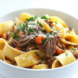 To make a flavorful beef ragu, you need these key ingredients: - 2 lbs beef chuck roast, trimmed and cut into large chunks - 1 large onion, diced - 3 cloves garlic, minced - 1 carrot, finely chopped - 1 celery stalk, finely chopped - 1 can (28 oz) crushed tomatoes - 2 tablespoons tomato paste - 1 tablespoon dried oregano - 1 teaspoon dried basil - 1 teaspoon red pepper flakes (optional) - 1 cup beef broth - 3 tablespoons olive oil - Salt and pepper to taste - 12 oz pappardelle pasta - Fresh parsley, chopped (for garnish) - Grated Parmesan cheese (for serving) These ingredients come together to create a rich and hearty sauce. The beef chuck roast gives the ragu its depth. The vegetables add sweetness and balance. You can add these options to boost the flavor even more: - A splash of red wine for richness - Fresh herbs like thyme or rosemary for depth - Bay leaves during cooking for added aroma - Mushrooms for an earthy touch Using these optional ingredients can take your ragu to new heights. Feel free to experiment based on your taste! If you have dietary needs, consider these substitutions: - Use a lean cut of beef like sirloin for less fat. - Swap beef broth with vegetable broth for a vegetarian option. - Replace pappardelle with gluten-free pasta if needed. - Use canned fire-roasted tomatoes for a smoky flavor. These substitutions keep the dish delicious while fitting various diets. Enjoy customizing your beef ragu! Start by cutting the beef chuck roast into large chunks. This helps the meat cook evenly. Season the beef with salt and pepper. In a large skillet, heat olive oil over medium heat. Once hot, add the beef chunks in batches. Sear the beef until it is browned on all sides. This step adds a lot of flavor. After browning, transfer the beef to your slow cooker. In the same skillet, add diced onion, minced garlic, finely chopped carrot, and celery. Sauté these veggies for about five minutes. You want them soft and fragrant. Make sure to scrape up any browned bits from the skillet. This adds more depth to your ragu. Once they are ready, add them to the slow cooker with the beef. Now it's time to combine everything. Add crushed tomatoes, tomato paste, dried oregano, dried basil, red pepper flakes, and beef broth to the slow cooker. Stir well to mix all the ingredients. Cover the slow cooker and set it on low heat. Cook for six to eight hours. The beef should be tender and easy to shred when done. About 30 minutes before serving, cook the pappardelle pasta. Follow the package instructions for best results. Drain the pasta and set it aside. After the beef cooks, shred it with two forks in the slow cooker. Mix it into the sauce. Adjust seasoning with salt and pepper. Now, the savory beef ragu is ready to serve over your pappardelle! To shred the beef easily, wait until it is tender. Use two forks for this task. Start pulling apart the beef in the slow cooker. The beef should fall apart with little effort. Mix the shredded beef into the sauce for great flavor. This adds richness and depth to every bite. Herbs and spices are key to a tasty ragu. I love using dried oregano and basil. These herbs add a classic Italian touch. Red pepper flakes can give a nice kick if you like heat. Fresh herbs like parsley also brighten the dish. Always taste and adjust the seasoning before serving. A little salt and pepper can make a big difference. Cooking pappardelle pasta can be simple with a few tips. Boil water with salt before adding the pasta. This helps the pasta cook evenly. Follow the package instructions for timing. Drain the pasta but save a little water. This starchy water can help the sauce cling to the pasta. Mix the pasta into the ragu just before serving. This ensures every strand is coated in flavor. {{image_2}} If you want a meatless dish, try a mushroom ragu. Use a mix of mushrooms like cremini and shiitake. Slice them and sauté in olive oil until golden. Add garlic, onion, and carrots just like in the beef recipe. Replace beef broth with vegetable broth for a lighter taste. Use crushed tomatoes and season with the same herbs. Cook it in the slow cooker for about 4-6 hours. This gives the mushrooms time to absorb the flavors and become tender. Serve it over pappardelle or your favorite pasta. Pappardelle is great, but you can switch it up. Try tagliatelle or fettuccine for a similar wide noodle. Both work well with rich sauces. If you prefer a gluten-free option, use rice noodles or zucchini noodles. Cook them according to package instructions. For a fun twist, serve the ragu over polenta. The creamy texture pairs well with the savory sauce, creating a delightful meal. Adding more veggies can make your ragu even better. You can toss in bell peppers, zucchini, or spinach. Chop them into small pieces and add them to the slow cooker with the beef. They will cook down and blend into the sauce. This not only boosts nutrition but also adds great flavor. You can also serve a side salad for extra crunch. This way, you get a balanced meal that is full of color and taste. After you enjoy your Beef Ragu, let it cool down. Place it in an airtight container. Store it in the fridge for up to four days. This keeps the flavors fresh and safe. When you want to eat it again, just remember to check for any signs of spoilage. If you want to keep your ragu for longer, freezing is a great option. Use a freezer-safe container or heavy-duty freezer bags. Leave some space at the top to allow for expansion. Label your container with the date. Beef ragu can last up to three months in the freezer, so you can enjoy it later. When it’s time to reheat your beef ragu, do it gently. You can use the stovetop or microwave. If using the stovetop, heat it in a saucepan over low heat. Stir it often to avoid burning. If you microwave, cover it and heat in short bursts. Add a splash of beef broth to keep it moist. Enjoy it with fresh pappardelle for a tasty meal! It takes about 6 to 8 hours to cook beef ragu in a slow cooker. Cooking on low heat lets the beef become tender and soak up all the flavors. You will know it’s ready when the beef shreds easily with a fork. This slow cooking method gives you rich and deep flavors that make the dish special. Yes, you can use a different cut of beef. While beef chuck roast is great for its tenderness, you could try brisket or a round roast. Just remember, tougher cuts need longer cooking times. Always choose a cut with some fat for better flavor and juiciness. The key is to pick beef that will become tender after slow cooking. You can serve beef ragu with several tasty sides. A simple green salad works well to balance the rich flavors. Garlic bread is another great choice for dipping into the sauce. You might also try roasted vegetables for a healthy touch. And don’t forget a sprinkle of cheese on top for extra flavor! Beef ragu is a hearty dish you can make in many ways. You learned about essential and optional ingredients to build flavor. We covered steps to prepare beef and cook it in the slow cooker. Tips for shredding beef and cooking perfect pappardelle help you get it just right. You also found ideas for a vegetarian version and ways to save leftovers. Overall, this dish is fun to make and satisfying to eat. Enjoy trying these methods and flavors in your kitchen!