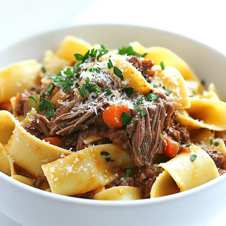 To make a flavorful beef ragu, you need these key ingredients: - 2 lbs beef chuck roast, trimmed and cut into large chunks - 1 large onion, diced - 3 cloves garlic, minced - 1 carrot, finely chopped - 1 celery stalk, finely chopped - 1 can (28 oz) crushed tomatoes - 2 tablespoons tomato paste - 1 tablespoon dried oregano - 1 teaspoon dried basil - 1 teaspoon red pepper flakes (optional) - 1 cup beef broth - 3 tablespoons olive oil - Salt and pepper to taste - 12 oz pappardelle pasta - Fresh parsley, chopped (for garnish) - Grated Parmesan cheese (for serving) These ingredients come together to create a rich and hearty sauce. The beef chuck roast gives the ragu its depth. The vegetables add sweetness and balance. You can add these options to boost the flavor even more: - A splash of red wine for richness - Fresh herbs like thyme or rosemary for depth - Bay leaves during cooking for added aroma - Mushrooms for an earthy touch Using these optional ingredients can take your ragu to new heights. Feel free to experiment based on your taste! If you have dietary needs, consider these substitutions: - Use a lean cut of beef like sirloin for less fat. - Swap beef broth with vegetable broth for a vegetarian option. - Replace pappardelle with gluten-free pasta if needed. - Use canned fire-roasted tomatoes for a smoky flavor. These substitutions keep the dish delicious while fitting various diets. Enjoy customizing your beef ragu! Start by cutting the beef chuck roast into large chunks. This helps the meat cook evenly. Season the beef with salt and pepper. In a large skillet, heat olive oil over medium heat. Once hot, add the beef chunks in batches. Sear the beef until it is browned on all sides. This step adds a lot of flavor. After browning, transfer the beef to your slow cooker. In the same skillet, add diced onion, minced garlic, finely chopped carrot, and celery. Sauté these veggies for about five minutes. You want them soft and fragrant. Make sure to scrape up any browned bits from the skillet. This adds more depth to your ragu. Once they are ready, add them to the slow cooker with the beef. Now it's time to combine everything. Add crushed tomatoes, tomato paste, dried oregano, dried basil, red pepper flakes, and beef broth to the slow cooker. Stir well to mix all the ingredients. Cover the slow cooker and set it on low heat. Cook for six to eight hours. The beef should be tender and easy to shred when done. About 30 minutes before serving, cook the pappardelle pasta. Follow the package instructions for best results. Drain the pasta and set it aside. After the beef cooks, shred it with two forks in the slow cooker. Mix it into the sauce. Adjust seasoning with salt and pepper. Now, the savory beef ragu is ready to serve over your pappardelle! To shred the beef easily, wait until it is tender. Use two forks for this task. Start pulling apart the beef in the slow cooker. The beef should fall apart with little effort. Mix the shredded beef into the sauce for great flavor. This adds richness and depth to every bite. Herbs and spices are key to a tasty ragu. I love using dried oregano and basil. These herbs add a classic Italian touch. Red pepper flakes can give a nice kick if you like heat. Fresh herbs like parsley also brighten the dish. Always taste and adjust the seasoning before serving. A little salt and pepper can make a big difference. Cooking pappardelle pasta can be simple with a few tips. Boil water with salt before adding the pasta. This helps the pasta cook evenly. Follow the package instructions for timing. Drain the pasta but save a little water. This starchy water can help the sauce cling to the pasta. Mix the pasta into the ragu just before serving. This ensures every strand is coated in flavor. {{image_2}} If you want a meatless dish, try a mushroom ragu. Use a mix of mushrooms like cremini and shiitake. Slice them and sauté in olive oil until golden. Add garlic, onion, and carrots just like in the beef recipe. Replace beef broth with vegetable broth for a lighter taste. Use crushed tomatoes and season with the same herbs. Cook it in the slow cooker for about 4-6 hours. This gives the mushrooms time to absorb the flavors and become tender. Serve it over pappardelle or your favorite pasta. Pappardelle is great, but you can switch it up. Try tagliatelle or fettuccine for a similar wide noodle. Both work well with rich sauces. If you prefer a gluten-free option, use rice noodles or zucchini noodles. Cook them according to package instructions. For a fun twist, serve the ragu over polenta. The creamy texture pairs well with the savory sauce, creating a delightful meal. Adding more veggies can make your ragu even better. You can toss in bell peppers, zucchini, or spinach. Chop them into small pieces and add them to the slow cooker with the beef. They will cook down and blend into the sauce. This not only boosts nutrition but also adds great flavor. You can also serve a side salad for extra crunch. This way, you get a balanced meal that is full of color and taste. After you enjoy your Beef Ragu, let it cool down. Place it in an airtight container. Store it in the fridge for up to four days. This keeps the flavors fresh and safe. When you want to eat it again, just remember to check for any signs of spoilage. If you want to keep your ragu for longer, freezing is a great option. Use a freezer-safe container or heavy-duty freezer bags. Leave some space at the top to allow for expansion. Label your container with the date. Beef ragu can last up to three months in the freezer, so you can enjoy it later. When it’s time to reheat your beef ragu, do it gently. You can use the stovetop or microwave. If using the stovetop, heat it in a saucepan over low heat. Stir it often to avoid burning. If you microwave, cover it and heat in short bursts. Add a splash of beef broth to keep it moist. Enjoy it with fresh pappardelle for a tasty meal! It takes about 6 to 8 hours to cook beef ragu in a slow cooker. Cooking on low heat lets the beef become tender and soak up all the flavors. You will know it’s ready when the beef shreds easily with a fork. This slow cooking method gives you rich and deep flavors that make the dish special. Yes, you can use a different cut of beef. While beef chuck roast is great for its tenderness, you could try brisket or a round roast. Just remember, tougher cuts need longer cooking times. Always choose a cut with some fat for better flavor and juiciness. The key is to pick beef that will become tender after slow cooking. You can serve beef ragu with several tasty sides. A simple green salad works well to balance the rich flavors. Garlic bread is another great choice for dipping into the sauce. You might also try roasted vegetables for a healthy touch. And don’t forget a sprinkle of cheese on top for extra flavor! Beef ragu is a hearty dish you can make in many ways. You learned about essential and optional ingredients to build flavor. We covered steps to prepare beef and cook it in the slow cooker. Tips for shredding beef and cooking perfect pappardelle help you get it just right. You also found ideas for a vegetarian version and ways to save leftovers. Overall, this dish is fun to make and satisfying to eat. Enjoy trying these methods and flavors in your kitchen!