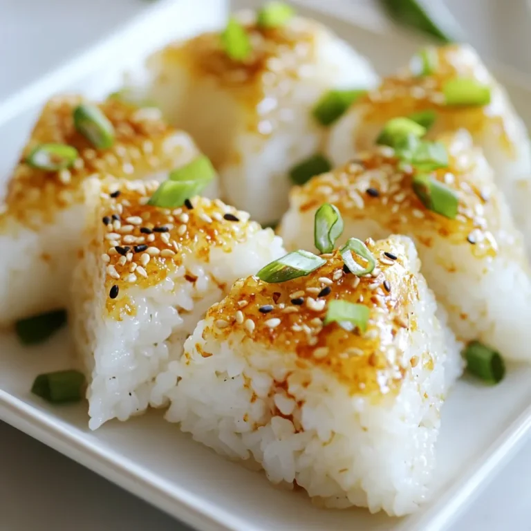 To make Chicken Onigiri, you need these key items: - 2 cups sushi rice - 2 1/2 cups water - 1 teaspoon salt - 1 tablespoon rice vinegar - 1 tablespoon sugar - 1 cup cooked chicken, shredded - 1/4 cup green onions, finely chopped - 2 tablespoons soy sauce - 1 sheet nori, cut into strips (optional) - Sesame seeds for garnish (optional) These ingredients create a tasty and filling rice ball. You can add fun flavors and textures to your onigiri with these optional items: - Nori strips add a nice crunch. - Sesame seeds give a nutty taste. - Fresh herbs like cilantro or shiso enhance flavor. These extras make your onigiri unique and beautiful. Don't have an ingredient? Here are some easy swaps: - Use brown rice instead of sushi rice for a nuttier flavor. - Replace cooked chicken with tofu for a plant-based twist. - Any soy sauce can work. Try tamari for a gluten-free option. These substitutions let you customize your onigiri to your taste. {{ingredient_image_1}} To start, rinse 2 cups of sushi rice under cold water. Do this until the water runs clear. This step helps to remove excess starch. It will make your rice less sticky. Next, combine the rinsed rice and 2 1/2 cups of water in a rice cooker or a pot. Let the mixture soak for 30 minutes. This soak helps the rice cook evenly. If you’re using a rice cooker, turn it on and let it cook. If you don’t have a rice cooker, bring the pot to a boil. Cover it and reduce the heat. Cook for 18 to 20 minutes. Once cooked, let the rice sit covered for 10 minutes. This resting time makes the rice fluffier. In a bowl, mix 1 cup of shredded chicken with 2 tablespoons of soy sauce and 1/4 cup of finely chopped green onions. You can use teriyaki-flavored or grilled chicken for extra taste. Make sure everything combines well. This chicken filling gives the onigiri its savory flavor. Set this mixture aside while you prepare the rice. Once the rice is cool enough to touch, wet your hands with water. This helps prevent the rice from sticking. Take about 1/4 cup of rice and flatten it in your palm. Leave a small dip in the center. Now, place a spoonful of the chicken mixture into this dip. Mold the rice around the filling to form a shape. You can choose between a triangle or a round shape. Press gently but firmly to hold the onigiri together. If you like, wrap a strip of nori around the base or sprinkle sesame seeds on top. This adds flavor and looks nice too. Repeat this process until all your onigiri are shaped. Enjoy these tasty treats fresh or pack them for a snack! To keep your rice from sticking, rinse it well. Rinse the sushi rice under cold water until the water runs clear. This step helps remove excess starch. Use a rice cooker if you can; it makes cooking easier. If you cook in a pot, let the rice soak for 30 minutes. This allows the grains to absorb water and cook evenly. After cooking, let it sit covered for 10 minutes to finish steaming. Shaping onigiri can be fun. First, wet your hands with water to stop the rice from sticking to your skin. Take about 1/4 cup of rice and flatten it in your palm. Create a small indentation in the center. Next, spoon in some chicken filling. Mold the rice around it carefully. Press gently to form a nice triangle or round shape. This helps keep your onigiri strong and intact. Onigiri is best served fresh, but you can store it too. Arrange your onigiri on a platter, garnished with herbs or cucumber slices. For storage, keep them in an airtight container. If you want to eat them later, wrap them in plastic wrap. This keeps the rice moist. You can also freeze them for later. When ready to eat, just reheat them gently in the microwave. Pro Tips Perfectly Cooked Rice: Always rinse sushi rice thoroughly to remove excess starch, ensuring each grain remains distinct and fluffy after cooking. Flavorful Chicken Filling: Use teriyaki-flavored or grilled chicken for a richer taste; marinating the chicken beforehand can also enhance the flavor. Shaping Onigiri: Wet your hands with water before handling the rice to prevent sticking, making it easier to shape the onigiri without making a mess. Presentation Matters: Garnish your onigiri with fresh herbs or colorful vegetable slices to make the dish visually appealing, enhancing the overall dining experience. {{image_2}} You can switch up the filling in your chicken onigiri. Instead of shredded chicken, try tuna or salmon. For a vegetarian option, use avocado or sautéed mushrooms. You can even mix in some cream cheese for a rich flavor. Just keep it simple and tasty. Onigiri don’t have to be just triangular. You can form them into rounds or squares. This makes them fun for kids or parties. For a great look, stack them in a bento box. Add colorful veggies or fruit around them for a nice touch. If you need gluten-free options, use tamari instead of soy sauce. For vegans, replace chicken with tofu or chickpeas. You can also use vegetable broth when cooking the rice for extra flavor. These tweaks keep the dish tasty and still enjoyable for all diets. To keep your leftover onigiri fresh, wrap each one in plastic wrap. This helps to lock in moisture and keeps them from drying out. Place the wrapped onigiri in an airtight container. Store it in the fridge for up to three days. Remember, the rice will harden when cold. You can freeze onigiri for later. First, wrap each onigiri tightly in plastic wrap. Then, place them in a freezer bag. Remove as much air as possible before sealing. You can freeze onigiri for up to a month. When ready to eat, let them thaw in the fridge overnight. Reheat onigiri in the microwave for about 30 seconds on medium power. Make sure to unwrap them first. Adding a damp paper towel helps keep them moist. If you prefer, you can also reheat them on a skillet over low heat. This gives them a nice crispy outside. Enjoy your tasty onigiri warm! Chicken Onigiri is a Japanese rice ball. It is made with sushi rice and filled with chicken. You can use cooked chicken, like teriyaki or grilled chicken. The rice is seasoned with vinegar and sugar, giving it a unique taste. You can shape it into triangles or balls. It's often wrapped in nori, which adds flavor and crunch. Yes, you can make Chicken Onigiri ahead of time. Prepare the onigiri and store them in the fridge. Keep them in an airtight container to stay fresh. They taste best when eaten within one or two days. If you want to enjoy them later, add the nori just before eating. This keeps the nori crispy. You can find Chicken Onigiri at Japanese grocery stores or sushi shops. Some Asian markets also sell pre-made onigiri. Check local convenience stores; they might have them in the refrigerated section. If you can't find them, you can easily make your own at home with this recipe! In this blog post, we explored making chicken onigiri from scratch. We covered essential ingredients, preparation steps, and helpful tips. You can use various fillings and even find options for special diets. Remember, store leftover onigiri properly to keep it fresh. Making these rice balls is fun and tasty. Now, gather your ingredients and try it out! Enjoy each bite and get creative with your flavors!
