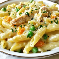 When preparing Chicken Pot Pie Pasta, gathering the right ingredients is key to a delicious dish. Here’s what you need: - Pasta Options: 8 ounces of penne or fusilli - Vegetables: 1 medium onion (diced), 2 cloves garlic (minced), 2 carrots (diced), 1 cup frozen peas - Protein: 2 cups of cooked chicken (shredded) - Liquid Ingredients: 4 cups chicken broth, 1 cup heavy cream - Seasonings: 1 teaspoon dried thyme, 1 teaspoon dried rosemary, salt, and pepper to taste - Optional Ingredients: 2 tablespoons cornstarch (for thickening), ½ cup grated Parmesan cheese, fresh parsley (chopped for garnish) These ingredients come together to create a creamy, hearty dish that warms you up from the inside. Each one plays a vital role, from the tender pasta to the rich chicken and fresh veggies. Enjoy the process of selecting these items, as they set the stage for a comforting meal that feels like a warm hug. {{ingredient_image_1}} Bringing Water to a Boil Start by filling a large pot with water. Add a pinch of salt to the water. Heat the pot on high until it boils. This should take about 5-10 minutes. Cooking Time and Draining Pasta Once the water boils, add 8 ounces of pasta. You can use penne or fusilli for this dish. Cook the pasta according to the package directions until it is al dente. This usually takes 8-10 minutes. Drain the pasta in a colander and set it aside. Heating Olive Oil In a large skillet, pour 2 tablespoons of olive oil. Heat the oil over medium heat. Wait until the oil shimmers before adding the vegetables. Cooking Onions, Garlic, and Carrots Add 1 medium diced onion to the skillet. Sauté the onion for about 3-4 minutes until it looks clear. Then add 2 cloves of minced garlic and 2 diced carrots. Cook for another 3 minutes until the carrots are tender but still crisp. Adding Chicken and Peas Stir in 2 cups of shredded cooked chicken. Next, add 1 cup of frozen peas. Cook for about 2-3 minutes until the peas are warm and bright green. Making the Sauce with Broth and Cream Pour in 4 cups of chicken broth and 1 cup of heavy cream. Add 1 teaspoon of dried thyme, 1 teaspoon of dried rosemary, and salt and pepper to taste. Bring the mixture to a gentle simmer. Let it cook for 5-10 minutes until it thickens slightly. If you want a thicker sauce, mix 2 tablespoons of cornstarch with a bit of water. Stir this slurry into the sauce until it thickens. Mixing Pasta with the Sauce Add the drained pasta to the skillet. Toss everything together gently. Make sure the pasta is well coated with the creamy sauce. Adding Parmesan Cheese Stir in ½ cup of grated Parmesan cheese. Mix until the cheese melts and combines well with the sauce. Garnishing for Presentation Spoon the Chicken Pot Pie Pasta into bowls. Garnish each serving with fresh chopped parsley for a pop of color. You can also add extra Parmesan on top for more flavor. To make your sauce just right, use cornstarch. Mix two tablespoons of cornstarch with a little water. This creates a slurry. Add it to the sauce if you want it thicker. Stir well, and watch the magic happen. The sauce will coat your pasta perfectly. Enhance flavor with herbs and seasonings. Dried thyme and rosemary work great here. They add warmth and depth. You can also try fresh herbs if you have them. Fresh parsley on top adds a nice touch too. Sautéing vegetables brings out their best flavors. Start with olive oil in a skillet. Cook the onions until they are soft. Then add garlic and carrots for a few more minutes. This builds a great base for your dish. Using leftover chicken is smart. It saves time and adds flavor. Shredded chicken from a previous meal works well. It makes this dish even easier to prepare. For a lovely look, serve in wide, shallow bowls. Top with extra Parmesan cheese and fresh parsley. This makes your dish pop visually. You can even add a small biscuit or flaky pastry on the side. It gives that classic pot pie feel. Pair your Chicken Pot Pie Pasta with a simple salad. A green salad with light dressing complements it well. You can also serve with crusty bread for extra comfort. These sides will make your meal even more enjoyable. Pro Tips Use Rotisserie Chicken: For a quicker preparation, opt for store-bought rotisserie chicken. It saves time and adds a delicious flavor to your dish. Veggie Variations: Feel free to add other vegetables like bell peppers, broccoli, or mushrooms to enhance the dish's nutrition and flavor. Thicken the Sauce: For a creamier texture, allow the sauce to simmer longer or add a bit more cornstarch slurry to reach your desired consistency. Cheese Alternatives: Experiment with different types of cheese, such as cheddar or Gruyère, for a unique twist on the flavor profile. {{image_2}} You can swap chicken for other proteins. Turkey is a great choice. It has a similar taste and texture. You can also go for a vegetarian option. Try using chickpeas or cooked lentils. These options add protein and keep the dish hearty. If you want to make it vegan, use tofu or tempeh. These substitutes work well with the creamy sauce. Not all pasta is the same. You can use whole wheat pasta for more fiber. This option adds a nutty taste. If gluten is a concern, gluten-free pasta works too. It cooks well and soaks up the sauce nicely. You could try shapes like rotini or bowties. They hold the sauce better and make each bite fun. Heavy cream gives a rich flavor, but there are lighter options. Greek yogurt is a fantastic substitute. It adds creaminess without all the fat. Just mix it in at the end. You can also use coconut milk for a dairy-free version. It gives a slight sweetness that works well with savory flavors. Your dish will still taste amazing while being a bit healthier. Store any leftovers in airtight containers. This helps keep the pasta fresh. Make sure to let it cool first. Place it in the fridge. It will last about three to four days. To freeze Chicken Pot Pie Pasta, let it cool completely. Then, scoop it into freezer-safe bags. Remove as much air as possible. Label each bag with the date. This dish can stay frozen for up to three months. For the best taste, reheat on the stove. Use a non-stick pan over low heat. Stir in a splash of broth or cream to keep it moist. You can also microwave it in a bowl. Cover the bowl to hold in steam. Heat in short bursts, stirring in between. Enjoy your comforting meal! Yes, you can use uncooked chicken. Start by cutting the chicken into small pieces. Sauté the raw chicken in olive oil until it turns golden brown. This should take about 5-7 minutes. Make sure the chicken is cooked through before adding the vegetables. It adds great flavor and keeps the dish juicy. To make Chicken Pot Pie Pasta vegetarian, you can replace the chicken with plant-based protein. Try using tofu or chickpeas. For a tasty twist, add mushrooms for a meaty texture. You can also increase the number of vegetables. Think about adding bell peppers, zucchini, or spinach. Use vegetable broth instead of chicken broth to keep the flavors rich. Chicken Pot Pie Pasta pairs well with many sides. Consider serving a crisp green salad for freshness. Garlic bread or crusty rolls are also great to soak up the creamy sauce. For a lighter option, steam some broccoli or green beans. These sides will complement the dish nicely. Chicken Pot Pie Pasta lasts about 3-4 days in the fridge. Store it in an airtight container to keep it fresh. If you want to save it longer, you can freeze it. It will keep well for about 2-3 months in the freezer. Just make sure to label the container with the date. To create a great Chicken Pot Pie Pasta, start with the right ingredients. Use penne or fusilli, fresh veggies, and cooked chicken. Follow the steps carefully for cooking and combining these elements. Enhance the sauce for extra flavor. You can also try different proteins or pasta types for variety. Remember to store leftovers well and reheat them properly to enjoy later. This dish is adaptable and simple, making it a perfect weeknight meal. Enjoy your cooking adventure and share it with loved ones!