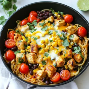 To make Monterey Chicken Spaghetti, you'll need a mix of simple and fresh items. Here’s what you should gather: - 8 oz spaghetti - 1 lb boneless, skinless chicken breast, cubed - 1 tablespoon olive oil - 1 teaspoon garlic powder - 1 teaspoon smoked paprika - 1 teaspoon chili powder - Salt and pepper to taste - 1 cup cherry tomatoes, halved - 1 cup corn kernels, fresh or frozen - 1 cup black beans, drained and rinsed - 1 cup shredded Monterey Jack cheese - 1/4 cup fresh cilantro, chopped - Juice of 1 lime This recipe focuses on fresh produce and flavorful spices. The chicken gives protein, while the spaghetti forms a hearty base. Each spice adds layers of flavor. The cherry tomatoes and corn bring sweet notes, while black beans add texture. Finally, the melting Monterey Jack cheese ties everything together. I love using fresh cilantro and lime juice for brightening the dish. The aroma of olive oil and spices when cooking is truly inviting. This meal is not just easy to make; it's also a delight for the taste buds. {{ingredient_image_1}} To start, bring a large pot of salted water to a boil. The salt helps flavor the pasta. Once the water is boiling, add 8 oz of spaghetti. Cook it according to the package instructions until it is al dente. This usually takes about 8 to 10 minutes. Al dente means the pasta is firm to the bite. After cooking, drain the spaghetti and set it aside. Next, it's time to prepare the chicken. Take 1 lb of boneless, skinless chicken breast and cut it into cubes. In a large skillet, heat 1 tablespoon of olive oil over medium heat. Add the cubed chicken to the skillet. Sprinkle it with 1 teaspoon of garlic powder, 1 teaspoon of smoked paprika, 1 teaspoon of chili powder, and season with salt and pepper. Sauté the chicken for about 5 to 7 minutes. Look for a golden brown color to know it's done. Once the chicken is cooked, it’s time to add some color. Stir in 1 cup of halved cherry tomatoes, 1 cup of corn kernels, and 1 cup of drained black beans. Cook this mix for an additional 3 to 4 minutes. You want the tomatoes to soften and the veggies to heat through. After that, gently add the cooked spaghetti to the skillet. Toss everything together so all the flavors mix well. Now comes the best part—cheese! Sprinkle 1 cup of shredded Monterey Jack cheese over the top of the dish. Cover the skillet with a lid and let it sit for 2 to 3 minutes. This helps melt the cheese. For a gooey finish, try not to rush this step. Finally, remove the skillet from heat. Drizzle the juice of 1 lime over the pasta for a fresh taste. Garnish with 1/4 cup of chopped fresh cilantro. This adds a nice pop of color and flavor. Serve the dish warm for a delightful family meal. To ensure even cooking, cut the chicken into small, even cubes. This helps them cook at the same rate. Sauté them over medium heat for about 5-7 minutes. Look for a golden brown color to know they are done. To avoid dryness, do not overcook the chicken. Keep an eye on it, and remove it from the heat once it is fully cooked. Cooking al dente means the pasta is firm when you bite into it. This gives it a nice texture. To prevent sticking, stir the spaghetti while it cooks. After draining, you can toss it with a little olive oil. This keeps the noodles separate and tasty. Add variety with spices. A pinch of cayenne pepper can give a nice kick. Fresh herbs like oregano or basil also work well. For side dishes, consider a simple salad or garlic bread. These pair well with Monterey Chicken Spaghetti and add freshness to your meal. Pro Tips Perfect Pasta: Always salt your pasta water generously to enhance the flavor of your spaghetti. Chicken Cooking: Make sure to cook the chicken until it's golden brown for added flavor and texture. Cheese Melting: Cover the skillet after adding cheese to help it melt evenly and create a delicious gooey top. Fresh Ingredients: Using fresh corn and ripe cherry tomatoes will elevate the flavor of your dish significantly. {{image_2}} You can easily make Monterey Chicken Spaghetti vegetarian. Just swap the chicken for plant-based protein. Options like tofu, tempeh, or chickpeas work great. They soak up flavors well and add protein. You can also add more veggies. Try bell peppers, zucchini, or mushrooms to enhance the dish. These veggies add color and nutrients. If you love spice, add jalapeños or hot sauce. Chop fresh jalapeños and mix them in with the chicken. You can control the spice level by adding more or less. For hot sauce, start with a few drops and taste. Adjust to your liking. This gives the pasta an exciting kick! Switch up the cheese for fun flavors. Try using cheddar or pepper jack instead of Monterey Jack. Both melt nicely and add depth. For the best melt, shred the cheese yourself. Store-bought shredded cheese often has anti-caking agents that can affect melting. You want that gooey, stretchy cheese on top! To keep your Monterey Chicken Spaghetti fresh, store leftovers in an airtight container. Make sure to cool it to room temperature before sealing. This helps prevent moisture buildup. You can safely eat the leftovers within 3 to 4 days. Always check for any off smells or changes in color before eating. Freezing Monterey Chicken Spaghetti is easy. First, let it cool completely. Then, divide it into portions and place them in freezer-safe bags or containers. Be sure to remove as much air as possible to avoid freezer burn. You can freeze it for up to 3 months. When you're ready to eat, simply thaw it in the fridge overnight. To enjoy your Monterey Chicken Spaghetti again, choose the best reheating method. The microwave is quick and easy but may change the texture. Heat it in short bursts, stirring in between. The oven gives a better finish. Preheat to 350°F, cover with foil, and bake for about 20 minutes. The stovetop is also a great choice. Add a splash of water to help it heat evenly. Stir often until hot. Each method has its perks, so pick the one you prefer! You can use several cheeses instead of Monterey Jack. Cheddar is a great option. It melts well and adds a sharp taste. Pepper Jack gives a spicy kick. Mozzarella offers a mild flavor and great stretch. Yes, you can prepare this dish ahead. Cook the spaghetti and chicken as usual. After combining, let it cool. Store it in the fridge in an airtight container for up to three days. When ready to eat, reheat it on the stove or in the microwave. To make Monterey Chicken Spaghetti gluten-free, use gluten-free pasta. Many brands offer great options. Check labels to ensure they meet your needs. For the sauce, use gluten-free spices and ingredients. Always read labels on canned products like beans. This recipe combines tasty spaghetti, chicken, and fresh veggies. You learned how to cook the chicken, prepare the pasta, and layer flavors right. I shared tips for both vegetarian and spicy options, ensuring everyone can enjoy the meal. Storing and reheating leftovers keeps it fresh for later. Remember, cooking is fun. Experiment with flavors and find your favorite combinations. Enjoy your cooking journey and share it with friends!