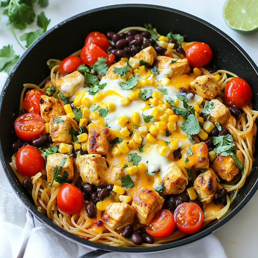 To make Monterey Chicken Spaghetti, you'll need a mix of simple and fresh items. Here’s what you should gather: - 8 oz spaghetti - 1 lb boneless, skinless chicken breast, cubed - 1 tablespoon olive oil - 1 teaspoon garlic powder - 1 teaspoon smoked paprika - 1 teaspoon chili powder - Salt and pepper to taste - 1 cup cherry tomatoes, halved - 1 cup corn kernels, fresh or frozen - 1 cup black beans, drained and rinsed - 1 cup shredded Monterey Jack cheese - 1/4 cup fresh cilantro, chopped - Juice of 1 lime This recipe focuses on fresh produce and flavorful spices. The chicken gives protein, while the spaghetti forms a hearty base. Each spice adds layers of flavor. The cherry tomatoes and corn bring sweet notes, while black beans add texture. Finally, the melting Monterey Jack cheese ties everything together. I love using fresh cilantro and lime juice for brightening the dish. The aroma of olive oil and spices when cooking is truly inviting. This meal is not just easy to make; it's also a delight for the taste buds. {{ingredient_image_1}} To start, bring a large pot of salted water to a boil. The salt helps flavor the pasta. Once the water is boiling, add 8 oz of spaghetti. Cook it according to the package instructions until it is al dente. This usually takes about 8 to 10 minutes. Al dente means the pasta is firm to the bite. After cooking, drain the spaghetti and set it aside. Next, it's time to prepare the chicken. Take 1 lb of boneless, skinless chicken breast and cut it into cubes. In a large skillet, heat 1 tablespoon of olive oil over medium heat. Add the cubed chicken to the skillet. Sprinkle it with 1 teaspoon of garlic powder, 1 teaspoon of smoked paprika, 1 teaspoon of chili powder, and season with salt and pepper. Sauté the chicken for about 5 to 7 minutes. Look for a golden brown color to know it's done. Once the chicken is cooked, it’s time to add some color. Stir in 1 cup of halved cherry tomatoes, 1 cup of corn kernels, and 1 cup of drained black beans. Cook this mix for an additional 3 to 4 minutes. You want the tomatoes to soften and the veggies to heat through. After that, gently add the cooked spaghetti to the skillet. Toss everything together so all the flavors mix well. Now comes the best part—cheese! Sprinkle 1 cup of shredded Monterey Jack cheese over the top of the dish. Cover the skillet with a lid and let it sit for 2 to 3 minutes. This helps melt the cheese. For a gooey finish, try not to rush this step. Finally, remove the skillet from heat. Drizzle the juice of 1 lime over the pasta for a fresh taste. Garnish with 1/4 cup of chopped fresh cilantro. This adds a nice pop of color and flavor. Serve the dish warm for a delightful family meal. To ensure even cooking, cut the chicken into small, even cubes. This helps them cook at the same rate. Sauté them over medium heat for about 5-7 minutes. Look for a golden brown color to know they are done. To avoid dryness, do not overcook the chicken. Keep an eye on it, and remove it from the heat once it is fully cooked. Cooking al dente means the pasta is firm when you bite into it. This gives it a nice texture. To prevent sticking, stir the spaghetti while it cooks. After draining, you can toss it with a little olive oil. This keeps the noodles separate and tasty. Add variety with spices. A pinch of cayenne pepper can give a nice kick. Fresh herbs like oregano or basil also work well. For side dishes, consider a simple salad or garlic bread. These pair well with Monterey Chicken Spaghetti and add freshness to your meal. Pro Tips Perfect Pasta: Always salt your pasta water generously to enhance the flavor of your spaghetti. Chicken Cooking: Make sure to cook the chicken until it's golden brown for added flavor and texture. Cheese Melting: Cover the skillet after adding cheese to help it melt evenly and create a delicious gooey top. Fresh Ingredients: Using fresh corn and ripe cherry tomatoes will elevate the flavor of your dish significantly. {{image_2}} You can easily make Monterey Chicken Spaghetti vegetarian. Just swap the chicken for plant-based protein. Options like tofu, tempeh, or chickpeas work great. They soak up flavors well and add protein. You can also add more veggies. Try bell peppers, zucchini, or mushrooms to enhance the dish. These veggies add color and nutrients. If you love spice, add jalapeños or hot sauce. Chop fresh jalapeños and mix them in with the chicken. You can control the spice level by adding more or less. For hot sauce, start with a few drops and taste. Adjust to your liking. This gives the pasta an exciting kick! Switch up the cheese for fun flavors. Try using cheddar or pepper jack instead of Monterey Jack. Both melt nicely and add depth. For the best melt, shred the cheese yourself. Store-bought shredded cheese often has anti-caking agents that can affect melting. You want that gooey, stretchy cheese on top! To keep your Monterey Chicken Spaghetti fresh, store leftovers in an airtight container. Make sure to cool it to room temperature before sealing. This helps prevent moisture buildup. You can safely eat the leftovers within 3 to 4 days. Always check for any off smells or changes in color before eating. Freezing Monterey Chicken Spaghetti is easy. First, let it cool completely. Then, divide it into portions and place them in freezer-safe bags or containers. Be sure to remove as much air as possible to avoid freezer burn. You can freeze it for up to 3 months. When you're ready to eat, simply thaw it in the fridge overnight. To enjoy your Monterey Chicken Spaghetti again, choose the best reheating method. The microwave is quick and easy but may change the texture. Heat it in short bursts, stirring in between. The oven gives a better finish. Preheat to 350°F, cover with foil, and bake for about 20 minutes. The stovetop is also a great choice. Add a splash of water to help it heat evenly. Stir often until hot. Each method has its perks, so pick the one you prefer! You can use several cheeses instead of Monterey Jack. Cheddar is a great option. It melts well and adds a sharp taste. Pepper Jack gives a spicy kick. Mozzarella offers a mild flavor and great stretch. Yes, you can prepare this dish ahead. Cook the spaghetti and chicken as usual. After combining, let it cool. Store it in the fridge in an airtight container for up to three days. When ready to eat, reheat it on the stove or in the microwave. To make Monterey Chicken Spaghetti gluten-free, use gluten-free pasta. Many brands offer great options. Check labels to ensure they meet your needs. For the sauce, use gluten-free spices and ingredients. Always read labels on canned products like beans. This recipe combines tasty spaghetti, chicken, and fresh veggies. You learned how to cook the chicken, prepare the pasta, and layer flavors right. I shared tips for both vegetarian and spicy options, ensuring everyone can enjoy the meal. Storing and reheating leftovers keeps it fresh for later. Remember, cooking is fun. Experiment with flavors and find your favorite combinations. Enjoy your cooking journey and share it with friends!