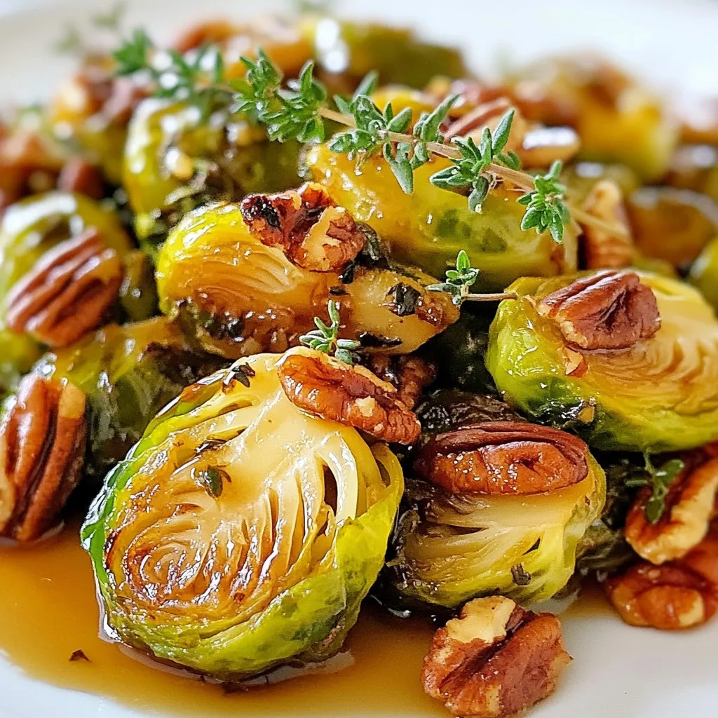 To make maple glazed Brussels sprouts, gather these simple ingredients: - 1 lb Brussels sprouts, trimmed and halved - 3 tablespoons olive oil - ¼ cup pure maple syrup - 2 tablespoons balsamic vinegar - 2 cloves garlic, minced - Salt and pepper to taste - ¼ cup chopped pecans (optional for crunch) - Fresh thyme leaves, for garnish You can swap some ingredients if needed: - Use avocado oil instead of olive oil for a lighter flavor. - Honey can replace maple syrup for a different sweetness. - Red wine vinegar works well if you don’t have balsamic vinegar. - For a nut-free dish, skip the pecans or use sunflower seeds. Feel free to add more flavor and texture: - Toss in some crispy bacon for a smoky taste. - Add dried cranberries for a sweet and tart bite. - Mix in Parmesan cheese for a savory twist. - Try a pinch of red pepper flakes for heat. These simple ingredients and swaps will help you create a delicious dish that everyone will love! {{ingredient_image_1}} First, gather your ingredients. You will need: - 1 lb Brussels sprouts, trimmed and halved - 3 tablespoons olive oil - ¼ cup pure maple syrup - 2 tablespoons balsamic vinegar - 2 cloves garlic, minced - Salt and pepper to taste - ¼ cup chopped pecans (optional for crunch) - Fresh thyme leaves, for garnish Next, preheat your oven to 400°F (200°C). This step is key for perfect roasting. In a large bowl, add the halved Brussels sprouts. Pour in the olive oil, and sprinkle salt and pepper. Add the minced garlic too. Toss well to coat each sprout evenly. Now, spread the coated Brussels sprouts on a baking sheet lined with parchment paper. Make sure they are in a single layer. This helps them roast evenly. Place the baking sheet in the oven. Roast for 20-25 minutes. Stir them halfway through to ensure they cook well. Look for a nice golden brown color and crispy edges. While the Brussels sprouts roast, prepare the maple glaze. In a small saucepan, combine the maple syrup and balsamic vinegar. Heat this mixture over medium heat. Bring it to a simmer. Reduce the heat and let it cook for 3-4 minutes. You want it to thicken slightly. Once the Brussels sprouts are done, take them out of the oven. Drizzle the warm maple glaze over the sprouts. Toss them gently to coat. If you want extra crunch, sprinkle the chopped pecans on top. Return them to the oven for another 5 minutes. This step adds a lovely texture. Finally, remove the baking sheet from the oven. Garnish with fresh thyme leaves. Your maple glazed Brussels sprouts are now ready to serve! To get that perfect crispy bite, start by trimming and halving your Brussels sprouts. This helps them cook evenly. Use olive oil to coat them well. Don't forget to space them out on the baking sheet. If they are too close, they will steam instead of roast. Stir them halfway through baking. This ensures every side gets nice and brown. Roast at 400°F for 20-25 minutes. You want them golden and crispy on the edges. When mixing your Brussels sprouts, use a large bowl. Combine the trimmed sprouts with olive oil, minced garlic, salt, and pepper. Toss them gently to coat each piece. For the glaze, mix maple syrup and balsamic vinegar in a small pan. Let it simmer until it thickens. Once the Brussels sprouts are done roasting, drizzle the glaze over them. Toss again to make sure every sprout gets a sweet, sticky coat. To boost the flavor, add chopped pecans right before the final bake. They add crunch and nutty taste. Fresh thyme leaves are a great garnish after baking. The thyme gives a fresh touch to the dish. You can also try adding chili flakes for a spicy kick. For more depth, consider using lemon zest. This adds brightness and balances the sweetness of the maple syrup. Pro Tips Choose Fresh Brussels Sprouts: Look for bright green sprouts that are firm to the touch, avoiding any that are yellowing or soft. Adjust the Sweetness: If you prefer a less sweet glaze, reduce the amount of maple syrup or add a splash of lemon juice for balance. Experiment with Nuts: Try using walnuts or almonds instead of pecans for a different flavor and crunch. Serve Immediately: For the best texture and flavor, serve the glazed Brussels sprouts right after roasting while they are still warm and crispy. {{image_2}} If you want a nut-free dish, simply skip the pecans. The Brussels sprouts still shine on their own. Their natural flavor blends well with the sweet maple glaze. You can add more herbs, like rosemary or sage, for extra taste. This recipe is mostly vegan, but you can tweak it even more. Ensure the maple syrup is pure and not mixed with any animal products. You can also add a splash of soy sauce for added depth. This makes the dish savory and rich without any dairy. If you want to mix things up, try different glazes. You can use honey instead of maple syrup for a different sweetness. Another option is a soy sauce and ginger glaze. This adds a nice kick to the Brussels sprouts. You can also try a balsamic glaze alone for a tangy twist. After enjoying your maple glazed Brussels sprouts, store any leftovers right away. Place them in an airtight container. This keeps them fresh for up to three days in the fridge. Make sure the sprouts cool to room temperature before sealing the container. This prevents moisture buildup, which can make them soggy. Reheating your leftovers is simple. You can use the oven or the microwave. For the oven, preheat to 350°F (175°C). Spread the sprouts on a baking sheet and heat for about 10 minutes. This keeps them crispy. If you use the microwave, heat in short bursts. Start with 30 seconds, then check and stir. Avoid overcooking to maintain their texture. If you want to save your maple glazed Brussels sprouts for later, freezing is a great option. First, let them cool completely. Then, place them in a freezer-safe bag. Remove as much air as possible to prevent freezer burn. They can last up to three months in the freezer. When you're ready to eat them, thaw in the fridge overnight before reheating. Yes, you can use frozen Brussels sprouts. However, fresh ones give a better texture. If using frozen, thaw them first. Drain any excess water to avoid sogginess. Adjust cooking time to ensure they crisp up nicely. Brussels sprouts are done when they are golden brown and crispy on the edges. You can pierce them with a fork. If they feel tender inside, they are ready. Keep an eye on them while roasting to avoid burning. Maple glazed Brussels sprouts pair well with many dishes. Try them with roasted chicken or pork. They also work great with quinoa or rice. For a complete meal, serve them alongside a fresh salad. In this article, we covered the key ingredients for maple-glazed Brussels sprouts, including possible substitutions and optional add-ins. We went through step-by-step instructions for preparation, roasting, and making the glaze. I shared my tips for crispy sprouts and flavor boosts. You also learned catchy variations, storage methods, and answered common questions. Now, you can enjoy delicious, easy, and flexible Brussels sprouts any day!