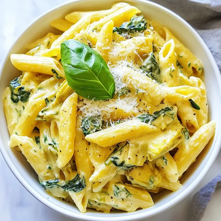 - 8 oz (225 g) pasta of choice (like penne or fettuccine) - 1 tablespoon olive oil - 3 cloves garlic, minced - 1 cup fresh spinach, roughly chopped - 1 can (14 oz) artichoke hearts, drained and quartered - 1 cup heavy cream - 1 cup cream cheese, softened - 1/2 cup grated Parmesan cheese - 1/2 teaspoon onion powder - 1/4 teaspoon red pepper flakes (optional) - Salt and pepper to taste - Fresh basil, for garnish For this creamy spinach artichoke pasta, I suggest using penne or fettuccine. These shapes hold sauce well. You can adjust the pasta amount based on your needs. If you want more sauce, add more cream and cheese. If you're lactose intolerant, try using a dairy-free cream and cheese. A gluten-free pasta works well too. You can also swap artichokes for mushrooms or zucchini for a different taste. For a vegan option, use plant-based cream and cheese, and skip the Parmesan. {{ingredient_image_1}} Start by boiling a large pot of salted water. Once the water is boiling, add your pasta. I like using penne or fettuccine for this dish. Cook the pasta until it is al dente, about 8-10 minutes. Reserve half a cup of the pasta water, then drain the pasta and set it aside. This water will help adjust the sauce later. In a large skillet, heat one tablespoon of olive oil over medium heat. Add three minced garlic cloves and sauté them for about 30 seconds. The smell will be amazing! Then, stir in one cup of roughly chopped fresh spinach. Cook it for 1-2 minutes until it wilts. Next, add a can of drained and quartered artichoke hearts. Sauté for another 2-3 minutes to warm them up. Now, reduce the heat to low. Pour in one cup of heavy cream, followed by one cup of softened cream cheese. Stir continuously until the cream cheese melts completely. This will create a rich and creamy base. To enhance the flavor, add half a cup of grated Parmesan cheese, half a teaspoon of onion powder, and a quarter teaspoon of red pepper flakes if you like some heat. Mix until everything is smooth. If the sauce feels too thick, add the reserved pasta water bit by bit until you reach your desired consistency. Season with salt and pepper to taste. Once the sauce is ready, it’s time to combine! Add your cooked pasta to the skillet. Toss everything together until the pasta is well coated in the creamy sauce. Allow it to heat through for 2-3 minutes. This step helps the pasta soak up all the delicious flavors. Serve it hot, garnished with fresh basil and a sprinkle of extra Parmesan cheese if you wish. Enjoy your creamy spinach artichoke pasta! To get that perfect creamy texture, use full-fat cream cheese. It melts better and gives a richer taste. Stir the cream cheese into the hot sauce slowly. This helps it blend smoothly. If your sauce is too thick, add some reserved pasta water to loosen it up. Start with a little and add more as needed. You want a silky sauce that clings to the pasta. Adding garlic is key to boosting flavor. Sauté it until it's fragrant but not burnt. Consider using fresh herbs like basil or thyme for a fresh kick. A pinch of red pepper flakes adds a nice heat, but adjust to your taste. Don't forget to season with salt and pepper. Taste as you go to find the right balance. Serve the pasta hot right from the skillet for a cozy meal. Top it with extra Parmesan cheese and fresh basil for a pop of color. Pair it with a light salad or garlic bread for a complete dinner. This dish also works well as a side for grilled meats or roasted veggies. Enjoy every creamy bite! Pro Tips Perfect Pasta Texture: Always cook your pasta al dente to ensure it holds up well in the creamy sauce without becoming mushy. Enhance Flavor: For an extra depth of flavor, consider adding a splash of white wine to the sautéed garlic and spinach before adding the cream. Make It Lighter: Substitute half-and-half or Greek yogurt for heavy cream to create a lighter version of this creamy dish without sacrificing taste. Fresh Herbs Matter: Don’t skip the fresh basil garnish; it adds a bright, fresh flavor that elevates the entire dish. {{image_2}} You can boost the protein in your creamy spinach artichoke pasta. Adding chicken or shrimp works well. For chicken, use cooked, diced pieces. Toss them in with the spinach and artichokes. If you like shrimp, sauté them until pink before adding. Both options give a tasty twist. If you want to keep it vegetarian, try adding more veggies. Peas or mushrooms add great flavor and texture. You can also mix in roasted red peppers for extra color. These veggies pair well and make the dish more colorful and healthy. For a gluten-free version, swap regular pasta for gluten-free pasta. Many brands offer great options. You can also use zucchini noodles for a lighter choice. Just spiralize the zucchini and cook it briefly. This keeps the dish fresh and tasty while being gluten-free. You can store leftover creamy spinach artichoke pasta in an airtight container. It stays fresh for up to three days in the fridge. Before sealing, let it cool to room temperature. This helps prevent moisture buildup and keeps the pasta tasty. If you want to keep it longer, freezing is a great option. Place the pasta in a freezer-safe container or bag. Make sure to remove as much air as possible. It stays good for about two months. When you're ready to eat, thaw it in the fridge overnight before reheating. To reheat, use a skillet over low heat. Add a splash of milk or water to help loosen the sauce. Stir often to heat evenly. You can also use the microwave. Place the pasta in a microwave-safe bowl and cover it. Heat in short bursts, stirring in between, until warmed through. Creamy Spinach Artichoke Pasta can last for about 3 to 5 days in the fridge. Store it in an airtight container. The sauce may thicken as it sits, so you might need to add a splash of water or cream when reheating it. Yes, you can use frozen spinach and artichokes. Just thaw them first and drain any excess liquid. This helps keep the dish creamy and avoids extra water in the sauce. Frozen veggies can save time and still taste great. You can use any pasta you like! Penne, fettuccine, or even rotini work well. The key is to choose a shape that holds the sauce nicely. You can also try whole wheat or gluten-free pasta for different textures and flavors. This blog post covered everything you need for creamy spinach artichoke pasta. We explored ingredients and their measurements, along with smart substitutions for dietary needs. I shared step-by-step instructions for cooking and combining pasta with a creamy sauce. Tips helped refine texture and flavor. Variations showed how to add proteins or make it vegetarian. Finally, storage info answered your questions about leftovers. With this knowledge, you can create a delicious dish that suits your needs and tastes. Enjoy cooking!