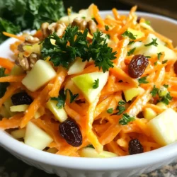 - 2 large carrots, peeled and grated - 1 large tart apple (like Granny Smith), cored and grated - 1/4 cup raisins - 1/4 cup chopped walnuts (or pecans) The main ingredients of this slaw give it a fresh and crunchy feel. Grated carrots offer a sweet, earthy taste. The tart apple, like Granny Smith, adds a nice tang. Raisins bring a chewy sweetness, while walnuts give a satisfying crunch. - 1/4 cup plain Greek yogurt - 2 tablespoons honey - 1 tablespoon apple cider vinegar - 1 teaspoon Dijon mustard The dressing is creamy and zesty. Greek yogurt adds richness without being too heavy. Honey sweetens it up, while apple cider vinegar gives a sharp bite. Dijon mustard rounds it out with a nice kick. - Salt and pepper to taste - Fresh parsley, chopped for garnish Salt and pepper enhance the flavors. Fresh parsley not only adds a pop of color but also brightens the dish. It makes the slaw look as good as it tastes. This carrot apple slaw is not just a salad; it’s a blend of flavors and textures. Perfect for a side dish or a light meal, it’s both tasty and fun to make! {{ingredient_image_1}} 1. First, take 2 large carrots, peel them, and grate them into a big bowl. 2. Next, grab 1 large tart apple, core it, and grate it. Add this to the bowl with carrots. 3. Then, mix in 1/4 cup of raisins. This adds a nice sweetness. 4. Finally, add 1/4 cup of chopped walnuts. They give a great crunch. 1. In a small bowl, measure out 1/4 cup of plain Greek yogurt. 2. Add 2 tablespoons of honey to the yogurt for sweetness. 3. Pour in 1 tablespoon of apple cider vinegar for tang. 4. Lastly, add 1 teaspoon of Dijon mustard. 5. Whisk all these together until the mixture is smooth and creamy. 1. Now, pour the dressing over the carrot and apple mixture. 2. Toss everything well to coat all the ingredients in the dressing. 3. Season with salt and pepper to taste, adjusting to your liking. 4. Cover the slaw and chill it in the refrigerator for at least 30 minutes. 5. Just before serving, give the slaw another toss. 6. Garnish with chopped fresh parsley for a splash of color. - You can swap Greek yogurt for a dairy-free option like coconut yogurt. - If you have nut allergies, use seeds or skip the nuts entirely. - Add fresh herbs like mint or cilantro for a pop of flavor. - Adjust the sweetness by adding more or less honey to suit your taste. - Serve your slaw in bright, colorful bowls to catch the eye. - Sprinkle extra parsley on top for a fresh, green touch. These small changes can make your carrot apple slaw even more enjoyable. Have fun experimenting! Pro Tips Fresh Ingredients: Use the freshest carrots and apples you can find for the best flavor and texture. Chill Time: Allow the slaw to chill in the refrigerator for at least 30 minutes to let the flavors meld beautifully. Nut Options: Feel free to substitute walnuts with pecans or even sunflower seeds for a nut-free version. Serving Suggestion: This slaw pairs wonderfully with grilled meats or as a light lunch on its own. {{image_2}} You can switch up the fruits for great taste. Add oranges for a burst of sweetness. Pineapple also brings a nice tropical flavor. Try using a sweet apple like Fuji or Honeycrisp instead of a tart apple. This swap makes the slaw sweeter and more appealing. To make the slaw even more exciting, think about adding texture. Shredded cabbage adds crunch and a different flavor. Bell peppers also work well; they give a nice color and crisp bite. For an extra crunch, top the slaw with sunflower seeds. They add a nutty flavor and more nutrients. If you want a vegan option, swap out Greek yogurt for plant-based yogurt. This keeps the creaminess while making it dairy-free. For a low-carb version, use non-sugary sweeteners like stevia or erythritol. This keeps the sweetness without the extra carbs. To keep your carrot apple slaw fresh, store it in an airtight container. This helps maintain its crunch and flavor. Place the container in the refrigerator right after you make it. For the best taste, eat the slaw within 2-3 days. After that, the texture may start to change. It’s best to enjoy it while it’s still bright and crisp. Freezing carrot apple slaw is not a good idea. The texture will change when thawed. This slaw is best enjoyed fresh and crunchy. Carrot apple slaw is packed with vitamins and minerals. Carrots provide vitamin A, which is great for your eyes and skin. They also contain fiber, which helps digestion. Apples add vitamin C, boosting your immune system. They have antioxidants that help fight disease. The walnuts in the slaw give healthy fats and protein. Greek yogurt adds calcium and probiotics for gut health. Overall, this slaw is a tasty way to get nutrients. Yes, you can make carrot apple slaw ahead of time. It stays fresh in the fridge for 2-3 days. However, mix the dressing just before serving. If you add the dressing early, the slaw may get soggy. By waiting, you keep the crunch and flavor bright. This way, you can enjoy a fresh taste each time. Carrot apple slaw works well for meal prep. You can make a large batch for easy meals. Store it in an airtight container in the fridge. This slaw is a great side dish or snack. You can serve it with sandwiches or grilled meats. Just remember to keep the dressing separate until you are ready to eat. This will help keep your slaw fresh and crunchy. Carrot apple slaw is a simple and tasty dish. We combined crunchy carrots, tart apples, and nuts with a creamy dressing. You can customize it with different fruits, nuts, or dairy-free options. Store it in the fridge to enjoy fresh for a few days. This slaw is perfect for quick meals or gatherings. Try making it your own by adding your favorite flavors. Enjoy your healthy creation and share it with friends!