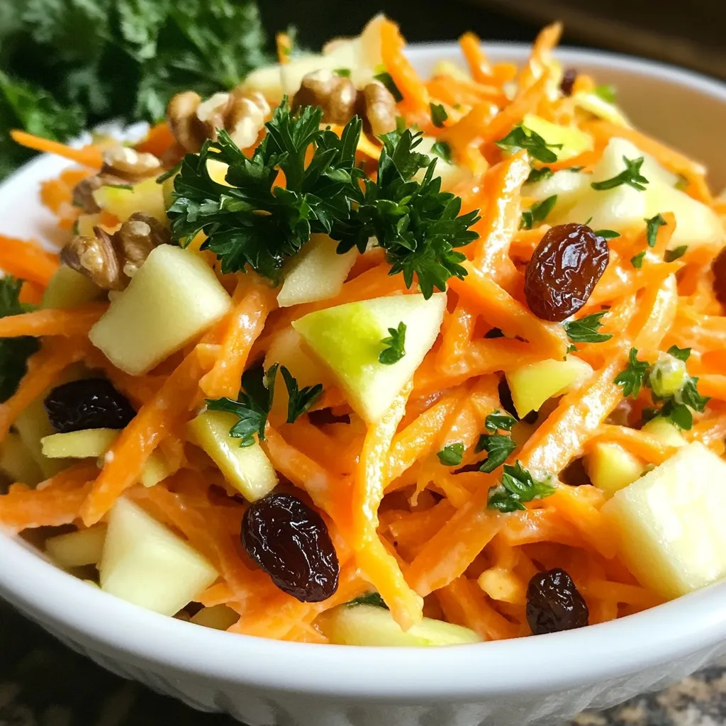 - 2 large carrots, peeled and grated - 1 large tart apple (like Granny Smith), cored and grated - 1/4 cup raisins - 1/4 cup chopped walnuts (or pecans) The main ingredients of this slaw give it a fresh and crunchy feel. Grated carrots offer a sweet, earthy taste. The tart apple, like Granny Smith, adds a nice tang. Raisins bring a chewy sweetness, while walnuts give a satisfying crunch. - 1/4 cup plain Greek yogurt - 2 tablespoons honey - 1 tablespoon apple cider vinegar - 1 teaspoon Dijon mustard The dressing is creamy and zesty. Greek yogurt adds richness without being too heavy. Honey sweetens it up, while apple cider vinegar gives a sharp bite. Dijon mustard rounds it out with a nice kick. - Salt and pepper to taste - Fresh parsley, chopped for garnish Salt and pepper enhance the flavors. Fresh parsley not only adds a pop of color but also brightens the dish. It makes the slaw look as good as it tastes. This carrot apple slaw is not just a salad; it’s a blend of flavors and textures. Perfect for a side dish or a light meal, it’s both tasty and fun to make! {{ingredient_image_1}} 1. First, take 2 large carrots, peel them, and grate them into a big bowl. 2. Next, grab 1 large tart apple, core it, and grate it. Add this to the bowl with carrots. 3. Then, mix in 1/4 cup of raisins. This adds a nice sweetness. 4. Finally, add 1/4 cup of chopped walnuts. They give a great crunch. 1. In a small bowl, measure out 1/4 cup of plain Greek yogurt. 2. Add 2 tablespoons of honey to the yogurt for sweetness. 3. Pour in 1 tablespoon of apple cider vinegar for tang. 4. Lastly, add 1 teaspoon of Dijon mustard. 5. Whisk all these together until the mixture is smooth and creamy. 1. Now, pour the dressing over the carrot and apple mixture. 2. Toss everything well to coat all the ingredients in the dressing. 3. Season with salt and pepper to taste, adjusting to your liking. 4. Cover the slaw and chill it in the refrigerator for at least 30 minutes. 5. Just before serving, give the slaw another toss. 6. Garnish with chopped fresh parsley for a splash of color. - You can swap Greek yogurt for a dairy-free option like coconut yogurt. - If you have nut allergies, use seeds or skip the nuts entirely. - Add fresh herbs like mint or cilantro for a pop of flavor. - Adjust the sweetness by adding more or less honey to suit your taste. - Serve your slaw in bright, colorful bowls to catch the eye. - Sprinkle extra parsley on top for a fresh, green touch. These small changes can make your carrot apple slaw even more enjoyable. Have fun experimenting! Pro Tips Fresh Ingredients: Use the freshest carrots and apples you can find for the best flavor and texture. Chill Time: Allow the slaw to chill in the refrigerator for at least 30 minutes to let the flavors meld beautifully. Nut Options: Feel free to substitute walnuts with pecans or even sunflower seeds for a nut-free version. Serving Suggestion: This slaw pairs wonderfully with grilled meats or as a light lunch on its own. {{image_2}} You can switch up the fruits for great taste. Add oranges for a burst of sweetness. Pineapple also brings a nice tropical flavor. Try using a sweet apple like Fuji or Honeycrisp instead of a tart apple. This swap makes the slaw sweeter and more appealing. To make the slaw even more exciting, think about adding texture. Shredded cabbage adds crunch and a different flavor. Bell peppers also work well; they give a nice color and crisp bite. For an extra crunch, top the slaw with sunflower seeds. They add a nutty flavor and more nutrients. If you want a vegan option, swap out Greek yogurt for plant-based yogurt. This keeps the creaminess while making it dairy-free. For a low-carb version, use non-sugary sweeteners like stevia or erythritol. This keeps the sweetness without the extra carbs. To keep your carrot apple slaw fresh, store it in an airtight container. This helps maintain its crunch and flavor. Place the container in the refrigerator right after you make it. For the best taste, eat the slaw within 2-3 days. After that, the texture may start to change. It’s best to enjoy it while it’s still bright and crisp. Freezing carrot apple slaw is not a good idea. The texture will change when thawed. This slaw is best enjoyed fresh and crunchy. Carrot apple slaw is packed with vitamins and minerals. Carrots provide vitamin A, which is great for your eyes and skin. They also contain fiber, which helps digestion. Apples add vitamin C, boosting your immune system. They have antioxidants that help fight disease. The walnuts in the slaw give healthy fats and protein. Greek yogurt adds calcium and probiotics for gut health. Overall, this slaw is a tasty way to get nutrients. Yes, you can make carrot apple slaw ahead of time. It stays fresh in the fridge for 2-3 days. However, mix the dressing just before serving. If you add the dressing early, the slaw may get soggy. By waiting, you keep the crunch and flavor bright. This way, you can enjoy a fresh taste each time. Carrot apple slaw works well for meal prep. You can make a large batch for easy meals. Store it in an airtight container in the fridge. This slaw is a great side dish or snack. You can serve it with sandwiches or grilled meats. Just remember to keep the dressing separate until you are ready to eat. This will help keep your slaw fresh and crunchy. Carrot apple slaw is a simple and tasty dish. We combined crunchy carrots, tart apples, and nuts with a creamy dressing. You can customize it with different fruits, nuts, or dairy-free options. Store it in the fridge to enjoy fresh for a few days. This slaw is perfect for quick meals or gatherings. Try making it your own by adding your favorite flavors. Enjoy your healthy creation and share it with friends!