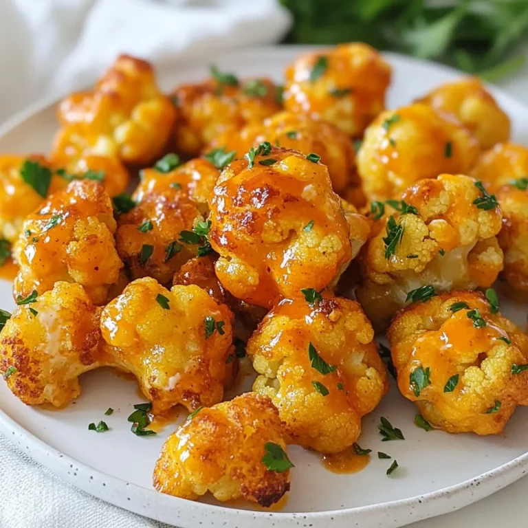 - 1 medium head of cauliflower, cut into bite-sized florets - 1/2 cup almond flour - 1/2 teaspoon garlic powder - 1/2 teaspoon onion powder - 1/2 teaspoon smoked paprika - 1/4 teaspoon salt - 1/4 teaspoon black pepper The main star of this recipe is cauliflower. You want to use a medium head, cut into small florets. This size helps them cook evenly. Next, almond flour gives the bites a nice crunch. It also keeps them low-carb. Then, we add seasonings. Garlic powder, onion powder, smoked paprika, salt, and black pepper work great together. They add a nice flavor without being too strong. - 1/4 cup unsalted butter, melted - 1/2 cup buffalo sauce (like Frank's RedHot) - Fresh parsley, chopped (for garnish) For the sauce, start with unsalted butter. Melt it to mix well with buffalo sauce. I love using Frank's RedHot for its bold flavor. Mix these two until smooth. After baking, fresh parsley adds a pop of color and taste. It makes the dish look appealing and bright. {{ingredient_image_1}} 1. Preheat oven and line baking sheet Start by preheating your oven to 450°F (230°C). This high heat makes the bites crispy. Next, take a baking sheet and line it with parchment paper. This will help prevent sticking and cleanup will be easier. 2. Prepare the coating mixtures In a large bowl, mix the almond flour, garlic powder, onion powder, smoked paprika, salt, and black pepper. This blend of spices adds great flavor to the bites. Set this bowl aside. In another bowl, combine the melted butter and buffalo sauce. Stir until they blend well. 3. Dip and coat cauliflower Take each cauliflower floret and dip it in the buffalo sauce mixture first. Make sure it gets fully coated. Then, roll it in the almond flour mixture. Press gently to ensure the coating sticks well. This double-dipping gives you a crispy outer layer. 4. Bake the cauliflower bites Arrange the coated cauliflower on the lined baking sheet in a single layer. Ensure that the florets do not touch each other. Bake in the preheated oven for 25-30 minutes. Flip the bites halfway through to get an even crispiness. They should be golden and crunchy when done. 5. Toss in buffalo sauce Once baked, remove the bites from the oven. If you want more flavor, toss them in the remaining buffalo sauce. This adds a delicious kick. 6. Garnish for serving Finally, sprinkle fresh chopped parsley over the bites. This not only adds color but also a fresh taste. Now your keto buffalo cauliflower bites are ready to enjoy! To make your keto buffalo cauliflower bites super crispy, you need the right baking method. First, always preheat your oven to 450°F (230°C). This high heat helps the bites crisp up nicely. Line your baking sheet with parchment paper. This keeps the bites from sticking and helps them brown. When you arrange the cauliflower on the sheet, spread them out. Ensure they don’t touch. This allows hot air to move around each piece. If they sit too close, they will steam instead of bake. Flip them halfway through baking to get an even crisp on all sides. If you want to adjust the spice level, feel free to add more buffalo sauce. Start with a little and taste as you go. You can also mix in some hot sauce for extra heat. If you prefer a milder bite, use less sauce or a milder version. Adding cheese can also boost the flavor. Try sprinkling some Parmesan or cheddar on top before baking. This creates a nice cheesy crust. Just remember to adjust the baking time if you add cheese. You want it melted but not burnt. This way, your keto buffalo cauliflower bites will be both tasty and satisfying. Pro Tips Choose the Right Cauliflower: Opt for a fresh, firm cauliflower head with tightly packed florets for the best texture and flavor. Spice Up Your Sauce: Feel free to add more spices like cayenne pepper or chili powder to the buffalo sauce for an extra kick! Ensure Crispiness: Make sure to space the cauliflower bites well on the baking sheet; overcrowding can lead to steaming instead of crisping. Perfectly Melted Butter: When melting butter, do so gently to avoid browning it, which can alter the flavor of your bites. {{image_2}} You can change the flavor of your buffalo cauliflower bites easily. Different hot sauces give unique tastes. Try using Sriracha for a sweeter kick or a smoky chipotle sauce for depth. Each option adds its own charm. You can also play with seasonings. If you like a zestier flavor, add some cayenne pepper. For a milder taste, use mild buffalo sauce. You can mix in herbs like oregano or thyme for added freshness. Experiment and find your perfect blend! Making vegan adaptations is simple. Instead of butter, use coconut oil or vegan butter. This keeps the bites plant-based and still tasty. You can also swap out almond flour for a gluten-free flour like chickpea flour. For gluten-free options, ensure your hot sauce is gluten-free. Most brands are, but it’s good to check. Using these swaps makes the dish safe for everyone to enjoy! After you enjoy your Keto Buffalo Cauliflower Bites, store any leftovers properly. Use airtight containers to keep them fresh. Glass containers work well because they don’t hold odors. You can also use plastic containers if you prefer. For best results, place the cooled bites in the fridge. They stay good for about 3-4 days. Make sure to let them cool completely before sealing. This helps prevent moisture from building up inside the container. You can choose two main methods to reheat your bites: the oven or the microwave. The oven is my favorite for keeping that crispiness. Preheat it to 350°F (175°C). Place the bites on a baking sheet and heat for about 10-15 minutes. This method keeps them crunchy and delicious. If you're in a hurry, use the microwave. Place the bites on a microwave-safe plate. Heat them in short bursts of 30 seconds. Check often so they don’t get soggy. To help keep some texture, consider putting a paper towel under the bites. You can prepare these bites in advance. Simply coat the cauliflower and store them in the fridge. This can be done for up to 24 hours. When you're ready to enjoy, bake them directly from the fridge. This saves time and makes them great for busy days. These bites pair well with many sides. Here are some tasty options: - Celery sticks - Carrot sticks - Ranch dressing for dipping - A simple green salad These sides add freshness and crunch to your meal. They also balance the heat of the buffalo sauce. Yes, these bites are perfect for meal prep. You can make a big batch and store them in containers. Keep them in the fridge for up to five days. Reheat in the oven or air fryer to keep them crispy. This way, you can enjoy a quick and tasty snack anytime. You now have a complete guide to making keto buffalo cauliflower bites. We covered the main ingredients, sauces, and steps to prepare them perfectly. I shared tips for crispiness and flavor, plus variations for your taste. You also learned how to store and reheat these bites for later. Enjoy these tasty, healthy snacks any time. With simple swaps and easy methods, you can make this dish fit your needs. Dive in, start cooking, and savor your delicious creation.