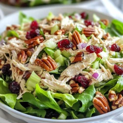 - 2 cups cooked chicken breast, shredded - 1 cup dried cranberries - 1/2 cup pecans, roughly chopped - 1/4 cup celery, finely chopped - 1/4 cup red onion, finely chopped - 1/2 cup Greek yogurt (or mayonnaise) - 2 tablespoons honey - 1 tablespoon Dijon mustard - Salt and pepper to taste - Fresh greens for serving For this salad, I start with cooked chicken breast. Shredding it gives the salad a nice texture. Dried cranberries add a sweet and tart flavor. The pecans offer a crunchy bite that contrasts well with the chicken. Celery and red onion give it a fresh crunch. I often use Greek yogurt for creaminess. You can use mayonnaise if you prefer a richer taste. Honey adds a touch of sweetness, while Dijon mustard brings a little zing. Season with salt and pepper to enhance all the flavors. If you want a lighter option, try using low-fat Greek yogurt instead. You can also use avocado or silken tofu for a dairy-free version. For nuts, walnuts or almonds work well in place of pecans. If you prefer different fruits, use raisins, chopped apples, or even orange segments for a twist. Each serving of this salad has about 300 calories. It provides protein from the chicken and healthy fats from the nuts. This salad is gluten-free, making it a good choice for those with gluten sensitivities. You can adjust the ingredients for specific dietary needs, like making it lower in calories or fat. {{ingredient_image_1}} To make cranberry pecan chicken salad, you need a few simple steps: 1. Gather all ingredients. 2. Mix the chicken and other solid ingredients. 3. Whisk the dressing in another bowl. 4. Combine everything and chill. 5. Serve on fresh greens. First, take a large mixing bowl. Add these ingredients: - 2 cups cooked chicken breast, shredded - 1 cup dried cranberries - 1/2 cup pecans, roughly chopped - 1/4 cup celery, finely chopped - 1/4 cup red onion, finely chopped Next, in a small bowl, you will make the dressing. Whisk together: - 1/2 cup Greek yogurt (or mayonnaise) - 2 tablespoons honey - 1 tablespoon Dijon mustard - Salt and pepper to taste Once the dressing is smooth, pour it over the chicken mixture. Gently fold everything together. Make sure all the chicken and veggies get coated. Taste it and add more salt, pepper, or honey if needed. Cover the bowl and refrigerate for at least 30 minutes. This lets the flavors blend well. When you are ready to serve, take a plate. Line it with fresh greens, like spinach or mixed salad greens. Scoop the chicken salad on top of the greens. This adds color and texture to your dish. You can pair this salad with whole grain bread or a side of fruit. It makes for a balanced meal that is both tasty and fresh! You can make the chicken ahead of time. Cook and shred chicken the day before. Store it in the fridge to keep it fresh. Chilling the salad before serving helps the flavors mix well. I recommend letting it chill for at least 30 minutes. This wait makes your salad taste even better. To boost flavor, use fresh herbs like parsley or dill. These add a nice touch. You can also try adding spices such as black pepper or paprika for some heat. If you like a sweeter salad, add more honey. It balances the tart cranberries nicely. Fresh salads taste best when they are cold. Serve your salad right after chilling it. For leftovers, keep them in an airtight container in the fridge. This keeps the chicken and veggies fresh. Always check for any signs of spoilage before eating. Pro Tips Use Rotisserie Chicken: For a quicker option, use store-bought rotisserie chicken to save time on cooking and shredding. Customize Your Nuts: Feel free to substitute walnuts or almonds for the pecans to add a different flavor and texture. Chill for Flavor: Allow the salad to chill in the refrigerator for at least an hour before serving to enhance the flavors. Perfect Pairings: Serve the chicken salad on toasted bread or in a wrap for a delicious sandwich option. {{image_2}} You can make this salad lighter. Use low-fat Greek yogurt instead of regular yogurt. This cuts calories but keeps creaminess. You can also swap honey for a sugar-free sweetener. For a vegan option, use chickpeas or tofu instead of chicken. Both are packed with protein. You can also use vegan yogurt to replace Greek yogurt. To give your salad a global flair, add spices. Try curry powder for an Indian touch or cumin for a Mexican twist. You can also make a Mediterranean version. Use olives, feta cheese, and sun-dried tomatoes. For an Asian twist, add soy sauce, sesame oil, and chopped peanuts. These changes bring exciting flavors. Using fresh fruits and veggies makes this salad pop. In spring, add strawberries or asparagus. In summer, try peaches or bell peppers. In fall, apples or roasted squash work well. In winter, consider pomegranate seeds or citrus fruits. Adjust the recipe based on what’s available for the best taste. To keep your cranberry pecan chicken salad fresh, store it in an airtight container. This prevents air from getting in and keeps your salad tasty. Glass or plastic containers work well. Make sure the lid is sealed tightly. If you plan to eat it later, divide the salad into smaller portions. This way, you can grab just what you need. Your salad will last in the fridge for about 3 to 4 days. Always check for spoilage before eating. Signs of spoilage include an off smell, discoloration, or a slimy texture. If you notice any of these, it’s best to throw it away. Freezing this salad is not recommended. The texture of the chicken and veggies can change when thawed. If you must freeze it, do so without the dressing. When you want to eat it, thaw in the fridge overnight. Mix in fresh dressing before serving for the best taste. Can I use canned chicken for this recipe? Yes, you can use canned chicken. It saves time and effort. Just drain the can and shred the chicken. This makes it easy to mix with the other ingredients. What’s the best way to shred chicken? The best way to shred chicken is with two forks. Hold one fork steady and use the other to pull apart the meat. You can also use your hands if the chicken is cool enough. A stand mixer with a paddle attachment works well too. Is this recipe gluten-free? Yes, this recipe is gluten-free. All the ingredients, like chicken and nuts, are safe. Just double-check the labels on the Greek yogurt or mayonnaise. Can it be made dairy-free? Yes, you can swap out Greek yogurt for dairy-free yogurt. Look for unsweetened versions to keep the taste balanced. You can also use avocado or a vegan mayo. How do I know if my chicken is fully cooked? Your chicken is done when it reaches an internal temperature of 165°F. You can use a meat thermometer to check. The meat should also be white and the juices clear. Can I replace Greek yogurt with something else? Yes, you can replace Greek yogurt with mayonnaise or a dairy-free option. You can also try sour cream for a tangy taste. Adjust the salt and honey to balance flavors. This blog post covered a tasty chicken salad recipe. We explored the needed ingredients, substitutions, and nutrition facts. I shared step-by-step instructions, serving tips, and storage advice. You can adjust flavors and create unique variations. In summary, you can make this salad suit your tastes and dietary needs. Take these ideas to create a meal that's both delicious and easy. Enjoy exploring your culinary skills while making this salad your own!