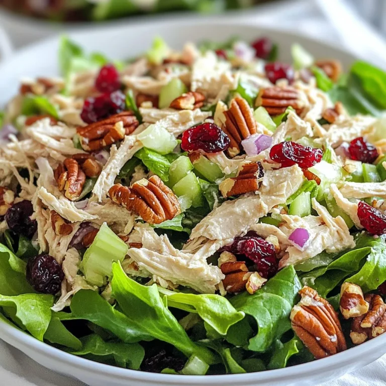 - 2 cups cooked chicken breast, shredded - 1 cup dried cranberries - 1/2 cup pecans, roughly chopped - 1/4 cup celery, finely chopped - 1/4 cup red onion, finely chopped - 1/2 cup Greek yogurt (or mayonnaise) - 2 tablespoons honey - 1 tablespoon Dijon mustard - Salt and pepper to taste - Fresh greens for serving For this salad, I start with cooked chicken breast. Shredding it gives the salad a nice texture. Dried cranberries add a sweet and tart flavor. The pecans offer a crunchy bite that contrasts well with the chicken. Celery and red onion give it a fresh crunch. I often use Greek yogurt for creaminess. You can use mayonnaise if you prefer a richer taste. Honey adds a touch of sweetness, while Dijon mustard brings a little zing. Season with salt and pepper to enhance all the flavors. If you want a lighter option, try using low-fat Greek yogurt instead. You can also use avocado or silken tofu for a dairy-free version. For nuts, walnuts or almonds work well in place of pecans. If you prefer different fruits, use raisins, chopped apples, or even orange segments for a twist. Each serving of this salad has about 300 calories. It provides protein from the chicken and healthy fats from the nuts. This salad is gluten-free, making it a good choice for those with gluten sensitivities. You can adjust the ingredients for specific dietary needs, like making it lower in calories or fat. {{ingredient_image_1}} To make cranberry pecan chicken salad, you need a few simple steps: 1. Gather all ingredients. 2. Mix the chicken and other solid ingredients. 3. Whisk the dressing in another bowl. 4. Combine everything and chill. 5. Serve on fresh greens. First, take a large mixing bowl. Add these ingredients: - 2 cups cooked chicken breast, shredded - 1 cup dried cranberries - 1/2 cup pecans, roughly chopped - 1/4 cup celery, finely chopped - 1/4 cup red onion, finely chopped Next, in a small bowl, you will make the dressing. Whisk together: - 1/2 cup Greek yogurt (or mayonnaise) - 2 tablespoons honey - 1 tablespoon Dijon mustard - Salt and pepper to taste Once the dressing is smooth, pour it over the chicken mixture. Gently fold everything together. Make sure all the chicken and veggies get coated. Taste it and add more salt, pepper, or honey if needed. Cover the bowl and refrigerate for at least 30 minutes. This lets the flavors blend well. When you are ready to serve, take a plate. Line it with fresh greens, like spinach or mixed salad greens. Scoop the chicken salad on top of the greens. This adds color and texture to your dish. You can pair this salad with whole grain bread or a side of fruit. It makes for a balanced meal that is both tasty and fresh! You can make the chicken ahead of time. Cook and shred chicken the day before. Store it in the fridge to keep it fresh. Chilling the salad before serving helps the flavors mix well. I recommend letting it chill for at least 30 minutes. This wait makes your salad taste even better. To boost flavor, use fresh herbs like parsley or dill. These add a nice touch. You can also try adding spices such as black pepper or paprika for some heat. If you like a sweeter salad, add more honey. It balances the tart cranberries nicely. Fresh salads taste best when they are cold. Serve your salad right after chilling it. For leftovers, keep them in an airtight container in the fridge. This keeps the chicken and veggies fresh. Always check for any signs of spoilage before eating. Pro Tips Use Rotisserie Chicken: For a quicker option, use store-bought rotisserie chicken to save time on cooking and shredding. Customize Your Nuts: Feel free to substitute walnuts or almonds for the pecans to add a different flavor and texture. Chill for Flavor: Allow the salad to chill in the refrigerator for at least an hour before serving to enhance the flavors. Perfect Pairings: Serve the chicken salad on toasted bread or in a wrap for a delicious sandwich option. {{image_2}} You can make this salad lighter. Use low-fat Greek yogurt instead of regular yogurt. This cuts calories but keeps creaminess. You can also swap honey for a sugar-free sweetener. For a vegan option, use chickpeas or tofu instead of chicken. Both are packed with protein. You can also use vegan yogurt to replace Greek yogurt. To give your salad a global flair, add spices. Try curry powder for an Indian touch or cumin for a Mexican twist. You can also make a Mediterranean version. Use olives, feta cheese, and sun-dried tomatoes. For an Asian twist, add soy sauce, sesame oil, and chopped peanuts. These changes bring exciting flavors. Using fresh fruits and veggies makes this salad pop. In spring, add strawberries or asparagus. In summer, try peaches or bell peppers. In fall, apples or roasted squash work well. In winter, consider pomegranate seeds or citrus fruits. Adjust the recipe based on what’s available for the best taste. To keep your cranberry pecan chicken salad fresh, store it in an airtight container. This prevents air from getting in and keeps your salad tasty. Glass or plastic containers work well. Make sure the lid is sealed tightly. If you plan to eat it later, divide the salad into smaller portions. This way, you can grab just what you need. Your salad will last in the fridge for about 3 to 4 days. Always check for spoilage before eating. Signs of spoilage include an off smell, discoloration, or a slimy texture. If you notice any of these, it’s best to throw it away. Freezing this salad is not recommended. The texture of the chicken and veggies can change when thawed. If you must freeze it, do so without the dressing. When you want to eat it, thaw in the fridge overnight. Mix in fresh dressing before serving for the best taste. Can I use canned chicken for this recipe? Yes, you can use canned chicken. It saves time and effort. Just drain the can and shred the chicken. This makes it easy to mix with the other ingredients. What’s the best way to shred chicken? The best way to shred chicken is with two forks. Hold one fork steady and use the other to pull apart the meat. You can also use your hands if the chicken is cool enough. A stand mixer with a paddle attachment works well too. Is this recipe gluten-free? Yes, this recipe is gluten-free. All the ingredients, like chicken and nuts, are safe. Just double-check the labels on the Greek yogurt or mayonnaise. Can it be made dairy-free? Yes, you can swap out Greek yogurt for dairy-free yogurt. Look for unsweetened versions to keep the taste balanced. You can also use avocado or a vegan mayo. How do I know if my chicken is fully cooked? Your chicken is done when it reaches an internal temperature of 165°F. You can use a meat thermometer to check. The meat should also be white and the juices clear. Can I replace Greek yogurt with something else? Yes, you can replace Greek yogurt with mayonnaise or a dairy-free option. You can also try sour cream for a tangy taste. Adjust the salt and honey to balance flavors. This blog post covered a tasty chicken salad recipe. We explored the needed ingredients, substitutions, and nutrition facts. I shared step-by-step instructions, serving tips, and storage advice. You can adjust flavors and create unique variations. In summary, you can make this salad suit your tastes and dietary needs. Take these ideas to create a meal that's both delicious and easy. Enjoy exploring your culinary skills while making this salad your own!