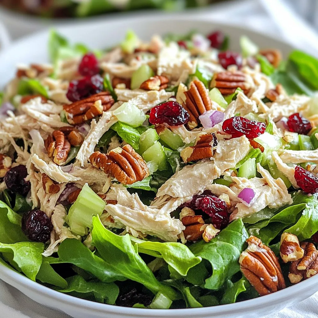 - 2 cups cooked chicken breast, shredded - 1 cup dried cranberries - 1/2 cup pecans, roughly chopped - 1/4 cup celery, finely chopped - 1/4 cup red onion, finely chopped - 1/2 cup Greek yogurt (or mayonnaise) - 2 tablespoons honey - 1 tablespoon Dijon mustard - Salt and pepper to taste - Fresh greens for serving For this salad, I start with cooked chicken breast. Shredding it gives the salad a nice texture. Dried cranberries add a sweet and tart flavor. The pecans offer a crunchy bite that contrasts well with the chicken. Celery and red onion give it a fresh crunch. I often use Greek yogurt for creaminess. You can use mayonnaise if you prefer a richer taste. Honey adds a touch of sweetness, while Dijon mustard brings a little zing. Season with salt and pepper to enhance all the flavors. If you want a lighter option, try using low-fat Greek yogurt instead. You can also use avocado or silken tofu for a dairy-free version. For nuts, walnuts or almonds work well in place of pecans. If you prefer different fruits, use raisins, chopped apples, or even orange segments for a twist. Each serving of this salad has about 300 calories. It provides protein from the chicken and healthy fats from the nuts. This salad is gluten-free, making it a good choice for those with gluten sensitivities. You can adjust the ingredients for specific dietary needs, like making it lower in calories or fat. {{ingredient_image_1}} To make cranberry pecan chicken salad, you need a few simple steps: 1. Gather all ingredients. 2. Mix the chicken and other solid ingredients. 3. Whisk the dressing in another bowl. 4. Combine everything and chill. 5. Serve on fresh greens. First, take a large mixing bowl. Add these ingredients: - 2 cups cooked chicken breast, shredded - 1 cup dried cranberries - 1/2 cup pecans, roughly chopped - 1/4 cup celery, finely chopped - 1/4 cup red onion, finely chopped Next, in a small bowl, you will make the dressing. Whisk together: - 1/2 cup Greek yogurt (or mayonnaise) - 2 tablespoons honey - 1 tablespoon Dijon mustard - Salt and pepper to taste Once the dressing is smooth, pour it over the chicken mixture. Gently fold everything together. Make sure all the chicken and veggies get coated. Taste it and add more salt, pepper, or honey if needed. Cover the bowl and refrigerate for at least 30 minutes. This lets the flavors blend well. When you are ready to serve, take a plate. Line it with fresh greens, like spinach or mixed salad greens. Scoop the chicken salad on top of the greens. This adds color and texture to your dish. You can pair this salad with whole grain bread or a side of fruit. It makes for a balanced meal that is both tasty and fresh! You can make the chicken ahead of time. Cook and shred chicken the day before. Store it in the fridge to keep it fresh. Chilling the salad before serving helps the flavors mix well. I recommend letting it chill for at least 30 minutes. This wait makes your salad taste even better. To boost flavor, use fresh herbs like parsley or dill. These add a nice touch. You can also try adding spices such as black pepper or paprika for some heat. If you like a sweeter salad, add more honey. It balances the tart cranberries nicely. Fresh salads taste best when they are cold. Serve your salad right after chilling it. For leftovers, keep them in an airtight container in the fridge. This keeps the chicken and veggies fresh. Always check for any signs of spoilage before eating. Pro Tips Use Rotisserie Chicken: For a quicker option, use store-bought rotisserie chicken to save time on cooking and shredding. Customize Your Nuts: Feel free to substitute walnuts or almonds for the pecans to add a different flavor and texture. Chill for Flavor: Allow the salad to chill in the refrigerator for at least an hour before serving to enhance the flavors. Perfect Pairings: Serve the chicken salad on toasted bread or in a wrap for a delicious sandwich option. {{image_2}} You can make this salad lighter. Use low-fat Greek yogurt instead of regular yogurt. This cuts calories but keeps creaminess. You can also swap honey for a sugar-free sweetener. For a vegan option, use chickpeas or tofu instead of chicken. Both are packed with protein. You can also use vegan yogurt to replace Greek yogurt. To give your salad a global flair, add spices. Try curry powder for an Indian touch or cumin for a Mexican twist. You can also make a Mediterranean version. Use olives, feta cheese, and sun-dried tomatoes. For an Asian twist, add soy sauce, sesame oil, and chopped peanuts. These changes bring exciting flavors. Using fresh fruits and veggies makes this salad pop. In spring, add strawberries or asparagus. In summer, try peaches or bell peppers. In fall, apples or roasted squash work well. In winter, consider pomegranate seeds or citrus fruits. Adjust the recipe based on what’s available for the best taste. To keep your cranberry pecan chicken salad fresh, store it in an airtight container. This prevents air from getting in and keeps your salad tasty. Glass or plastic containers work well. Make sure the lid is sealed tightly. If you plan to eat it later, divide the salad into smaller portions. This way, you can grab just what you need. Your salad will last in the fridge for about 3 to 4 days. Always check for spoilage before eating. Signs of spoilage include an off smell, discoloration, or a slimy texture. If you notice any of these, it’s best to throw it away. Freezing this salad is not recommended. The texture of the chicken and veggies can change when thawed. If you must freeze it, do so without the dressing. When you want to eat it, thaw in the fridge overnight. Mix in fresh dressing before serving for the best taste. Can I use canned chicken for this recipe? Yes, you can use canned chicken. It saves time and effort. Just drain the can and shred the chicken. This makes it easy to mix with the other ingredients. What’s the best way to shred chicken? The best way to shred chicken is with two forks. Hold one fork steady and use the other to pull apart the meat. You can also use your hands if the chicken is cool enough. A stand mixer with a paddle attachment works well too. Is this recipe gluten-free? Yes, this recipe is gluten-free. All the ingredients, like chicken and nuts, are safe. Just double-check the labels on the Greek yogurt or mayonnaise. Can it be made dairy-free? Yes, you can swap out Greek yogurt for dairy-free yogurt. Look for unsweetened versions to keep the taste balanced. You can also use avocado or a vegan mayo. How do I know if my chicken is fully cooked? Your chicken is done when it reaches an internal temperature of 165°F. You can use a meat thermometer to check. The meat should also be white and the juices clear. Can I replace Greek yogurt with something else? Yes, you can replace Greek yogurt with mayonnaise or a dairy-free option. You can also try sour cream for a tangy taste. Adjust the salt and honey to balance flavors. This blog post covered a tasty chicken salad recipe. We explored the needed ingredients, substitutions, and nutrition facts. I shared step-by-step instructions, serving tips, and storage advice. You can adjust flavors and create unique variations. In summary, you can make this salad suit your tastes and dietary needs. Take these ideas to create a meal that's both delicious and easy. Enjoy exploring your culinary skills while making this salad your own!