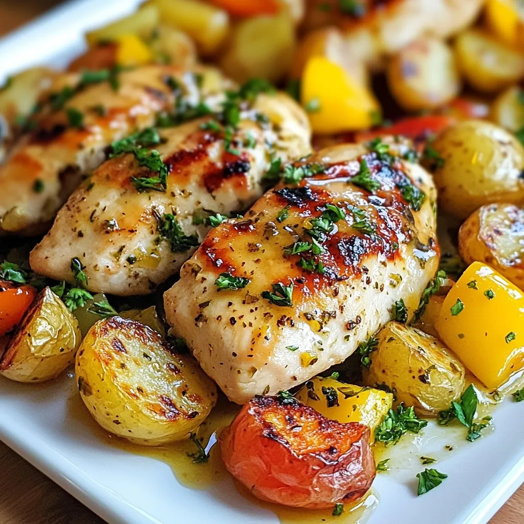 - 4 boneless, skinless chicken breasts - 2 cups Brussels sprouts, halved - 2 cups baby potatoes, quartered - 1 red bell pepper, sliced - 1 yellow bell pepper, sliced - 4 cloves garlic, minced - 1/4 cup olive oil - Juice and zest of 2 lemons - 1 teaspoon dried oregano - 1 teaspoon dried thyme - Salt and pepper to taste - Fresh parsley, chopped (for garnish) When you gather your ingredients, think about the fresh flavors. I love how the chicken pairs with the veggies. The lemon brings a bright zing that makes every bite special. The Brussels sprouts add a nice crunch, while the potatoes make it hearty. Make sure to have everything ready. This helps the cooking process flow smoothly. Fresh herbs are key in this dish. They elevate the taste and make your meal feel gourmet, even if it’s a simple sheet pan recipe. The marinade is where the magic happens. The garlic, olive oil, and lemon create a tangy base. This blend infuses the chicken and veggies with flavor. You can adjust the salt and pepper to fit your taste. To finish, don’t forget the parsley. It’s not just for looks. It adds a fresh note that ties everything together. Enjoy the process, and let each ingredient shine! {{ingredient_image_1}} - Preheat the oven to 400°F (200°C). - Prepare the baking sheet with parchment paper or grease it lightly. Start by getting your oven hot. This helps the chicken and veggies cook evenly. Lining the baking sheet makes cleanup easy and keeps the food from sticking. - Combine marinade ingredients in a large mixing bowl. - Coat chicken breasts in the marinade and let sit for at least 15 minutes. In a large bowl, mix olive oil, lemon juice, lemon zest, minced garlic, oregano, thyme, salt, and pepper. This mix makes the chicken full of flavor. Make sure each chicken breast is coated well in the marinade. Let it sit for at least 15 minutes. This gives the chicken time to soak up all those tasty flavors. - Toss Brussels sprouts, baby potatoes, and bell peppers with olive oil, salt, and pepper. - Arrange the marinated chicken and seasoned vegetables on the baking sheet. In another bowl, add Brussels sprouts, baby potatoes, and bell peppers. Drizzle with olive oil, then sprinkle with salt and pepper. Toss them until every piece is coated. This will help bring out their natural sweetness. Now, lay the marinated chicken on one side of the baking sheet. Spread the seasoned veggies on the other side. This way, everything cooks together perfectly. - Bake for 25-30 minutes until chicken reaches 165°F (75°C). - Optionally broil for an additional 2-3 minutes for a golden finish. Slide the baking sheet into your preheated oven. Bake for 25-30 minutes. Use a meat thermometer to check the chicken’s internal temperature. It should hit 165°F (75°C) to ensure it’s safe to eat. If you like a golden finish, broil for an extra 2-3 minutes. - Let the dish rest for 5 minutes. - Garnish with fresh parsley before serving. After baking, take the pan out of the oven and let it rest for 5 minutes. This helps the juices settle in the chicken. Before serving, sprinkle fresh parsley on top. This adds a nice pop of color and freshness. Enjoy your delicious sheet pan lemon herb chicken and veggies! Marinating chicken is key to flavor. I suggest marinating for at least 15 minutes. If you have more time, go for 30 minutes. The longer you marinate, the more the flavors sink in. For even cooking, ensure the chicken breasts are of similar size. This helps them cook at the same rate. Seasonal vegetables taste best. I love using Brussels sprouts, baby potatoes, and bell peppers. You can also try carrots, zucchini, or asparagus. Make sure to cut them into similar sizes for even roasting. Toss your veggies with olive oil, salt, and pepper before roasting. This will help them caramelize nicely in the oven. Pair this dish with rice, a fresh salad, or crusty bread. You can serve it family-style or plate it for guests. Just place the chicken and veggies on a large platter. Garnish with fresh parsley for a pop of color. This adds a nice touch for any meal. Pro Tips Marinate Longer for More Flavor: For an even zestier flavor, marinate the chicken for at least 1 hour or overnight in the refrigerator. Use Fresh Herbs: If available, replace dried oregano and thyme with fresh herbs for a more vibrant taste. Check Vegetable Doneness: Since vegetables vary in cooking time, check Brussels sprouts and potatoes for tenderness before the chicken. Customize Your Veggies: Feel free to substitute or add other vegetables such as carrots or zucchini based on your preference. {{image_2}} You can change chicken to salmon or tofu. Salmon cooks quickly and brings a rich flavor. For salmon, use the same marinating time. Bake it for 15-20 minutes until it flakes easily. Tofu, on the other hand, is great for a meat-free meal. Press and cube the tofu before marinating. Bake it for 20-25 minutes. This way, you get a nice, crisp exterior. Feel free to get creative with your herbs and spices. Instead of oregano and thyme, try basil or rosemary. You can also mix in some paprika for a smoky kick. For a citrus twist, add lime juice or zest. These changes can brighten the dish in a fun way. Explore different flavor profiles to make it your own! Adjust the veggies based on the season. In spring, add asparagus or snap peas for crunch. In summer, zucchini and corn shine bright. Fall brings squash or carrots, while winter offers hearty root veggies like parsnips. Keep the recipe fresh by using what’s in season. This not only enhances flavor but also supports local farms. After enjoying your meal, let the leftovers cool down. Place the chicken and veggies in an airtight container. They can stay fresh in the fridge for up to three days. If you want to keep them longer, freeze the leftovers. They will last for about two months in the freezer. Make sure to label the container with the date for easy tracking. When you are ready to eat again, reheating is key. The best method is to use an oven. Preheat it to 350°F (175°C). Place the chicken and veggies on a baking sheet. Heat for about 15 minutes or until warm. This keeps the chicken juicy and the veggies tender. To avoid drying them out, cover the dish with foil. This helps keep the moisture in, making your meal just as tasty as when it was first cooked. The best way to check chicken is with a meat thermometer. Insert it into the thickest part of the chicken breast. It should read 165°F (75°C) to be safe to eat. This method ensures your chicken is juicy and not overcooked. Remember, if the thermometer reads too low, it needs more time in the oven. Yes, you can use other vegetables! Try carrots, zucchini, or asparagus for variety. Just keep in mind that cooking times may change. Harder veggies, like carrots, may need a bit longer. Softer ones, like zucchini, might cook faster. Always cut them into similar sizes for even cooking. To make this dish low-carb, swap baby potatoes for cauliflower florets. Cauliflower roasts well and packs great flavor. You can also reduce the amount of veggies. Focus on low-carb options like broccoli or spinach. Always check the total carbs in your chosen substitutes to stay on track. This blog post offered a tasty chicken and vegetable recipe with easy steps. You learned about marinating, baking, and garnishing. I shared tips on choosing fresh veggies, serving ideas, and how to store leftovers. Remember, you can swap chicken for other proteins or customize flavors to fit your taste. Cooking can be fun and simple. Try this recipe to enjoy a healthy, delicious meal. Happy cooking!