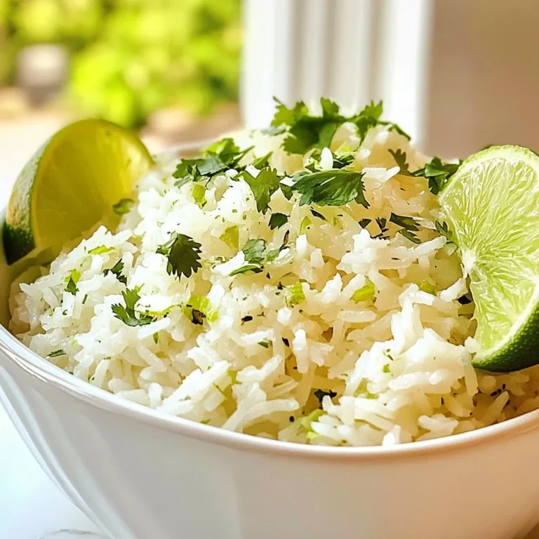 To make coconut lime rice, gather these simple ingredients: - 1 cup jasmine rice - 1 cup coconut milk - 1 cup vegetable broth or water - 1 tablespoon lime juice - Zest of 1 lime - 1 tablespoon sugar (optional, for sweetness) - 1/2 teaspoon salt - Fresh cilantro, chopped (for garnish) - Lime wedges (for serving) If you need to swap some items, here are good options: - Use basmati rice instead of jasmine rice for a different flavor. - Replace coconut milk with almond milk for a lighter taste. - Water can work instead of vegetable broth if you want a simpler base. - For a less sweet dish, skip the sugar. Feel free to get creative with these add-ins: - Add diced bell peppers for color and crunch. - Mix in peas for a pop of green and sweetness. - For spice, toss in a pinch of red pepper flakes. - You can also stir in some toasted coconut for extra texture. This coconut lime rice pairs well with many dishes. Enjoy experimenting with your own twists! {{ingredient_image_1}} Start by rinsing the jasmine rice. Place the rice in a fine mesh strainer. Run cold water over it until the water runs clear. This step washes away excess starch. It helps the rice stay fluffy and not sticky. In a medium saucepan, combine the rinsed rice with coconut milk, vegetable broth, lime juice, lime zest, and salt. If you like a bit of sweetness, add sugar. Stir until everything is mixed well. Now, bring the mixture to a boil over medium-high heat. As soon as it boils, reduce the heat to low. Cover the pot and let it simmer for about 15 to 20 minutes. The rice will absorb the liquid and become tender. After cooking, remove the pot from heat. Let it sit covered for another 5 to 10 minutes. This resting time helps the rice fluff up nicely. Once the rice has rested, use a fork to fluff it gently. This helps separate the grains. Serve the coconut lime rice warm. Garnish with fresh cilantro on top and add lime wedges on the side for extra flavor. This dish pairs well with grilled meats or spicy dishes. Enjoy the bright and zesty taste! To get fluffy rice, always rinse jasmine rice first. This step helps remove excess starch. Rinse until the water runs clear. This helps keep your rice from clumping together. After cooking, let the rice sit covered for 5-10 minutes. This extra time allows it to steam and become light. Add lime zest to give a bright flavor. If you like things sweeter, try adding sugar. A tablespoon works well, but you can skip it if you want. Fresh cilantro makes a great garnish. It adds color and a fresh taste. If you love heat, add chopped jalapeños for a spicy kick. Don’t skip rinsing the rice. It can lead to sticky rice. Also, make sure to measure liquids carefully. Too much liquid can make the rice mushy. Avoid lifting the lid while cooking. Each time you lift it, steam escapes, and this can affect cooking time. Lastly, always fluff the rice gently with a fork. This keeps it light and fluffy. Pro Tips Rinse the Rice: Rinsing jasmine rice helps to remove excess starch, resulting in fluffier rice that doesn't stick together. Use Full-Fat Coconut Milk: For a richer and creamier texture, opt for full-fat coconut milk instead of light versions. Adjust Sweetness: The sugar is optional; adjust according to your taste preference for a balanced flavor between sweet and tangy. Garnish Generously: Fresh cilantro and lime wedges not only enhance presentation but also add a fresh burst of flavor to the dish. {{image_2}} You can use different types of rice for coconut lime rice. Jasmine rice is the best choice. It has a nice floral aroma and a soft texture. If you want a nutty flavor, try basmati rice. You can also use long-grain white rice. It cooks well and has a light texture. For a healthier option, use brown rice. Just remember, brown rice takes longer to cook. This dish is naturally vegan since it uses coconut milk. If you want to make it gluten-free, ensure your broth is gluten-free. You can also swap the sugar for maple syrup or agave nectar for a different sweet taste. For a low-carb option, use cauliflower rice. It absorbs flavors well and gives a nice base for the dish. Coconut lime rice pairs well with many proteins. Try it with grilled chicken or shrimp for a tasty meal. It also goes great with tofu for a vegan option. Add some sautéed vegetables like bell peppers or snap peas for extra color and nutrition. Serve it with lime wedges for a fresh kick. This dish is versatile and can complete any meal. To store Coconut Lime Rice, let it cool first. Place it in an airtight container. Make sure to keep it in the fridge. It will stay fresh for about three to four days. If you want to keep it longer, freezing is a great option. When you reheat coconut lime rice, use a microwave or a stovetop. For the microwave, put the rice in a bowl. Add a splash of water or broth. Heat for about 1-2 minutes, stirring halfway. On the stovetop, add the rice to a pan. Add a little water and heat it over low heat. Stir until warm. To freeze coconut lime rice, place the cooled rice in a freezer bag. Squeeze out as much air as you can and seal it. Write the date on the bag. The rice can last up to three months in the freezer. When you're ready to eat it, thaw it overnight in the fridge. Then, reheat it as mentioned above. Coconut lime rice is a tasty side dish. It combines jasmine rice with coconut milk and lime. The rice has a creamy texture and a bright flavor. You cook it with lime juice and zest to add a zesty touch. It’s great with many meals. I love serving it with grilled chicken or fish. Yes, you can use brown rice instead of jasmine rice. Brown rice takes longer to cook. You will need to adjust the cooking time. Use 1 and a half cups of liquid for each cup of brown rice. Keep cooking until the rice is tender and water is absorbed. The flavor will be different, but still delicious! To make coconut lime rice less sweet, skip the sugar. The coconut milk provides some natural sweetness. You can also add a bit more lime juice. This will give it a nice tangy taste. Another option is to use low-sugar coconut milk. Adjust the balance to fit your taste. This post covered all you need to know about making Coconut Lime Rice. We explored the ingredients, cooking steps, and even tips for perfection. I shared ways to customize the dish to fit your taste and diet. You learned how to store and reheat it for later enjoyment. Coconut Lime Rice can be a fun, easy dish to make. Perfect for meals or gatherings, it brings a burst of flavor that everyone will love. Happy cooking!
