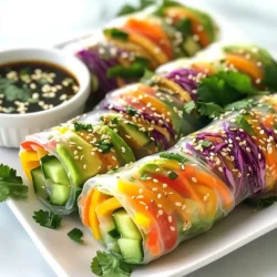 - 8 rice paper wrappers - 1 cup red cabbage, finely shredded - 1 cup carrots, julienned - 1 cup cucumber, julienned - 1 cup bell peppers (mixed colors), julienned - 1 avocado, sliced - 1/2 cup fresh mint leaves - 1/2 cup fresh cilantro leaves - 1/4 cup sesame seeds - 1/4 cup crushed peanuts (for garnish) Rainbow veggie spring rolls are not just colorful; they are also healthy. Each roll is packed with vitamins and minerals. The fresh veggies provide fiber and antioxidants. Rice paper is low in calories and gluten-free. Avocado gives healthy fats, while herbs add flavor without extra calories. A serving of these rolls offers a great balance of nutrients. Enjoying them with dipping sauce adds flavor without overwhelming the health benefits. {{ingredient_image_1}} Start by washing all your veggies well. Use a sharp knife to cut the red cabbage, carrots, cucumber, and bell peppers into thin strips. This is called julienning. Keep each type of veggie in a separate bowl. This makes it easier when you roll the spring rolls. The colors should be bright and fresh. They make your rolls look fun and tasty. Next, get a shallow dish or a large skillet. Fill it with warm water, but do not let it boil. Take one rice paper wrapper and dip it into the water. Hold it there for about 10 to 15 seconds. You want it to be soft but still a bit firm. This will help when you roll it. Place the soaked rice paper on a clean surface, like a cutting board. Start by adding a small handful of your shredded veggies near the lower third of the wrapper. Then, add a few slices of avocado and some mint or cilantro leaves on top. If you like, sprinkle a few sesame seeds over the veggies. Now, fold the bottom edge of the wrapper over the filling. Tuck in the sides and roll it up tightly, like a burrito. Repeat this until you use all the rice paper wrappers and filling. In a small bowl, mix together the hoisin sauce, peanut butter, lime juice, and chili sauce if you want some spice. Use a whisk to blend it all well. This sauce will add a nice flavor to your rolls. Serve the spring rolls on a platter, and don’t forget to garnish with crushed peanuts. Enjoy your colorful, tasty treat! To roll spring rolls well, you need to be gentle. First, dip the rice paper in warm water for 10 to 15 seconds. It should feel soft but not too mushy. Lay the wrapper flat on a clean surface. Next, add a handful of veggies like red cabbage, carrots, and cucumber. Don’t forget the avocado and fresh herbs. Start rolling from the bottom edge. Tuck the sides in as you go. Roll tightly but not too tight. This will keep your filling secure but not squished. If you have extra spring rolls, store them in an airtight container. Place a damp paper towel between the rolls. This keeps them from drying out. You can keep them in the fridge for up to two days. If you want them fresher, eat them right away. Remember, spring rolls taste best when they are fresh! When picking vegetables, look for bright colors and firm textures. Red cabbage should be crisp and crunchy. Carrots and cucumbers should snap easily when you bend them. Bell peppers should have shiny skin. Fresh herbs like mint and cilantro should smell strong. Always wash your veggies before cutting them. Fresh ingredients make your spring rolls taste even better! Pro Tips Prep Ahead: You can prepare the vegetables a few hours in advance and store them in the fridge to save time during assembly. Perfectly Soft Rice Paper: Ensure the water is warm, not hot, to avoid tearing the rice paper wrappers when softening. Customizable Fillings: Feel free to add other veggies or proteins like tofu or shrimp to suit your taste preferences. Serving Suggestions: Serve with a variety of dipping sauces like sweet chili or soy sauce for added flavor. {{image_2}} You can change the filling of your spring rolls. Try using fresh veggies like zucchini or radishes. You can also add fruits, like mango or pineapple, for a sweet twist. If you like protein, add cooked shrimp or tofu. These options keep the dish exciting and fresh. The key is to balance colors and textures for a vibrant look. Making these spring rolls vegan is simple. Just skip any animal products and stick to veggies and fruits. For gluten-free options, ensure your rice papers are certified gluten-free. Most rice papers are safe, but always check the label. You can use tamari as a gluten-free soy sauce alternative in your dipping sauce. While hoisin sauce is great, you can try other dips too. A simple soy sauce mixed with ginger and garlic adds flavor. For a spicy kick, mix sriracha with lime juice and a pinch of sugar. A creamy avocado dip also works well. Get creative with your sauces to match your taste. Enjoy experimenting! To store unassembled spring rolls, keep the rice paper wrappers and veggies separate. Place the wrappers in a cool, dry place. Use a clean, airtight bag for the veggies. Keep them in the fridge. This way, they stay fresh for longer. You can assemble them later when you are ready to eat. If you want to reheat spring rolls, use a skillet. Heat it over medium heat. Add a splash of water and cover the pan. This method keeps them moist. You can also try a microwave, but they may get soggy. Heat them in short bursts to check the warmth. Homemade spring rolls last about 1-2 days in the fridge. Store them in a sealed container. If you freeze them, they last for about a month. Just remember to wrap them tightly in plastic wrap or foil. To defrost, place them in the fridge overnight before reheating. Yes, you can make spring rolls ahead. Wrap them tightly and store in the fridge. Use a damp cloth to cover them. This helps keep them fresh. I recommend making them no more than a day in advance. The veggies stay crisp and vibrant that way. If you cannot find rice paper, use lettuce leaves. They add a nice crunch. You can also try thin tortillas as another option. Both choices work well and keep the spring roll fun! To prevent sogginess, keep ingredients dry. Avoid excess water on veggies. Make sure to use a clean, dry surface when rolling. Store them in a single layer, not stacked, to avoid moisture build-up. Hoisin sauce mixed with peanut butter is a great choice. Add lime juice for a tangy kick. If you like heat, include chili sauce. You can also try soy sauce or sweet chili sauce for a different flavor. Experiment with what you enjoy! This blog post covered all you need to know about making spring rolls. We discussed the ingredients, step-by-step instructions, and helpful tips. You learned how to roll them right and store them well. There are also many ways to customize your rolls with different fillings or sauces. Spring rolls are fun and easy to make at home. So, gather fresh veggies and enjoy making your own tasty treats!