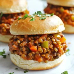 Here is a list of the ingredients you will need to make Vegan Lentil Sloppy Joes: - 1 cup green or brown lentils - 2 cups vegetable broth - 1 tablespoon olive oil - 1 small onion, diced - 2 cloves garlic, minced - 1 bell pepper, diced - 1 medium carrot, grated - 1 can (15 oz) tomato sauce - 2 tablespoons tomato paste - 1 tablespoon maple syrup - 1 tablespoon apple cider vinegar - 1 tablespoon vegan Worcestershire sauce - 1 teaspoon smoked paprika - 1/2 teaspoon chili powder - Salt and pepper to taste - Whole grain burger buns for serving - Fresh parsley, chopped for garnish Each ingredient adds its own flavor and texture. Lentils are the star here. They give a hearty base. The vegetable broth adds depth. Olive oil helps saut&eacute; the veggies. Onions and garlic bring sweetness. The bell pepper adds crunch. Grated carrot adds color and sweetness. Tomato sauce and paste create a rich sauce. Maple syrup adds a hint of sweetness. Apple cider vinegar balances the flavors. Worcestershire sauce gives umami. Smoked paprika and chili powder add warmth. Salt and pepper enhance all the flavors. Finally, the whole grain buns hold everything together, while parsley adds a fresh touch. Gathering these ingredients sets you up for a tasty experience. {{ingredient_image_1}} To start, you need to prepare the lentils. In a medium pot, combine the rinsed lentils and vegetable broth. Bring this mixture to a boil. Then, reduce the heat and let it simmer for about 20 to 25 minutes. The lentils should be tender but not mushy. After cooking, drain any excess liquid and set the lentils aside. Next, it&rsquo;s time to saut&eacute; the vegetables. Heat a tablespoon of olive oil in a large skillet over medium heat. Once hot, add the diced onion. Saut&eacute; it for 2 to 3 minutes until it looks translucent. Then, add the minced garlic, diced bell pepper, and grated carrot. Cook these for another 3 to 4 minutes until they are soft. Now, let&rsquo;s mix the filling for the Sloppy Joes. Add the cooked lentils to the skillet with the saut&eacute;ed vegetables. Stir in the tomato sauce, tomato paste, maple syrup, apple cider vinegar, vegan Worcestershire sauce, smoked paprika, chili powder, salt, and pepper. Mix everything well so that the flavors combine. Lower the heat and let the mixture simmer for another 10 to 15 minutes, stirring occasionally. Adjust the seasoning to your taste if needed. While the filling is simmering, it&rsquo;s time to toast the buns. Lightly toast the whole grain burger buns under the broiler or in a toaster. This step adds a nice crunch and holds the filling better. Finally, it&rsquo;s time to assemble your Sloppy Joes. Scoop a generous amount of the lentil filling onto each toasted bun. For a fresh touch, garnish with chopped parsley. Your hearty and flavorful vegan Lentil Sloppy Joes are now ready to serve! Make sure your lentils do not overcook. Overcooked lentils can turn mushy and lose their texture. Aim for tender lentils that still hold their shape. This adds a nice bite to your Sloppy Joes. You can taste the mixture as it simmers. Adjust the seasoning to meet your taste. A pinch more salt or a dash of pepper can make a big difference. These lentil Sloppy Joes pair well with sides like sweet potato fries. The sweet and savory notes complement each other perfectly. You can also top your Sloppy Joes with fresh parsley or sliced jalape&ntilde;os for extra flavor. Don&rsquo;t shy away from adding extra toppings like vegan cheese or avocado slices for a twist. Using pre-cooked lentils can save you a lot of time. You can find them in cans or pouches at the store. This shortcut cuts cooking time in half. You can also prepare the filling in advance. Store it in the fridge for up to three days. When you're ready, just reheat and serve it on toasted buns. This makes busy weeknights much easier! Pro Tips Use Cooked Lentils: For a quicker meal, you can use canned lentils; just rinse and drain them before adding to the skillet. Spice It Up: Adjust the spices according to your taste; add more chili powder for heat or smoked paprika for extra smokiness. Serving Suggestions: This filling works great in tacos, on baked potatoes, or as a topping for rice, giving you versatile meal options. Storage Tips: Store any leftovers in an airtight container in the fridge for up to 4 days, or freeze for longer storage. {{image_2}} Want to spice things up? You can add jalape&ntilde;os or hot sauce. This tweak gives your Sloppy Joes a nice kick. Start with one diced jalape&ntilde;o for mild heat. If you love it hot, add more! Hot sauce works too. Just drizzle it in and taste as you go. If you want to switch things up, try using black beans or chickpeas. Both provide a different taste and texture. Black beans add a rich flavor, while chickpeas give a nice bite. Just replace the lentils with the same amount of your chosen bean. Cook them until soft and mix them in with the sauce. For those who need gluten-free meals, you can easily adjust this recipe. Just use gluten-free burger buns. These buns taste great and hold the filling well. Look for brands that have good texture and flavor. You won&rsquo;t miss out on anything! After enjoying your lentil sloppy joes, store any leftovers in an airtight container. Place the container in the fridge. They will stay fresh for up to four days. This makes it easy to grab a quick meal later. To freeze your lentil sloppy joes, let the filling cool completely. Transfer it to a freezer-safe bag or container. Press out as much air as possible before sealing. You can freeze the filling for up to three months. When you want to enjoy them again, thaw the filling overnight in the fridge before reheating. For the best taste, reheat your lentil sloppy joes on the stove. Place the filling in a skillet over medium heat. Stir it often until it&rsquo;s warm. You can also use the microwave. Heat it in a bowl covered with a damp paper towel. This helps keep it moist. If you find it too thick, add a splash of water or broth while reheating. Enjoy your hearty meal! Yes, you can use green or brown lentils. They hold their shape well. Avoid red lentils, as they cook down too much. The texture will change if you use the wrong type. Stick with green or brown for the best results. Leftovers can last up to five days in the fridge. Make sure to store them in an airtight container. This will help keep them fresh. Reheat them on the stove or in the microwave before serving. Absolutely! To make this in a slow cooker, follow these steps: - Cook the lentils and broth as usual. - Add all the other ingredients to the slow cooker. - Cook on low for 4-6 hours or high for 2-3 hours. This will let the flavors blend nicely. Yes, you can use soy sauce or coconut aminos. Both add umami flavor. If you want a sweeter taste, mix in a bit of maple syrup. This swap will keep your dish tasty and vegan-friendly. To make this recipe kid-friendly, try these tips: - Cut down on the chili powder. - Add more carrots for extra sweetness. - Serve with fun toppings like avocado or cheese. Kids love to customize their meals, so let them join in! We explored a tasty vegan lentil sloppy joe recipe, covering ingredients, steps, and tips. This meal is not just easy to make but also packed with flavor. Remember to adjust spices to suit your taste. You can even try new variations with different beans or add some heat with jalape&ntilde;os. Leftovers store well and can be frozen too. Enjoy this healthy dish, and feel free to get creative with your serving options!