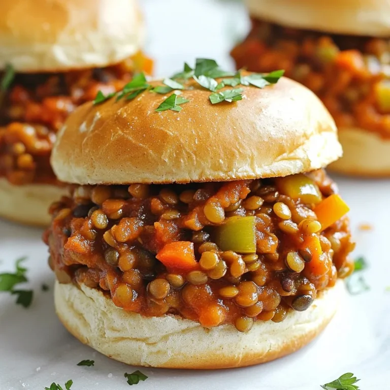 Here is a list of the ingredients you will need to make Vegan Lentil Sloppy Joes: - 1 cup green or brown lentils - 2 cups vegetable broth - 1 tablespoon olive oil - 1 small onion, diced - 2 cloves garlic, minced - 1 bell pepper, diced - 1 medium carrot, grated - 1 can (15 oz) tomato sauce - 2 tablespoons tomato paste - 1 tablespoon maple syrup - 1 tablespoon apple cider vinegar - 1 tablespoon vegan Worcestershire sauce - 1 teaspoon smoked paprika - 1/2 teaspoon chili powder - Salt and pepper to taste - Whole grain burger buns for serving - Fresh parsley, chopped for garnish Each ingredient adds its own flavor and texture. Lentils are the star here. They give a hearty base. The vegetable broth adds depth. Olive oil helps sauté the veggies. Onions and garlic bring sweetness. The bell pepper adds crunch. Grated carrot adds color and sweetness. Tomato sauce and paste create a rich sauce. Maple syrup adds a hint of sweetness. Apple cider vinegar balances the flavors. Worcestershire sauce gives umami. Smoked paprika and chili powder add warmth. Salt and pepper enhance all the flavors. Finally, the whole grain buns hold everything together, while parsley adds a fresh touch. Gathering these ingredients sets you up for a tasty experience. {{ingredient_image_1}} To start, you need to prepare the lentils. In a medium pot, combine the rinsed lentils and vegetable broth. Bring this mixture to a boil. Then, reduce the heat and let it simmer for about 20 to 25 minutes. The lentils should be tender but not mushy. After cooking, drain any excess liquid and set the lentils aside. Next, it’s time to sauté the vegetables. Heat a tablespoon of olive oil in a large skillet over medium heat. Once hot, add the diced onion. Sauté it for 2 to 3 minutes until it looks translucent. Then, add the minced garlic, diced bell pepper, and grated carrot. Cook these for another 3 to 4 minutes until they are soft. Now, let’s mix the filling for the Sloppy Joes. Add the cooked lentils to the skillet with the sautéed vegetables. Stir in the tomato sauce, tomato paste, maple syrup, apple cider vinegar, vegan Worcestershire sauce, smoked paprika, chili powder, salt, and pepper. Mix everything well so that the flavors combine. Lower the heat and let the mixture simmer for another 10 to 15 minutes, stirring occasionally. Adjust the seasoning to your taste if needed. While the filling is simmering, it’s time to toast the buns. Lightly toast the whole grain burger buns under the broiler or in a toaster. This step adds a nice crunch and holds the filling better. Finally, it’s time to assemble your Sloppy Joes. Scoop a generous amount of the lentil filling onto each toasted bun. For a fresh touch, garnish with chopped parsley. Your hearty and flavorful vegan Lentil Sloppy Joes are now ready to serve! Make sure your lentils do not overcook. Overcooked lentils can turn mushy and lose their texture. Aim for tender lentils that still hold their shape. This adds a nice bite to your Sloppy Joes. You can taste the mixture as it simmers. Adjust the seasoning to meet your taste. A pinch more salt or a dash of pepper can make a big difference. These lentil Sloppy Joes pair well with sides like sweet potato fries. The sweet and savory notes complement each other perfectly. You can also top your Sloppy Joes with fresh parsley or sliced jalapeños for extra flavor. Don’t shy away from adding extra toppings like vegan cheese or avocado slices for a twist. Using pre-cooked lentils can save you a lot of time. You can find them in cans or pouches at the store. This shortcut cuts cooking time in half. You can also prepare the filling in advance. Store it in the fridge for up to three days. When you're ready, just reheat and serve it on toasted buns. This makes busy weeknights much easier! Pro Tips Use Cooked Lentils: For a quicker meal, you can use canned lentils; just rinse and drain them before adding to the skillet. Spice It Up: Adjust the spices according to your taste; add more chili powder for heat or smoked paprika for extra smokiness. Serving Suggestions: This filling works great in tacos, on baked potatoes, or as a topping for rice, giving you versatile meal options. Storage Tips: Store any leftovers in an airtight container in the fridge for up to 4 days, or freeze for longer storage. {{image_2}} Want to spice things up? You can add jalapeños or hot sauce. This tweak gives your Sloppy Joes a nice kick. Start with one diced jalapeño for mild heat. If you love it hot, add more! Hot sauce works too. Just drizzle it in and taste as you go. If you want to switch things up, try using black beans or chickpeas. Both provide a different taste and texture. Black beans add a rich flavor, while chickpeas give a nice bite. Just replace the lentils with the same amount of your chosen bean. Cook them until soft and mix them in with the sauce. For those who need gluten-free meals, you can easily adjust this recipe. Just use gluten-free burger buns. These buns taste great and hold the filling well. Look for brands that have good texture and flavor. You won’t miss out on anything! After enjoying your lentil sloppy joes, store any leftovers in an airtight container. Place the container in the fridge. They will stay fresh for up to four days. This makes it easy to grab a quick meal later. To freeze your lentil sloppy joes, let the filling cool completely. Transfer it to a freezer-safe bag or container. Press out as much air as possible before sealing. You can freeze the filling for up to three months. When you want to enjoy them again, thaw the filling overnight in the fridge before reheating. For the best taste, reheat your lentil sloppy joes on the stove. Place the filling in a skillet over medium heat. Stir it often until it’s warm. You can also use the microwave. Heat it in a bowl covered with a damp paper towel. This helps keep it moist. If you find it too thick, add a splash of water or broth while reheating. Enjoy your hearty meal! Yes, you can use green or brown lentils. They hold their shape well. Avoid red lentils, as they cook down too much. The texture will change if you use the wrong type. Stick with green or brown for the best results. Leftovers can last up to five days in the fridge. Make sure to store them in an airtight container. This will help keep them fresh. Reheat them on the stove or in the microwave before serving. Absolutely! To make this in a slow cooker, follow these steps: - Cook the lentils and broth as usual. - Add all the other ingredients to the slow cooker. - Cook on low for 4-6 hours or high for 2-3 hours. This will let the flavors blend nicely. Yes, you can use soy sauce or coconut aminos. Both add umami flavor. If you want a sweeter taste, mix in a bit of maple syrup. This swap will keep your dish tasty and vegan-friendly. To make this recipe kid-friendly, try these tips: - Cut down on the chili powder. - Add more carrots for extra sweetness. - Serve with fun toppings like avocado or cheese. Kids love to customize their meals, so let them join in! We explored a tasty vegan lentil sloppy joe recipe, covering ingredients, steps, and tips. This meal is not just easy to make but also packed with flavor. Remember to adjust spices to suit your taste. You can even try new variations with different beans or add some heat with jalapeños. Leftovers store well and can be frozen too. Enjoy this healthy dish, and feel free to get creative with your serving options!