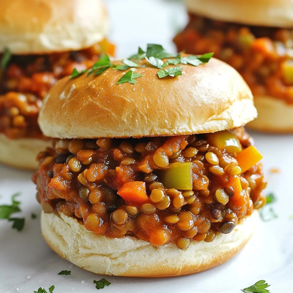 Here is a list of the ingredients you will need to make Vegan Lentil Sloppy Joes: - 1 cup green or brown lentils - 2 cups vegetable broth - 1 tablespoon olive oil - 1 small onion, diced - 2 cloves garlic, minced - 1 bell pepper, diced - 1 medium carrot, grated - 1 can (15 oz) tomato sauce - 2 tablespoons tomato paste - 1 tablespoon maple syrup - 1 tablespoon apple cider vinegar - 1 tablespoon vegan Worcestershire sauce - 1 teaspoon smoked paprika - 1/2 teaspoon chili powder - Salt and pepper to taste - Whole grain burger buns for serving - Fresh parsley, chopped for garnish Each ingredient adds its own flavor and texture. Lentils are the star here. They give a hearty base. The vegetable broth adds depth. Olive oil helps sauté the veggies. Onions and garlic bring sweetness. The bell pepper adds crunch. Grated carrot adds color and sweetness. Tomato sauce and paste create a rich sauce. Maple syrup adds a hint of sweetness. Apple cider vinegar balances the flavors. Worcestershire sauce gives umami. Smoked paprika and chili powder add warmth. Salt and pepper enhance all the flavors. Finally, the whole grain buns hold everything together, while parsley adds a fresh touch. Gathering these ingredients sets you up for a tasty experience. {{ingredient_image_1}} To start, you need to prepare the lentils. In a medium pot, combine the rinsed lentils and vegetable broth. Bring this mixture to a boil. Then, reduce the heat and let it simmer for about 20 to 25 minutes. The lentils should be tender but not mushy. After cooking, drain any excess liquid and set the lentils aside. Next, it’s time to sauté the vegetables. Heat a tablespoon of olive oil in a large skillet over medium heat. Once hot, add the diced onion. Sauté it for 2 to 3 minutes until it looks translucent. Then, add the minced garlic, diced bell pepper, and grated carrot. Cook these for another 3 to 4 minutes until they are soft. Now, let’s mix the filling for the Sloppy Joes. Add the cooked lentils to the skillet with the sautéed vegetables. Stir in the tomato sauce, tomato paste, maple syrup, apple cider vinegar, vegan Worcestershire sauce, smoked paprika, chili powder, salt, and pepper. Mix everything well so that the flavors combine. Lower the heat and let the mixture simmer for another 10 to 15 minutes, stirring occasionally. Adjust the seasoning to your taste if needed. While the filling is simmering, it’s time to toast the buns. Lightly toast the whole grain burger buns under the broiler or in a toaster. This step adds a nice crunch and holds the filling better. Finally, it’s time to assemble your Sloppy Joes. Scoop a generous amount of the lentil filling onto each toasted bun. For a fresh touch, garnish with chopped parsley. Your hearty and flavorful vegan Lentil Sloppy Joes are now ready to serve! Make sure your lentils do not overcook. Overcooked lentils can turn mushy and lose their texture. Aim for tender lentils that still hold their shape. This adds a nice bite to your Sloppy Joes. You can taste the mixture as it simmers. Adjust the seasoning to meet your taste. A pinch more salt or a dash of pepper can make a big difference. These lentil Sloppy Joes pair well with sides like sweet potato fries. The sweet and savory notes complement each other perfectly. You can also top your Sloppy Joes with fresh parsley or sliced jalapeños for extra flavor. Don’t shy away from adding extra toppings like vegan cheese or avocado slices for a twist. Using pre-cooked lentils can save you a lot of time. You can find them in cans or pouches at the store. This shortcut cuts cooking time in half. You can also prepare the filling in advance. Store it in the fridge for up to three days. When you're ready, just reheat and serve it on toasted buns. This makes busy weeknights much easier! Pro Tips Use Cooked Lentils: For a quicker meal, you can use canned lentils; just rinse and drain them before adding to the skillet. Spice It Up: Adjust the spices according to your taste; add more chili powder for heat or smoked paprika for extra smokiness. Serving Suggestions: This filling works great in tacos, on baked potatoes, or as a topping for rice, giving you versatile meal options. Storage Tips: Store any leftovers in an airtight container in the fridge for up to 4 days, or freeze for longer storage. {{image_2}} Want to spice things up? You can add jalapeños or hot sauce. This tweak gives your Sloppy Joes a nice kick. Start with one diced jalapeño for mild heat. If you love it hot, add more! Hot sauce works too. Just drizzle it in and taste as you go. If you want to switch things up, try using black beans or chickpeas. Both provide a different taste and texture. Black beans add a rich flavor, while chickpeas give a nice bite. Just replace the lentils with the same amount of your chosen bean. Cook them until soft and mix them in with the sauce. For those who need gluten-free meals, you can easily adjust this recipe. Just use gluten-free burger buns. These buns taste great and hold the filling well. Look for brands that have good texture and flavor. You won’t miss out on anything! After enjoying your lentil sloppy joes, store any leftovers in an airtight container. Place the container in the fridge. They will stay fresh for up to four days. This makes it easy to grab a quick meal later. To freeze your lentil sloppy joes, let the filling cool completely. Transfer it to a freezer-safe bag or container. Press out as much air as possible before sealing. You can freeze the filling for up to three months. When you want to enjoy them again, thaw the filling overnight in the fridge before reheating. For the best taste, reheat your lentil sloppy joes on the stove. Place the filling in a skillet over medium heat. Stir it often until it’s warm. You can also use the microwave. Heat it in a bowl covered with a damp paper towel. This helps keep it moist. If you find it too thick, add a splash of water or broth while reheating. Enjoy your hearty meal! Yes, you can use green or brown lentils. They hold their shape well. Avoid red lentils, as they cook down too much. The texture will change if you use the wrong type. Stick with green or brown for the best results. Leftovers can last up to five days in the fridge. Make sure to store them in an airtight container. This will help keep them fresh. Reheat them on the stove or in the microwave before serving. Absolutely! To make this in a slow cooker, follow these steps: - Cook the lentils and broth as usual. - Add all the other ingredients to the slow cooker. - Cook on low for 4-6 hours or high for 2-3 hours. This will let the flavors blend nicely. Yes, you can use soy sauce or coconut aminos. Both add umami flavor. If you want a sweeter taste, mix in a bit of maple syrup. This swap will keep your dish tasty and vegan-friendly. To make this recipe kid-friendly, try these tips: - Cut down on the chili powder. - Add more carrots for extra sweetness. - Serve with fun toppings like avocado or cheese. Kids love to customize their meals, so let them join in! We explored a tasty vegan lentil sloppy joe recipe, covering ingredients, steps, and tips. This meal is not just easy to make but also packed with flavor. Remember to adjust spices to suit your taste. You can even try new variations with different beans or add some heat with jalapeños. Leftovers store well and can be frozen too. Enjoy this healthy dish, and feel free to get creative with your serving options!