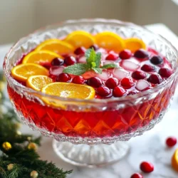 - 4 cups cranberry juice (unsweetened) - 2 cups sparkling water or club soda - 1 cup orange juice (freshly squeezed) - 1/2 cup simple syrup (adjust to taste) To create a delightful Sparkling Cranberry Punch, start with the main ingredients. The unsweetened cranberry juice gives the punch its bold flavor. I love using freshly squeezed orange juice for a fresh taste. The sparkling water or club soda adds a fun fizz. Simple syrup sweetens the drink, but you can adjust it to match your taste. - 1 cup fresh cranberries (for garnish) - 1 orange, sliced (for garnish) - Fresh mint leaves (for garnish) - Ice cubes Garnishes make your punch look pretty and taste even better. Fresh cranberries float beautifully and add color. Sliced oranges bring a pop of brightness. Mint leaves add a refreshing scent. Don't forget to add ice cubes to keep everything nice and cold. {{ingredient_image_1}} To start, grab a large punch bowl. Pour in 4 cups of cranberry juice. Then, add 1 cup of fresh orange juice. Be sure to mix them well. Next, add 1/2 cup of simple syrup. You can adjust the syrup to your taste. If you like it sweeter, add more syrup. Now, it’s time to make it fizzy! Gradually pour in 2 cups of sparkling water or club soda. Stir gently to keep all the bubbles. This step is key for a refreshing drink. Add ice cubes to the punch bowl to chill the drink. Toss in 1 cup of fresh cranberries and some orange slices. This makes the punch look great, too. Finish by garnishing with fresh mint leaves. This adds a lovely aroma and flavor. Now, serve the punch in glasses. Make sure each glass has cranberries and orange slices floating in it. Enjoy your Sparkling Cranberry Punch! To make your punch sweeter, you can change the simple syrup amount. Start with 1/2 cup. After mixing, taste it. If it’s not sweet enough, add more syrup a little at a time. Remember, you can always add, but you can't take away. You can also use other sweeteners. Honey or maple syrup works well. Just mix them slowly to blend. They add a unique flavor too. Make your punch look festive! Serve it in a large, clear bowl. This lets everyone see the pretty colors. For a fun touch, add ice cubes in fun shapes. You can also freeze some cranberries in the ice. This keeps the punch cold and looks great. Add garnishes for a pop of color. Fresh cranberries and orange slices float nicely. Mint leaves on top look pretty and smell good too. You can even add a sprig of mint in each glass. Chill your punch before serving. The colder it is, the better it tastes. You can chill the juices ahead of time. Add ice just before serving to keep it cold. When serving, use tall glasses. This shows off the bubbles and garnishes. Make sure each glass gets some floating cranberries and an orange slice. It makes every sip feel special and festive! Pro Tips Balance the Sweetness: Adjust the amount of simple syrup based on your taste preference and the tartness of the cranberry juice. Start with less and add more as needed. Chill Your Ingredients: For an extra refreshing punch, chill the cranberry juice and orange juice in advance. This will minimize the dilution from the ice cubes. Garnish Wisely: Use additional fruits like pomegranate seeds or sliced limes for a colorful and festive look. They also add extra flavor. Make It a Mocktail: For a non-alcoholic version, stick to the ingredients listed. If you want to add a kick, consider adding a splash of vodka or rum for an adult version. {{image_2}} You can make great substitutions for a non-alcoholic version. Try using apple juice instead of orange juice. It adds a nice flavor twist. You can also use flavored sparkling water. Options like lemon or lime can brighten the drink. Adding different juices can create fun flavors. Consider pomegranate juice for a festive touch. Pineapple juice offers sweetness and tropical vibes. Mix and match to find your favorite blend. To make it boozy, you can add vodka or rum. Just a splash can enhance the punch. For a warm option, try spiced rum for added warmth. You can also create signature cocktails. Mix cranberry punch with gin for a fresh spin. A touch of champagne can elevate it for special occasions. Holiday-themed variations are always a hit. Add a cinnamon stick for a cozy flavor. You can also mix in some ginger ale for a bit of spice. Festive flavor combinations are endless. Combine cranberry with rosemary for an herbal note. Or try blood orange juice for a vibrant color. These twists make your punch stand out at any gathering. To keep your sparkling cranberry punch fresh, store it in the fridge. Use a large pitcher or a glass jar with a lid. This helps keep the punch cold and prevents spills. Avoid plastic containers as they can alter the taste. The punch lasts for about 3 days when stored properly. After this time, it may lose its fizz and flavor. Check for signs of spoilage, like off smells or changes in color. If it smells bad or looks strange, it’s best to throw it away. You can get creative with leftover punch. Pour it into a blender with some yogurt for a tasty smoothie. Or, freeze the punch in molds to make fun popsicles. These options keep the flavors alive while offering a new treat! You can make Sparkling Cranberry Punch a few hours before serving. Start by mixing the cranberry juice, orange juice, and simple syrup in a large bowl. Keep this mixture in the fridge. Add the sparkling water just before you serve. This keeps the bubbles fresh. You can also prepare all the garnishes in advance. Slice the oranges and wash the mint leaves. Just add them when it’s time to serve. Yes, you can use frozen cranberries! They work well in the punch. Frozen cranberries can even add a nice chill. Just toss them in the punch bowl along with fresh cranberries. They will look great and keep your drink cold. Plus, they won't lose their shape while floating in the punch. Sparkling Cranberry Punch is perfect for many events. Serve it at holiday parties, family gatherings, or festive brunches. It’s a hit at New Year’s Eve and Thanksgiving too. The bright color and fresh taste make it a great choice for any celebration. You can even enjoy it on a cozy winter night with friends. Yes, you can make a sugar-free version of this punch! Substitute simple syrup with a sugar-free sweetener. You can use stevia or erythritol to taste. Make sure to adjust the amount so it suits your taste. You can also use unsweetened cranberry juice to cut down on sugar. Just mix it with sparkling water and orange juice for a refreshing drink. This article covers how to make a refreshing Sparkling Cranberry Punch. We explored the key ingredients, the step-by-step preparation, and how to add fun garnishes. You learned tips for adjusting sweetness and presenting your punch well. I also shared ideas for variations and storage. Overall, making this drink can enhance any gathering, whether for a holiday or a simple get-together. Enjoy crafting your unique punch and impress your guests with its delicious taste!