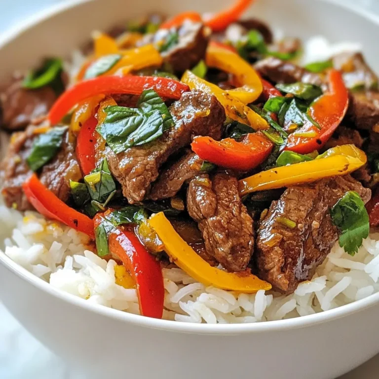 - 1 lb (450g) flank steak, thinly sliced against the grain - 2 tablespoons vegetable oil - 4 cloves garlic, minced - 2-3 Thai bird’s eye chilies, sliced (adjust to taste) - 1 red bell pepper, julienned - 1 cup fresh Thai basil leaves - 3 tablespoons soy sauce - 2 tablespoons oyster sauce - 1 tablespoon fish sauce - 1 teaspoon sugar - Cooked jasmine rice, for serving You need flank steak for this dish. It’s tender and great for stir-frying. Use fresh Thai basil for the best flavor. This herb gives the dish its unique taste. Thai bird’s eye chilies add heat. Adjust them based on your spice level. Red bell pepper adds color and sweetness. - Sharp knife - Cutting board - Large skillet or wok - Mixing bowl - Wooden spoon or spatula Having a sharp knife is key for slicing the meat. A cutting board helps keep your area clean. A large skillet or wok allows for even cooking. Use a mixing bowl to marinate the beef. A wooden spoon or spatula helps with stirring. When choosing flank steak, look for bright red color. The meat should feel firm, not slimy. For Thai basil, choose deep green leaves with no brown spots. Fresh chilies should feel firm and have a shiny skin. Pick a red bell pepper that is heavy for its size and has smooth skin. {{ingredient_image_1}} First, gather your ingredients. Take 1 pound of flank steak and slice it thinly against the grain. This helps the meat stay tender. In a mixing bowl, add the sliced beef. Pour in 3 tablespoons of soy sauce, 2 tablespoons of oyster sauce, 1 tablespoon of fish sauce, and 1 teaspoon of sugar. Mix well to coat the beef. Let it marinate for 15 minutes. This step boosts the flavor. While the beef marinates, heat 2 tablespoons of vegetable oil in a large skillet or wok. Turn the heat to medium-high. When the oil is hot, add 4 minced garlic cloves and 2-3 sliced Thai bird’s eye chilies. Stir-fry these for about 30 seconds. You want the garlic to smell great but not burn. Next, add the marinated beef to the skillet. Spread it out in a single layer. Let it sear for 1-2 minutes without stirring. This makes a nice brown crust on the beef. After that, stir-fry the beef for 3-4 minutes. Once it is nearly cooked, add 1 julienned red bell pepper. Cook for another 2 minutes. Mix everything well to combine the flavors. Remove the skillet from the heat. Fold in 1 cup of fresh Thai basil leaves. The heat from the beef will wilt the basil nicely. Taste your dish! If you want it spicier, add more fish sauce or chilies. Serve your Spicy Thai Basil Beef over jasmine rice for a tasty meal. Enjoy! To cook beef just right, use flank steak. It is tender and flavorful. Slice it thinly against the grain for the best bite. Marinate it for at least 15 minutes. The soy sauce, oyster sauce, and fish sauce add deep flavor. Heat your skillet or wok until very hot. This helps the beef sear well. Avoid overcrowding the pan. Cook in batches if needed. Let it sear for 1-2 minutes before stirring. This gives a nice brown color. Spice is key in this dish. You can adjust heat based on your taste. Start with 2-3 Thai bird’s eye chilies. Slice them up finely for a stronger kick. If you want less heat, remove the seeds. You can also add more chilies later. Taste as you cook. If it is not spicy enough, add more chilies or a splash of hot sauce. This way, you can customize the heat to your liking. Adding extra flavors makes your dish shine. Try adding a splash of lime juice for brightness. You can also toss in some fresh cilantro for a fresh taste. Consider adding crushed peanuts for crunch. They add texture and a nutty flavor. You can even serve with pickled vegetables on the side. This gives a nice contrast to the spicy beef. Feel free to experiment and make it your own! Pro Tips Marinate for Flavor: Allow the beef to marinate for at least 15 minutes. This enhances the flavor and tenderness of the meat. Control the Heat: Adjust the number of bird’s eye chilies according to your spice preference. Start with fewer and add more if you like it spicier. High Heat Cooking: Use high heat while stir-frying to achieve that perfect sear on the beef, which adds depth to the flavor. Fresh Basil Addition: Fold in the Thai basil off the heat to preserve its vibrant color and fresh flavor. {{image_2}} You can swap the beef for many other proteins. Chicken works well and cooks fast. Pork adds a nice flavor too. Tofu is another great choice. It soaks up the sauce well. Shrimp can be a fun option if you want seafood. Each protein brings its own twist to the dish. To make this dish vegan, use tofu or tempeh. Marinate them like you would with beef. For a lighter touch, try using mushrooms. They add a meaty texture. Use soy sauce or coconut aminos for flavor. Keep the Thai basil and chilies for that authentic taste. Serve Spicy Thai Basil Beef for a quick weeknight dinner. It cooks fast and tastes great. For a special occasion, plate it nicely with jasmine rice. Add a side of fresh veggies to brighten the meal. If you have guests, serve it family-style. Let everyone dig in and enjoy! To store leftovers, let the Spicy Thai Basil Beef cool. Place it in an airtight container. Keep it in the fridge. It will last for up to three days. For best taste, eat it within this time. Make sure to label your container with the date. When you're ready to eat, reheat the beef on the stove. Use a non-stick skillet over medium heat. Stir it often to avoid burning. You can also microwave it in a safe dish. Cover it with a paper towel to keep moisture in. Heat for one to two minutes, checking to avoid overheating. You can freeze Spicy Thai Basil Beef for longer storage. Use a freezer-safe container or a zip-top bag. Remove as much air as you can. This will help prevent freezer burn. It will stay fresh for about three months. When you're ready to eat, thaw it in the fridge overnight before reheating. Yes, you can skip fish sauce. Use soy sauce for saltiness. You can try adding a splash of lime juice or a hint of vinegar for extra flavor. You can use hoisin sauce or a mix of soy sauce and sugar. These options add sweetness and depth. Just adjust the amount to suit your taste. Add more Thai bird’s eye chilies. You can also use chili flakes or hot sauce. Mix in a little extra garlic for more heat. Taste as you go to find your perfect spice level. Jasmine rice is the best choice. Its fluffy texture and slight sweetness balance the spices. It soaks up the sauce well, making each bite delicious. This blog post covers all you need to make Spicy Thai Basil Beef. We discussed main ingredients, essential tools, and tips for selecting fresh items. I shared step-by-step cooking instructions and useful tips for the best results. We explored variations, storage info, and answered common questions. In the end, cooking this dish is simple and fun. You can make it your own by switching proteins or adjusting spice levels. Enjoy the flavors and share your meal with friends and family!